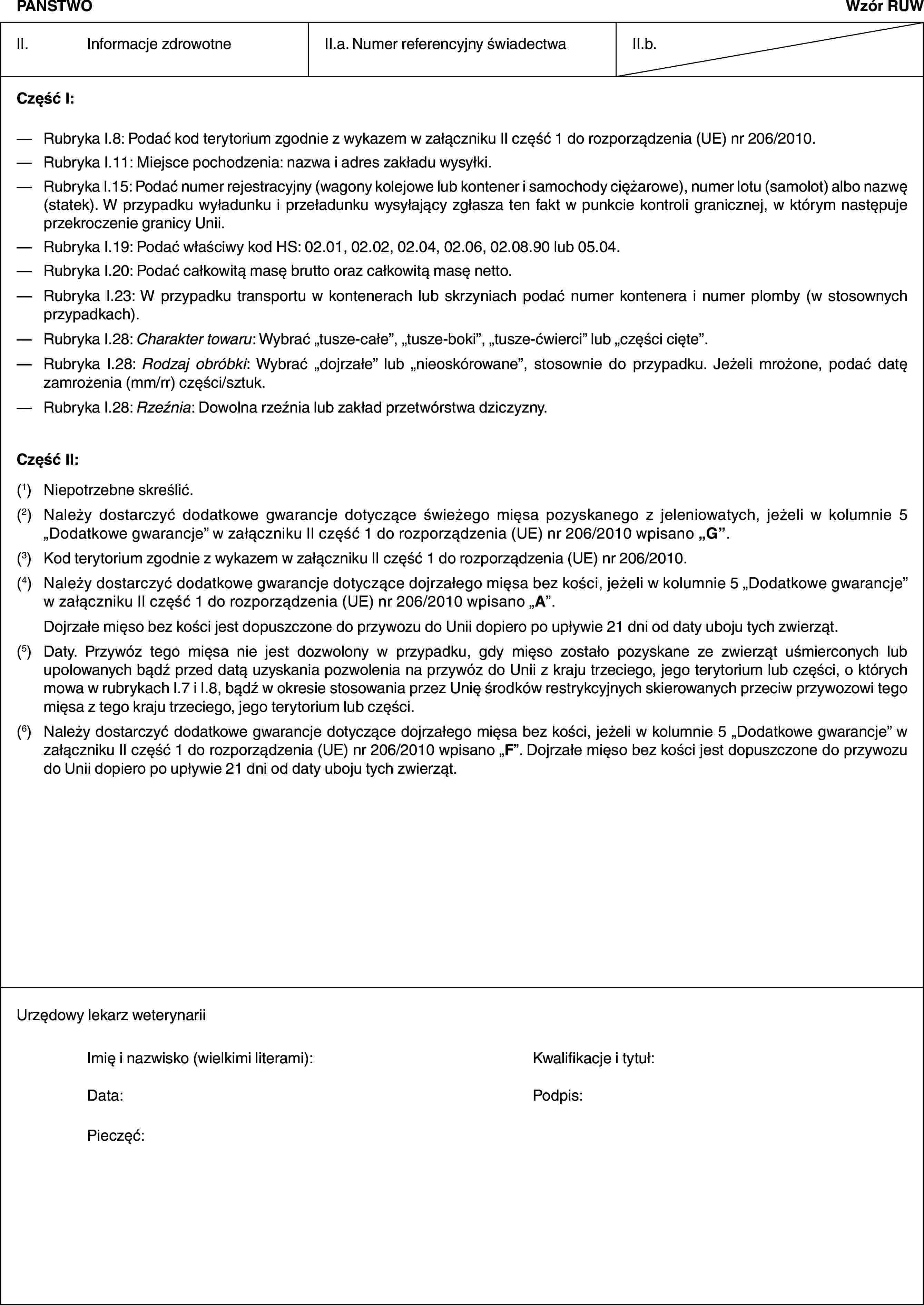 PAŃSTWOWzór RUWII. Informacje zdrowotneII.a. Numer referencyjny świadectwaII.b.Część I:— Rubryka I.8: Podać kod terytorium zgodnie z wykazem w załączniku II część 1 do rozporządzenia (UE) nr 206/2010.— Rubryka I.11: Miejsce pochodzenia: nazwa i adres zakładu wysyłki.— Rubryka I.15: Podać numer rejestracyjny (wagony kolejowe lub kontener i samochody ciężarowe), numer lotu (samolot) albo nazwę (statek). W przypadku wyładunku i przeładunku wysyłający zgłasza ten fakt w punkcie kontroli granicznej, w którym następuje przekroczenie granicy Unii.— Rubryka I.19: Podać właściwy kod HS: 02.01, 02.02, 02.04, 02.06, 02.08.90 lub 05.04.— Rubryka I.20: Podać całkowitą masę brutto oraz całkowitą masę netto.— Rubryka I.23: W przypadku transportu w kontenerach lub skrzyniach podać numer kontenera i numer plomby (w stosownych przypadkach).— Rubryka I.28: Charakter towaru: Wybrać „tusze-całe”, „tusze-boki”, „tusze-ćwierci” lub „części cięte”.— Rubryka I.28: Rodzaj obróbki: Wybrać „dojrzałe” lub „nieoskórowane”, stosownie do przypadku. Jeżeli mrożone, podać datę zamrożenia (mm/rr) części/sztuk.— Rubryka I.28: Rzeźnia: Dowolna rzeźnia lub zakład przetwórstwa dziczyzny.Część II:(1) Niepotrzebne skreślić.(2) Należy dostarczyć dodatkowe gwarancje dotyczące świeżego mięsa pozyskanego z jeleniowatych, jeżeli w kolumnie 5 „Dodatkowe gwarancje” w załączniku II część 1 do rozporządzenia (UE) nr 206/2010 wpisano „G”.(3) Kod terytorium zgodnie z wykazem w załączniku II część 1 do rozporządzenia (UE) nr 206/2010.(4) Należy dostarczyć dodatkowe gwarancje dotyczące dojrzałego mięsa bez kości, jeżeli w kolumnie 5 „Dodatkowe gwarancje” w załączniku II część 1 do rozporządzenia (UE) nr 206/2010 wpisano „A”.Dojrzałe mięso bez kości jest dopuszczone do przywozu do Unii dopiero po upływie 21 dni od daty uboju tych zwierząt.(5) Daty. Przywóz tego mięsa nie jest dozwolony w przypadku, gdy mięso zostało pozyskane ze zwierząt uśmierconych lub upolowanych bądź przed datą uzyskania pozwolenia na przywóz do Unii z kraju trzeciego, jego terytorium lub części, o których mowa w rubrykach I.7 i I.8, bądź w okresie stosowania przez Unię środków restrykcyjnych skierowanych przeciw przywozowi tego mięsa z tego kraju trzeciego, jego terytorium lub części.(6) Należy dostarczyć dodatkowe gwarancje dotyczące dojrzałego mięsa bez kości, jeżeli w kolumnie 5 „Dodatkowe gwarancje” w załączniku II część 1 do rozporządzenia (UE) nr 206/2010 wpisano „F”. Dojrzałe mięso bez kości jest dopuszczone do przywozu do Unii dopiero po upływie 21 dni od daty uboju tych zwierząt.Urzędowy lekarz weterynariiImię i nazwisko (wielkimi literami): Kwalifikacje i tytuł:Data: Podpis:Pieczęć: