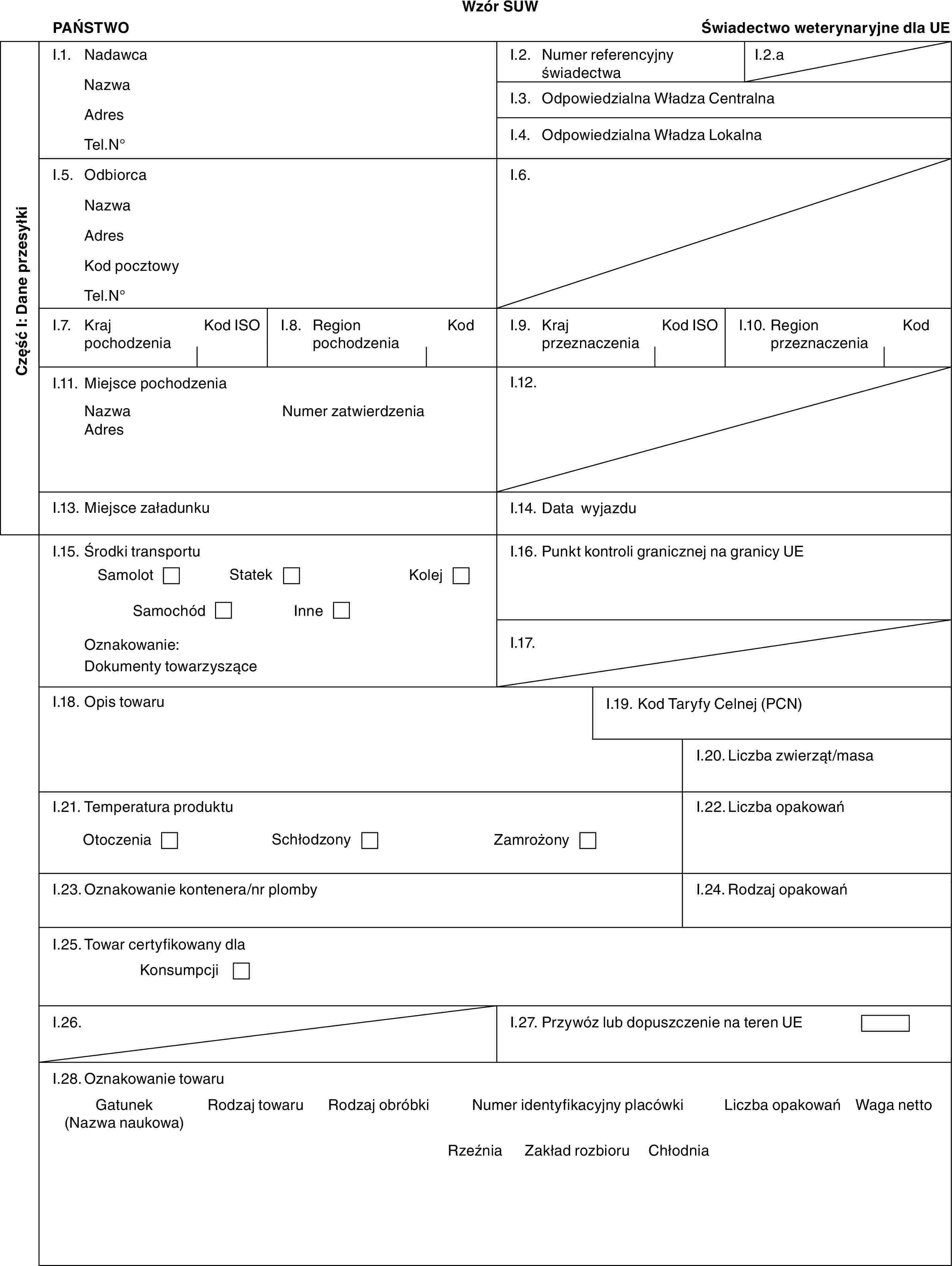 Wzór SUWPAŃSTWOŚwiadectwo weterynaryjne dla UECzęść I: Dane przesyłkiI.1. NadawcaNazwaAdresTel.N°I.2. Numer referencyjny świadectwaI.2.aI.3. Odpowiedzialna Władza CentralnaI.4. Odpowiedzialna Władza LokalnaI.5. OdbiorcaNazwaAdresKod pocztowyTel.N°I.6.I.7. Kraj pochodzeniaKod ISOI.8. Region pochodzeniaKodI.9. Kraj przeznaczeniaKod ISOI.10. Region przeznaczeniaKodI.11. Miejsce pochodzeniaNazwaAdresNumer zatwierdzeniaI.12.I.13. Miejsce załadunkuI.14. Data wyjazduI.15. Środki transportuSamolotStatekKolejSamochódInneOznakowanie:Dokumenty towarzysząceI.16. Punkt kontroli granicznej na granicy UEI.17.I.18. Opis towaruI.19. Kod Taryfy Celnej (PCN)I.20. Liczba zwierząt/masaI.21. Temperatura produktuOtoczeniaSchłodzonyZamrożonyI.22. Liczba opakowańI.23. Oznakowanie kontenera/nr plombyI.24. Rodzaj opakowańI.25. Towar certyfikowany dlaKonsumpcjiI.26.I.27. Przywóz lub dopuszczenie na teren UEI.28. Oznakowanie towaruGatunek (Nazwa naukowa)Rodzaj towaruRodzaj obróbkiNumer identyfikacyjny placówkiLiczba opakowańWaga nettoRzeźniaZakład rozbioruChłodnia