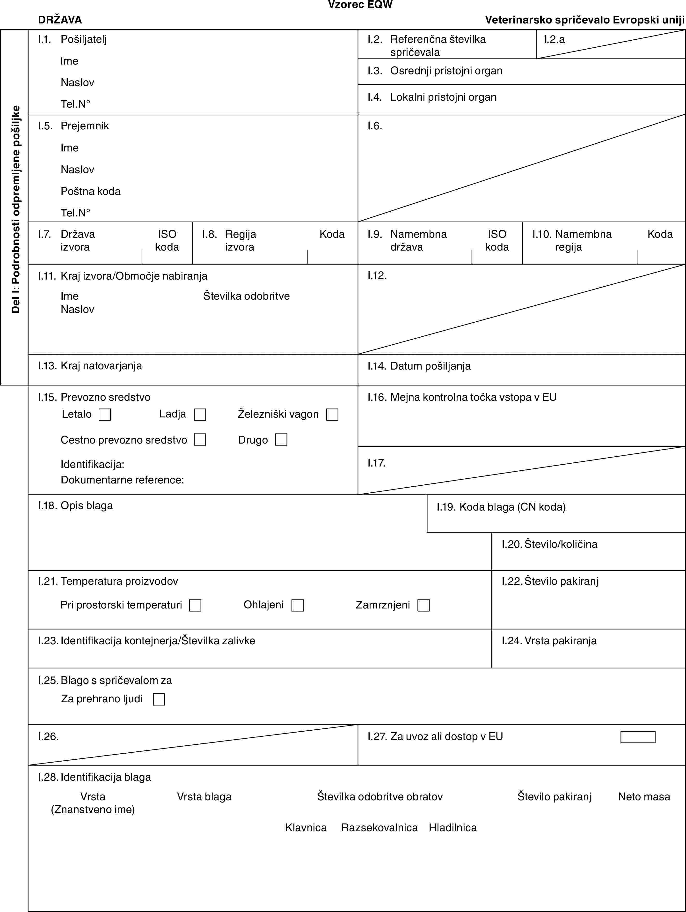 Vzorec EQWDRŽAVAVeterinarsko spričevalo Evropski unijiDel I: Podrobnosti odpremljene pošiljkeI.1. PošiljateljImeNaslovTel.N°I.2. Referenčna številka spričevalaI.2.aI.3. Osrednji pristojni organI.4. Lokalni pristojni organI.5. PrejemnikImeNaslovPoštna kodaTel.N°I.6.I.7. Država izvoraISO kodaI.8. Regija izvoraKodaI.9. Namembna državaISO kodaI.10. Namembna regijaKodaI.11. Kraj izvora/Območje nabiranjaImeNaslovŠtevilka odobritveI.12.I.13. Kraj natovarjanjaI.14. Datum pošiljanjaI.15. Prevozno sredstvoLetaloLadjaŽelezniški vagonCestno prevozno sredstvoDrugoIdentifikacija:Dokumentarne reference:I.16. Mejna kontrolna točka vstopa v EUI.17.I.18. Opis blagaI.19. Koda blaga (CN koda)I.20. Število/količinaI.21. Temperatura proizvodovPri prostorski temperaturiOhlajeniZamrznjeniI.22. Število pakiranjI.23. Identifikacija kontejnerja/Številka zalivkeI.24. Vrsta pakiranjaI.25. Blago s spričevalom zaZa prehrano ljudiI.26.I.27. Za uvoz ali dostop v EUI.28. Identifikacija blagaVrsta (Znanstveno ime)Vrsta blagaŠtevilka odobritve obratovŠtevilo pakiranjNeto masaKlavnicaRazsekovalnicaHladilnica