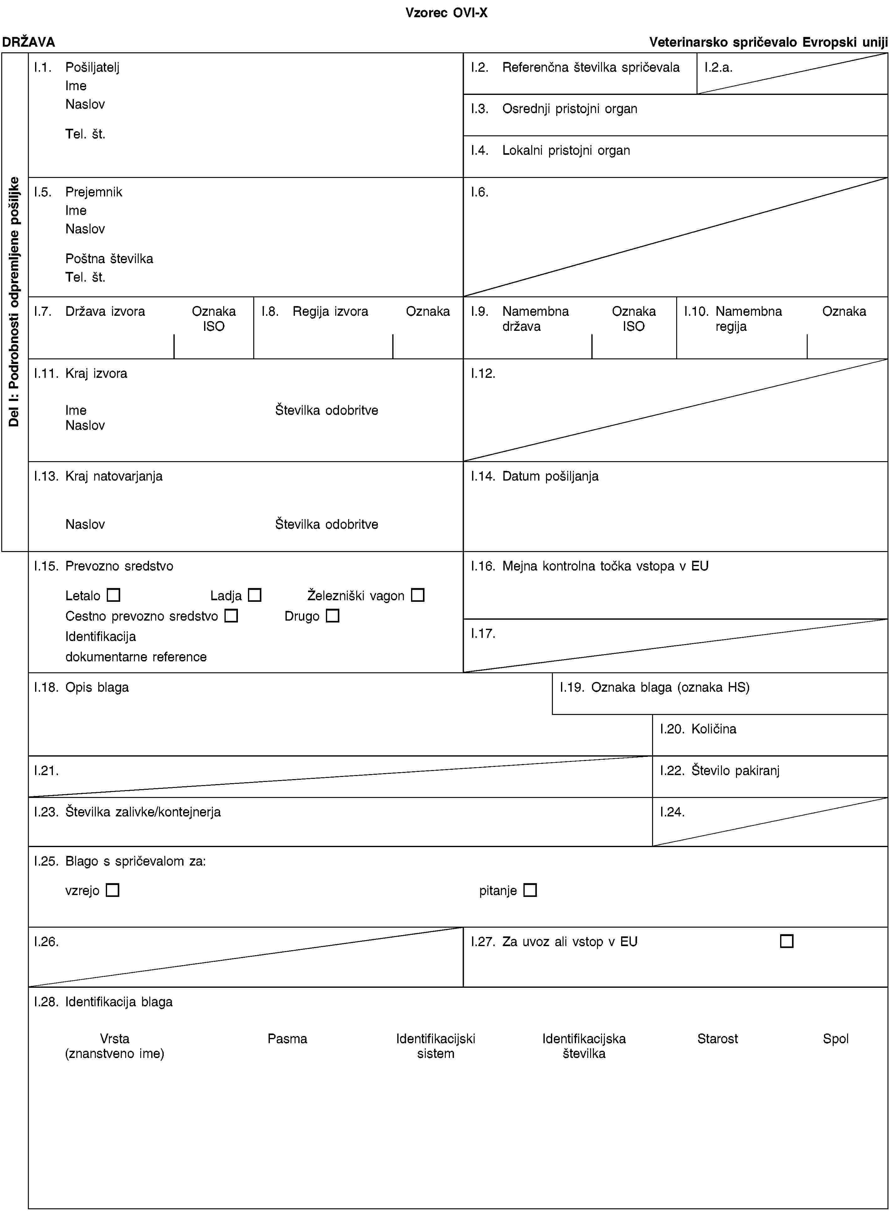 Vzorec OVI-XDel I: Podrobnosti odpremljene pošiljkeDRŽAVAVeterinarsko spričevalo Evropski unijiI.1. PošiljateljImeNaslovTel. št.I.2. Referenčna številka spričevalaI.2.a.I.3. Osrednji pristojni organI.4. Lokalni pristojni organI.5. PrejemnikImeNaslovPoštna številkaTel. št.I.6.I.7. Država izvoraOznaka ISOI.8. Regija izvoraOznakaI.9. Namembna državaOznaka ISOI.10. Namembna regijaOznakaI.11. Kraj izvoraImeŠtevilka odobritveNaslovI.12.I.13. Kraj natovarjanjaNaslovŠtevilka odobritveI.14. Datum pošiljanjaI.15. Prevozno sredstvoLetaloLadjaŽelezniški vagonCestno prevozno sredstvoDrugoIdentifikacijadokumentarne referenceI.16. Mejna kontrolna točka vstopa v EUI.17.I.18. Opis blagaI.19. Oznaka blaga (oznaka HS)I.20. KoličinaI.21.I.22. Število pakiranjI.23. Številka zalivke/kontejnerjaI.24.I.25. Blago s spričevalom za:vzrejopitanjeI.26.I.27. Za uvoz ali vstop v EUI.28. Identifikacija blagaVrsta(znanstveno ime)PasmaIdentifikacijski sistemIdentifikacijska številkaStarostSpol
