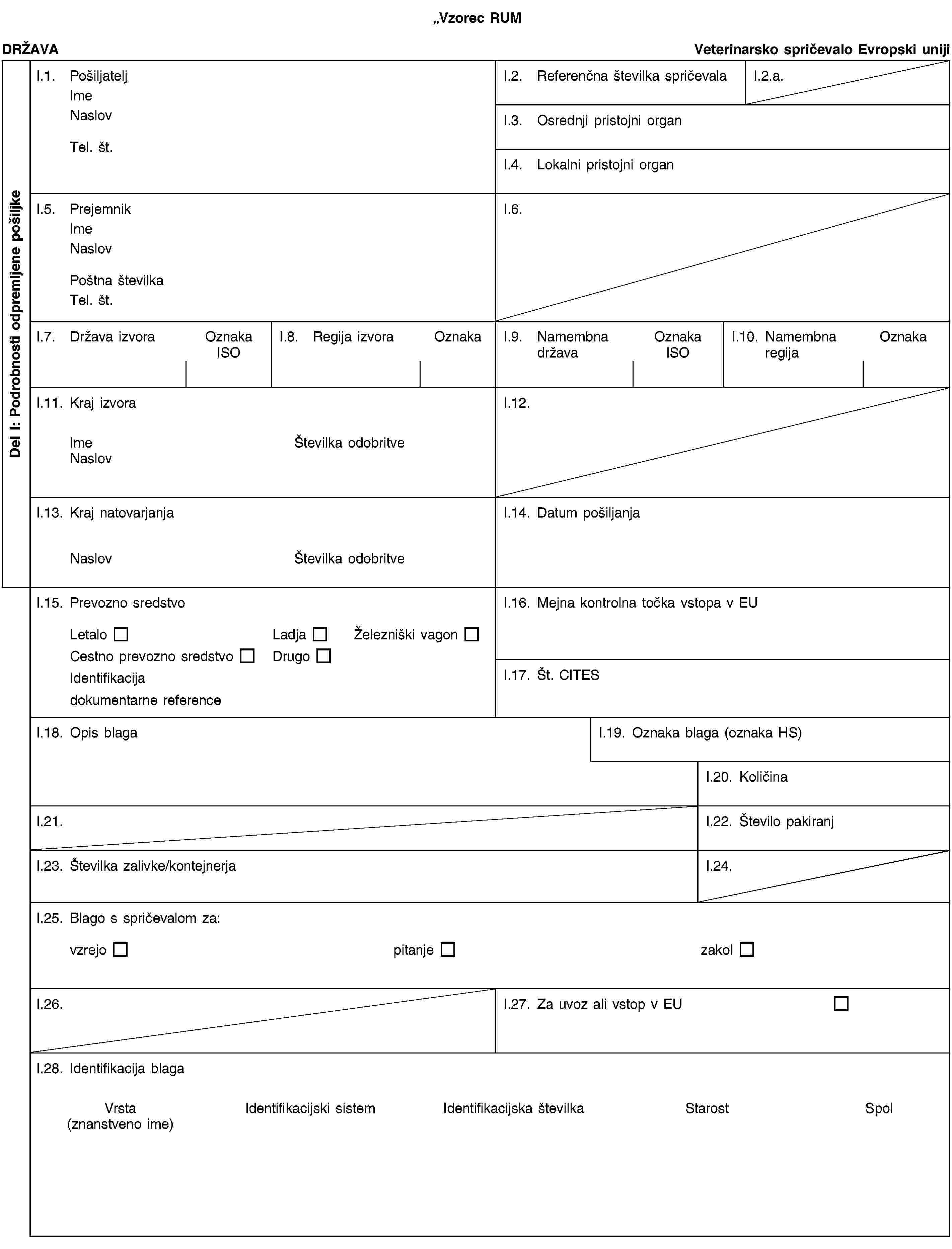 Vzorec RUMDel I: Podrobnosti odpremljene pošiljkeDRŽAVAVeterinarsko spričevalo Evropski unijiI.1. PošiljateljImeNaslovTel. št.I.2. Referenčna številka spričevalaI.2.a.I.3. Osrednji pristojni organI.4. Lokalni pristojni organI.5. PrejemnikImeNaslovPoštna številkaTel. št.I.6.I.7. Država izvoraOznaka ISOI.8. Regija izvoraOznakaI.9. Namembna državaOznaka ISOI.10. Namembna regijaOznakaI.11. Kraj izvoraImeŠtevilka odobritveNaslovI.12.I.13. Kraj natovarjanjaNaslovŠtevilka odobritveI.14. Datum pošiljanjaI.15. Prevozno sredstvoLetaloLadjaŽelezniški vagonCestno prevozno sredstvoDrugoIdentifikacijadokumentarne referenceI.16. Mejna kontrolna točka vstopa v EUI.17. Št. CITESI.18. Opis blagaI.19. Oznaka blaga (oznaka HS)I.20. KoličinaI.21.I.22. Število pakiranjI.23. Številka zalivke/kontejnerjaI.24.I.25. Blago s spričevalom za:vzrejopitanjezakolI.26.I.27. Za uvoz ali vstop v EUI.28. Identifikacija blagaVrsta(znanstveno ime)Identifikacijski sistemIdentifikacijska številkaStarostSpol