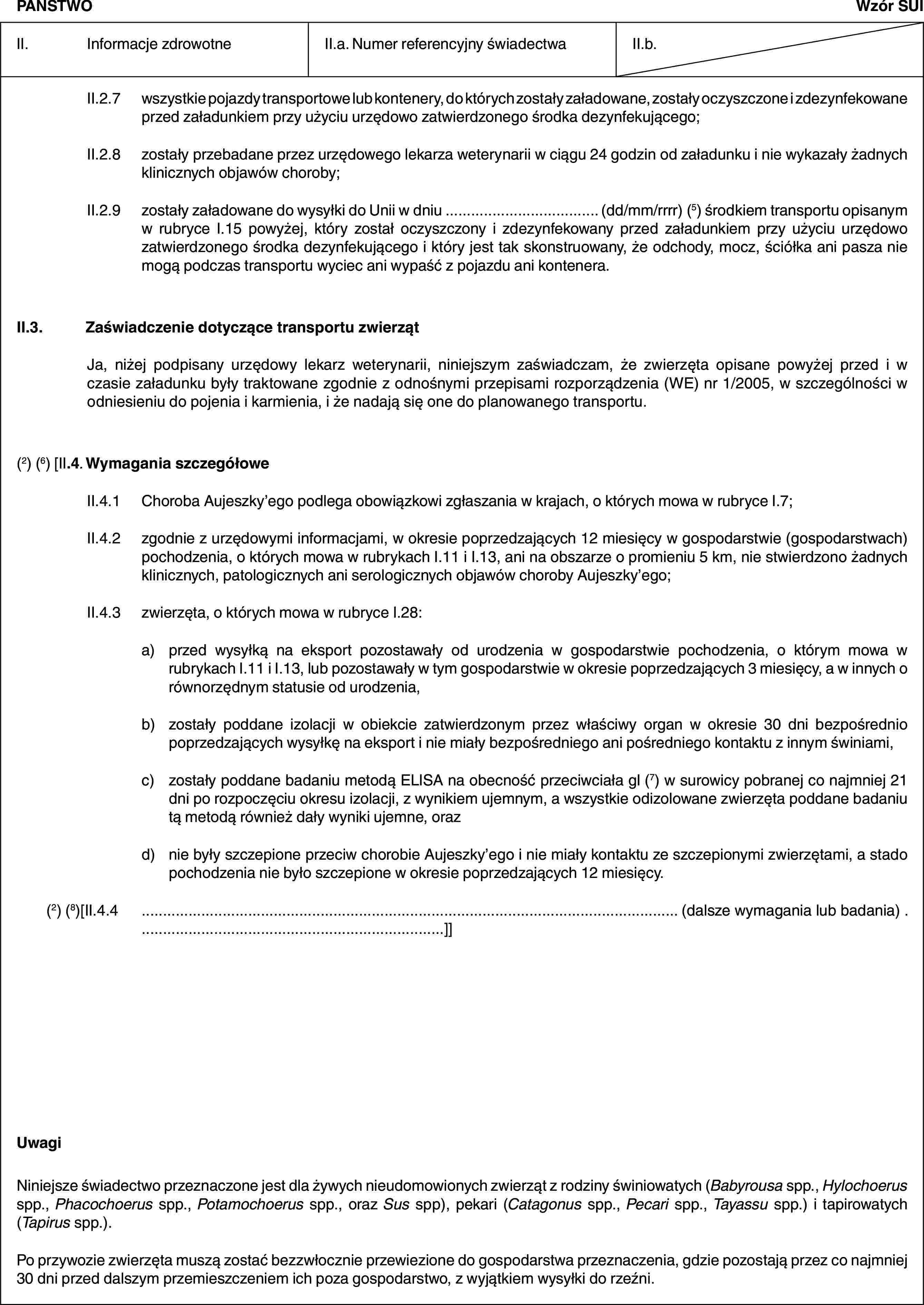 PAŃSTWOWzór SUIII. Informacje zdrowotneII.a. Numer referencyjny świadectwaII.b.II.2.7 wszystkie pojazdy transportowe lub kontenery, do których zostały załadowane, zostały oczyszczone i zdezynfekowane przed załadunkiem przy użyciu urzędowo zatwierdzonego środka dezynfekującego;II.2.8 zostały przebadane przez urzędowego lekarza weterynarii w ciągu 24 godzin od załadunku i nie wykazały żadnych klinicznych objawów choroby;II.2.9 zostały załadowane do wysyłki do Unii w dniu … (dd/mm/rrrr) (5) środkiem transportu opisanym w rubryce I.15 powyżej, który został oczyszczony i zdezynfekowany przed załadunkiem przy użyciu urzędowo zatwierdzonego środka dezynfekującego i który jest tak skonstruowany, że odchody, mocz, ściółka ani pasza nie mogą podczas transportu wyciec ani wypaść z pojazdu ani kontenera.II.3. Zaświadczenie dotyczące transportu zwierzątJa, niżej podpisany urzędowy lekarz weterynarii, niniejszym zaświadczam, że zwierzęta opisane powyżej przed i w czasie załadunku były traktowane zgodnie z odnośnymi przepisami rozporządzenia (WE) nr 1/2005, w szczególności w odniesieniu do pojenia i karmienia, i że nadają się one do planowanego transportu.(2) (6) [II.4. Wymagania szczegółoweII.4.1 Choroba Aujeszky’ego podlega obowiązkowi zgłaszania w krajach, o których mowa w rubryce I.7;II.4.2 zgodnie z urzędowymi informacjami, w okresie poprzedzających 12 miesięcy w gospodarstwie (gospodarstwach) pochodzenia, o których mowa w rubrykach I.11 i I.13, ani na obszarze o promieniu 5 km, nie stwierdzono żadnych klinicznych, patologicznych ani serologicznych objawów choroby Aujeszky’ego;II.4.3 zwierzęta, o których mowa w rubryce I.28:a) przed wysyłką na eksport pozostawały od urodzenia w gospodarstwie pochodzenia, o którym mowa w rubrykach I.11 i I.13, lub pozostawały w tym gospodarstwie w okresie poprzedzających 3 miesięcy, a w innych o równorzędnym statusie od urodzenia,b) zostały poddane izolacji w obiekcie zatwierdzonym przez właściwy organ w okresie 30 dni bezpośrednio poprzedzających wysyłkę na eksport i nie miały bezpośredniego ani pośredniego kontaktu z innym świniami,c) zostały poddane badaniu metodą ELISA na obecność przeciwciała gI (7) w surowicy pobranej co najmniej 21 dni po rozpoczęciu okresu izolacji, z wynikiem ujemnym, a wszystkie odizolowane zwierzęta poddane badaniu tą metodą również dały wyniki ujemne, orazd) nie były szczepione przeciw chorobie Aujeszky’ego i nie miały kontaktu ze szczepionymi zwierzętami, a stado pochodzenia nie było szczepione w okresie poprzedzających 12 miesięcy.(2) (8)[II.4.4 … (dalsze wymagania lub badania) …]]UwagiNiniejsze świadectwo przeznaczone jest dla żywych nieudomowionych zwierząt z rodziny świniowatych (Babyrousa spp., Hylochoerus spp., Phacochoerus spp., Potamochoerus spp., oraz Sus spp), pekari (Catagonus spp., Pecari spp., Tayassu spp.) i tapirowatych (Tapirus spp.).Po przywozie zwierzęta muszą zostać bezzwłocznie przewiezione do gospodarstwa przeznaczenia, gdzie pozostają przez co najmniej 30 dni przed dalszym przemieszczeniem ich poza gospodarstwo, z wyjątkiem wysyłki do rzeźni.