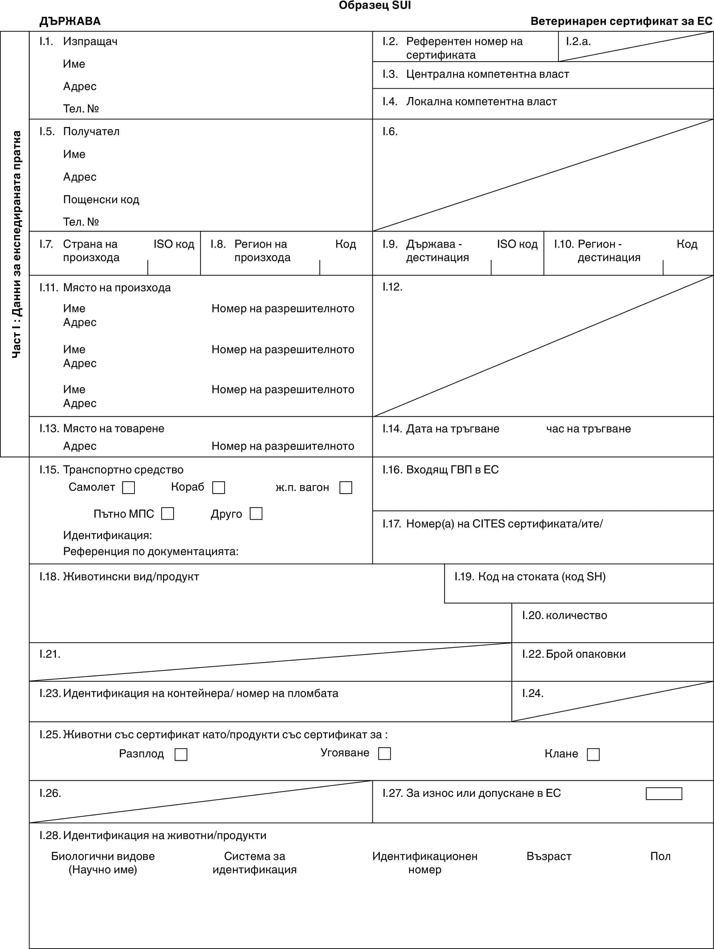 Образец SUIДЪРЖАВАВетеринарен сертификат за ЕСЧаст I : Данни за експедираната праткаI.1. ИзпращачИмеАдресТел. №I.2. Референтен номер на сертификатаI.2.a.I.3. Централна компетентна властI.4. Локална компетентна властI.5. ПолучателИмеАдресПощенски кодТел. №I.6.I.7. Страна на произходаISO кодI.8. Регион на произходаКодI.9. Държава - дестинацияISO кодI.10. Регион - дестинацияКодI.11. Място на произходаИмеАдресИмеАдресИмеАдресНомер на разрешителнотоНомер на разрешителнотоНомер на разрешителнотоI.12.I.13. Място на товаренеАдресНомер на разрешителнотоI.14. Дата на тръгванечас на тръгванеI.15. Транспортно средствоСамолетКорабж.п. вагонПътно МПСДругоИдентификация:Референция по документацията:I.16. Входящ ГВП в ЕСI.17. Номер(а) на CITES сертификата/ите/I.18. Животински вид/продуктI.19. Код на стоката (код SH)I.20. количествоI.21.I.22. Брой опаковкиI.23. Идентификация на контейнера/ номер на пломбатаI.24.I.25. Животни със сертификат като/продукти със сертификат за :РазплодУгояванеКланеI.26.I.27. За износ или допускане в ЕСI.28. Идентификация на животни/продуктиБиологични видове (Научно име)Система за идентификацияИдентификационен номерВъзрастПол