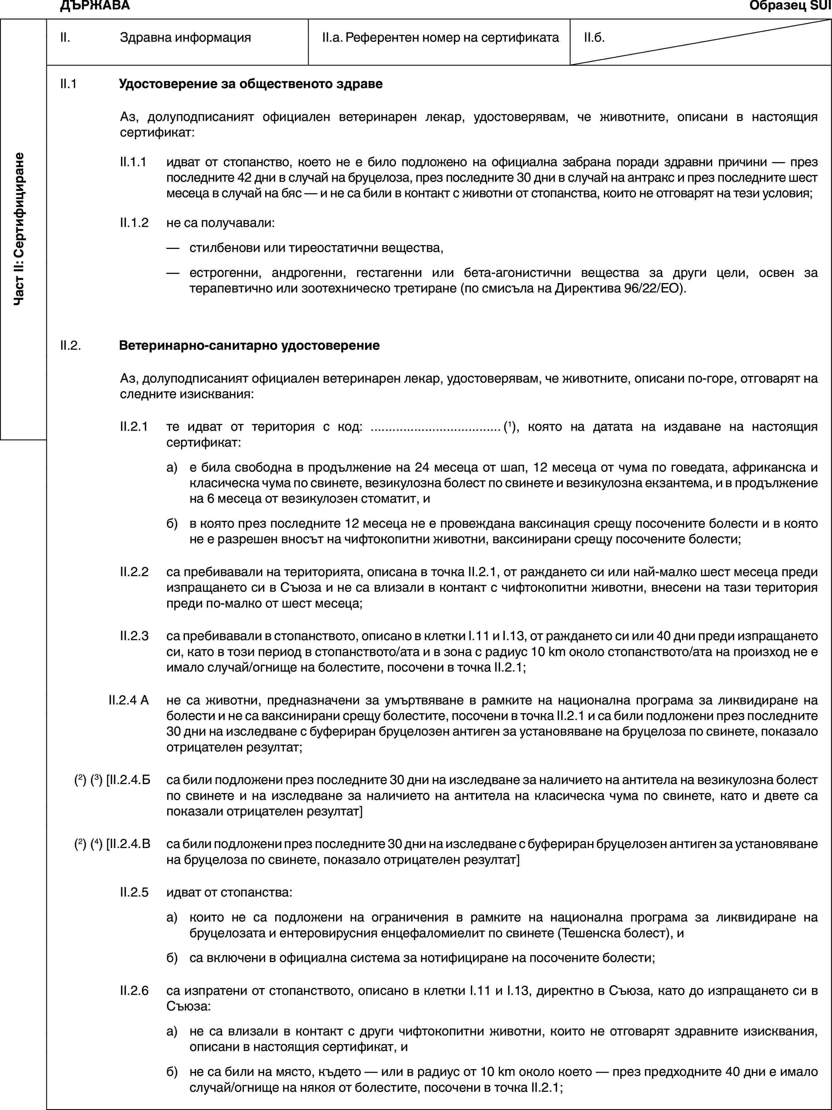 Част II: СертифициранеДЪРЖАВАОбразец SUIII. Здравна информацияII.a. Референтен номер на сертификатаII.б.II.1 Удостоверение за общественото здравеАз, долуподписаният официален ветеринарен лекар, удостоверявам, че животните, описани в настоящия сертификат:II.1.1 идват от стопанство, което не е било подложено на официална забрана поради здравни причини — през последните 42 дни в случай на бруцелоза, през последните 30 дни в случай на антракс и през последните шест месеца в случай на бяс — и не са били в контакт с животни от стопанства, които не отговарят на тези условия;II.1.2 не са получавали:— стилбенови или тиреостатични вещества,— естрогенни, андрогенни, гестагенни или бета-агонистични вещества за други цели, освен за терапевтично или зоотехническо третиране (по смисъла на Директива 96/22/ЕО).II.2. Ветеринарно-санитарно удостоверениеАз, долуподписаният официален ветеринарен лекар, удостоверявам, че животните, описани по-горе, отговарят на следните изисквания:II.2.1 те идват от територия с код: … (1), която на датата на издаване на настоящия сертификат:а) е била свободна в продължение на 24 месеца от шап, 12 месеца от чума по говедата, африканска и класическа чума по свинете, везикулозна болест по свинете и везикулозна екзантема, и в продължение на 6 месеца от везикулозен стоматит, иб) в която през последните 12 месеца не е провеждана ваксинация срещу посочените болести и в която не е разрешен вносът на чифтокопитни животни, ваксинирани срещу посочените болести;II.2.2 са пребивавали на територията, описана в точка II.2.1, от раждането си или най-малко шест месеца преди изпращането си в Съюза и не са влизали в контакт с чифтокопитни животни, внесени на тази територия преди по-малко от шест месеца;II.2.3 са пребивавали в стопанството, описано в клетки I.11 и I.13, от раждането си или 40 дни преди изпращането си, като в този период в стопанството/ата и в зона с радиус 10 km около стопанството/ата на произход не е имало случай/огнище на болестите, посочени в точка II.2.1;II.2.4 А не са животни, предназначени за умъртвяване в рамките на национална програма за ликвидиране на болести и не са ваксинирани срещу болестите, посочени в точка II.2.1 и са били подложени през последните 30 дни на изследване с буфериран бруцелозен антиген за установяване на бруцелоза по свинете, показало отрицателен резултат;(2) (3) [II.2.4.Б са били подложени през последните 30 дни на изследване за наличието на антитела на везикулозна болест по свинете и на изследване за наличието на антитела на класическа чума по свинете, като и двете са показали отрицателен резултат](2) (4) [II.2.4.В са били подложени през последните 30 дни на изследване с буфериран бруцелозен антиген за установяване на бруцелоза по свинете, показало отрицателен резултат]II.2.5 идват от стопанства:а) които не са подложени на ограничения в рамките на национална програма за ликвидиране на бруцелозата и ентеровирусния енцефаломиелит по свинете (Тешенска болест), иб) са включени в официална система за нотифициране на посочените болести;II.2.6 са изпратени от стопанството, описано в клетки I.11 и I.13, директно в Съюза, като до изпращането си в Съюза:а) не са влизали в контакт с други чифтокопитни животни, които не отговарят здравните изисквания, описани в настоящия сертификат, иб) не са били на място, където — или в радиус от 10 km около което — през предходните 40 дни е имало случай/огнище на някоя от болестите, посочени в точка II.2.1;