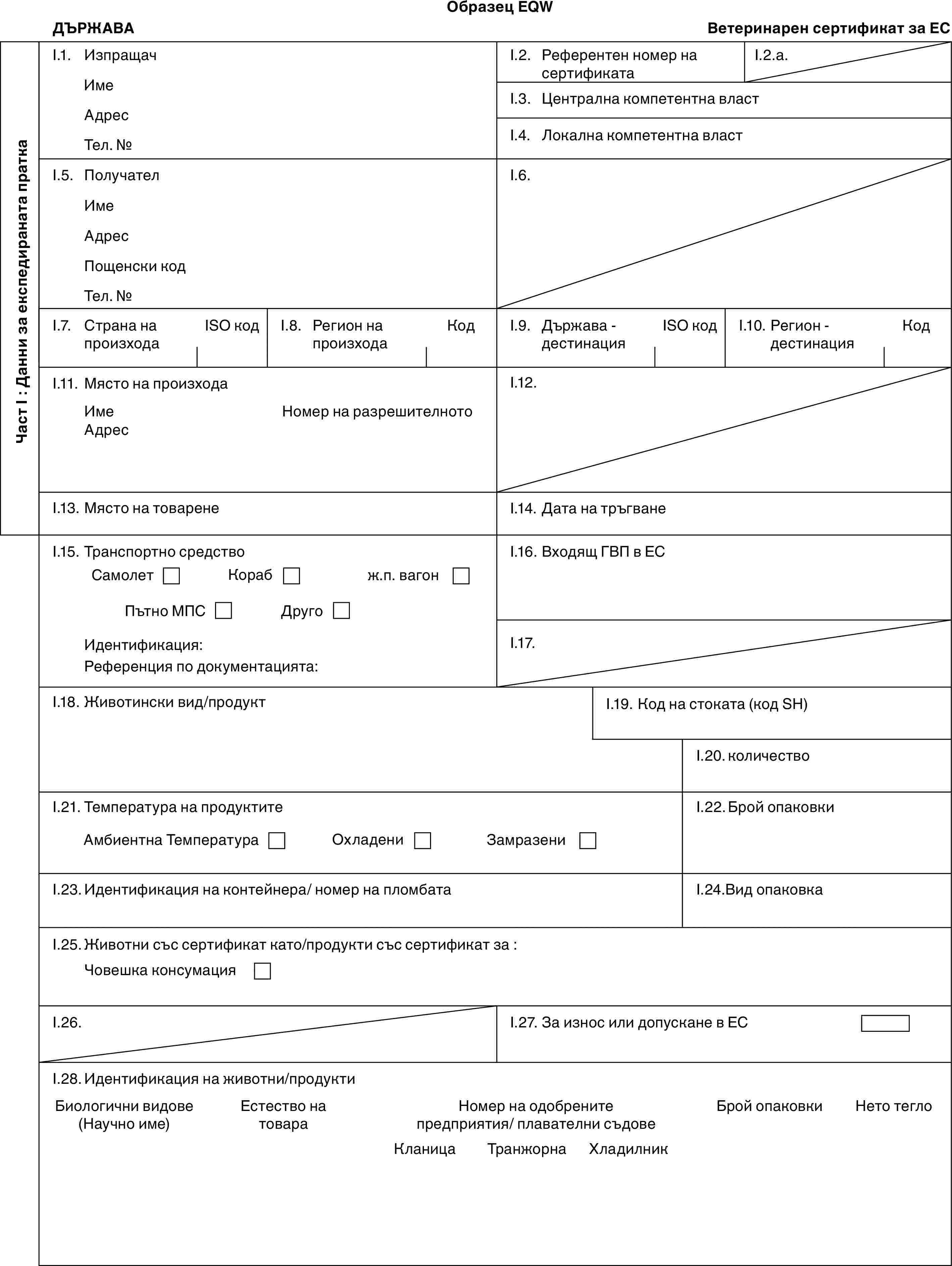 Образец EQWДЪРЖАВАВетеринарен сертификат за ЕСЧаст I : Данни за експедираната праткаI.1. ИзпращачИмеАдресТел. №I.2. Референтен номер на сертификатаI.2.a.I.3. Централна компетентна властI.4. Локална компетентна властI.5. ПолучателИмеАдресПощенски кодТел. №I.6.I.7. Страна на произходаISO кодI.8. Регион на произходаКодI.9. Държава - дестинацияISO кодI.10. Регион - дестинацияКодI.11. Място на произходаИмеАдресНомер на разрешителнотоI.12.I.13. Място на товаренеI.14. Дата на тръгванеI.15. Транспортно средствоСамолетКорабж.п. вагонПътно МПСДругоИдентификация:Референция по документацията:I.16. Входящ ГВП в ЕСI.17.I.18. Животински вид/продуктI.19. Код на стоката (код SH)I.20. количествоI.21. Температура на продуктитеАмбиентна ТемператураОхладениЗамразениI.22. Брой опаковкиI.23. Идентификация на контейнера/ номер на пломбатаI.24.Вид опаковкаI.25. Животни със сертификат като/продукти със сертификат за :Човешка консумацияI.26.I.27. За износ или допускане в ЕСI.28. Идентификация на животни/продуктиБиологични видове (Научно име)Естество на товараНомер на одобрените предприятия/ плавателни съдовеБрой опаковкиНето теглоКланицаТранжорнаХладилник