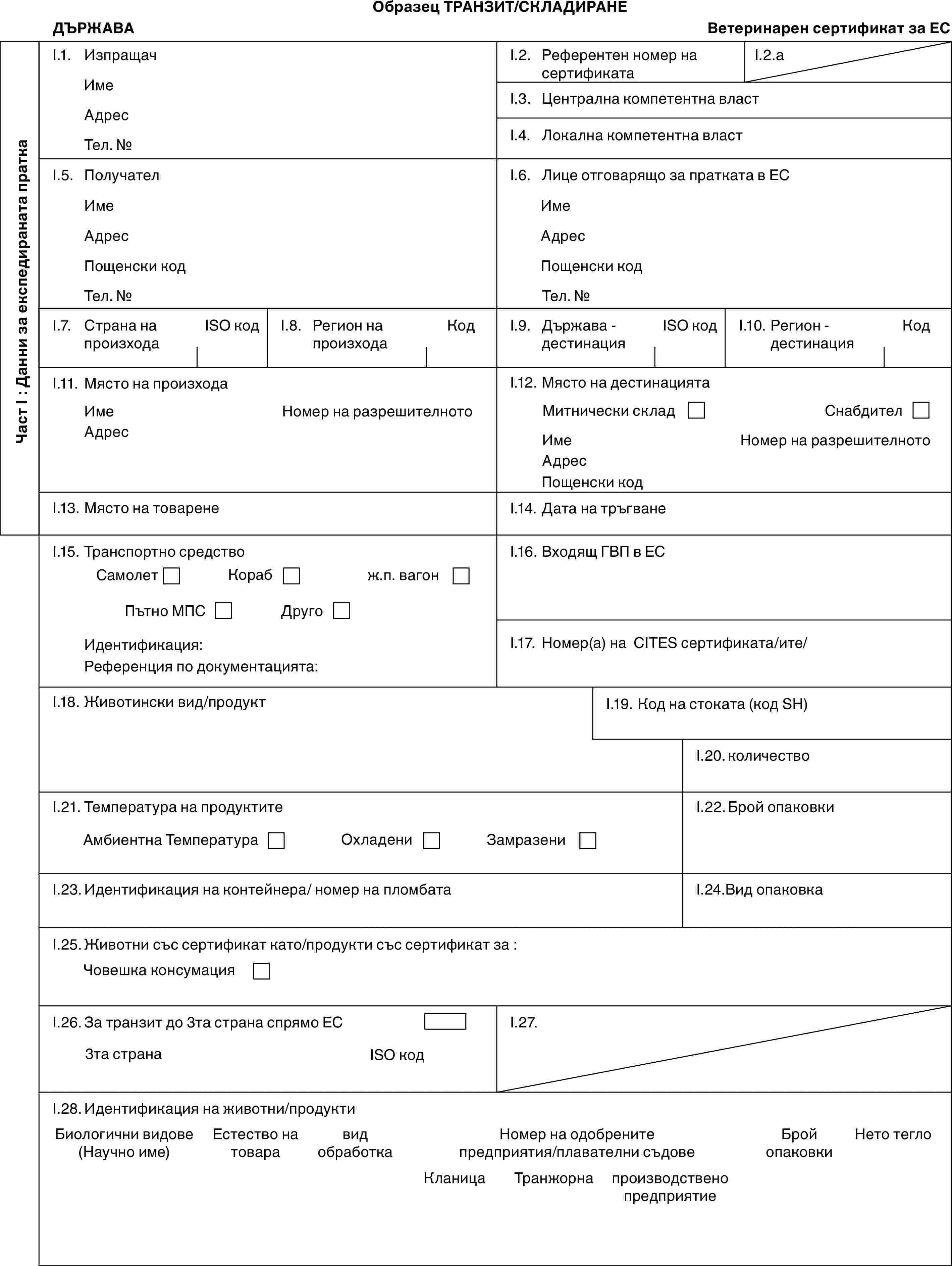 Образец ТРАНЗИТ/СКЛАДИРАНEДЪРЖАВАВетеринарен сертификат за ЕСЧаст I : Данни за експедираната праткаI.1. ИзпращачИмеАдресТел. №I.2. Референтен номер на сертификатаI.2.aI.3. Централна компетентна властI.4. Локална компетентна властI.5. ПолучателИмеАдресПощенски кодТел. №I.6. Лице отговарящо за пратката в ЕСИмеАдресПощенски кодТел. №I.7. Страна на произходаISO кодI.8. Регион на произходаКодI.9. Държава - дестинацияISO кодI.10. Регион - дестинацияКодI.11. Място на произходаИмеАдресНомер на разрешителнотоI.12. Място на дестинациятаМитнически складСнабдителИмеАдресПощенски кодНомер на разрешителнотоI.13. Място на товаренеI.14. Дата на тръгванеI.15. Транспортно средствоСамолетКорабж.п. вагонПътно МПСДругоИдентификация:Референция по документацията:I.16. Входящ ГВП в ЕСI.17. Номер(а) на CITES сертификата/ите/I.18. Животински вид/продуктI.19. Код на стоката (код SH)I.20. количествоI.21. Температура на продуктитеАмбиентна ТемператураОхладениЗамразениI.22. Брой опаковкиI.23. Идентификация на контейнера/ номер на пломбатаI.24.Вид опаковкаI.25. Животни със сертификат като/продукти със сертификат за :Човешка консумацияI.26. За транзит до 3та страна спрямо ЕС3та странаISO кодI.27.I.28. Идентификация на животни/продуктиБиологични видове(Научно име)Естество на товаравид обработкаНомер на одобрените предприятия/плавателни съдовеБрой опаковкиНето теглоКланицаТранжорнапроизводствено предприятие