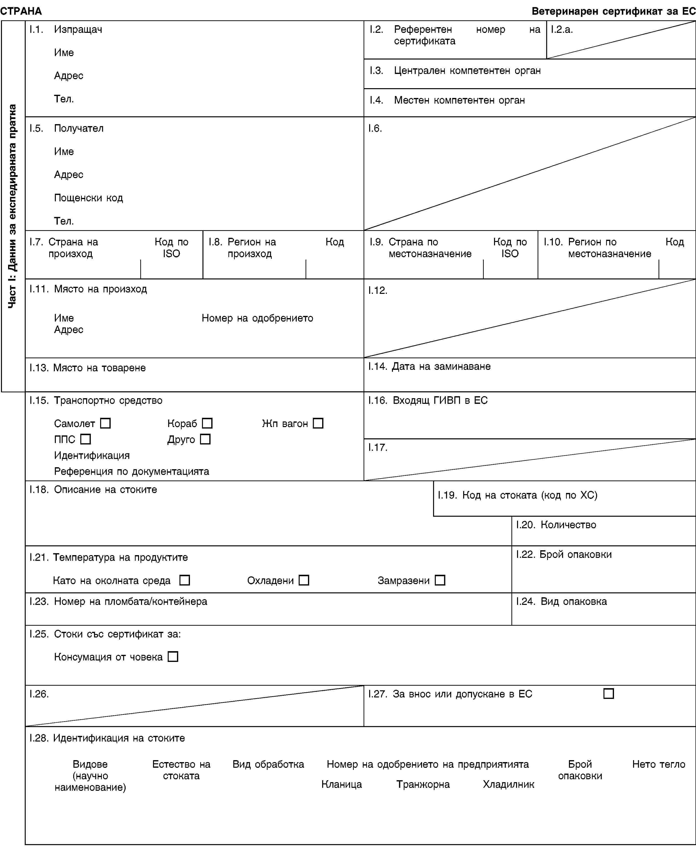 Част I: Данни за експедираната праткаСТРАНАВетеринарен сертификат за ЕСI.1. ИзпращачИмеАдресТел.I.2. Референтен номер на сертификатаI.2.a.I.3. Централен компетентен органI.4. Местен компетентен органI.5. ПолучателИмеАдресПощенски кодТел.I.6.I.7. Страна на произходКод по ISOI.8. Регион на произходКодI.9. Страна по местоназначениеКод по ISOI.10. Регион по местоназначениеКодI.11. Място на произходИмеНомер на одобрениетоАдресI.12.I.13. Място на товаренеI.14. Дата на заминаванеI.15. Транспортно средствоСамолетКорабЖп вагонППСДругоИдентификацияРеференция по документациятаI.16. Входящ ГИВП в ЕСI.17.I.18. Описание на стокитеI.19. Код на стоката (код по ХС)I.20. КоличествоI.21. Температура на продуктитеКато на околната средаОхладениЗамразениI.22. Брой опаковкиI.23. Номер на пломбата/контейнераI.24. Вид опаковкаI.25. Стоки със сертификат за:Консумация от човекаI.26.I.27. За внос или допускане в ЕСI.28. Идентификация на стокитеВидове(научно наименование)Естество на стокатаВид обработкаНомер на одобрението на предприятиятаКланицаТранжорнаХладилникБрой опаковкиНето тегло