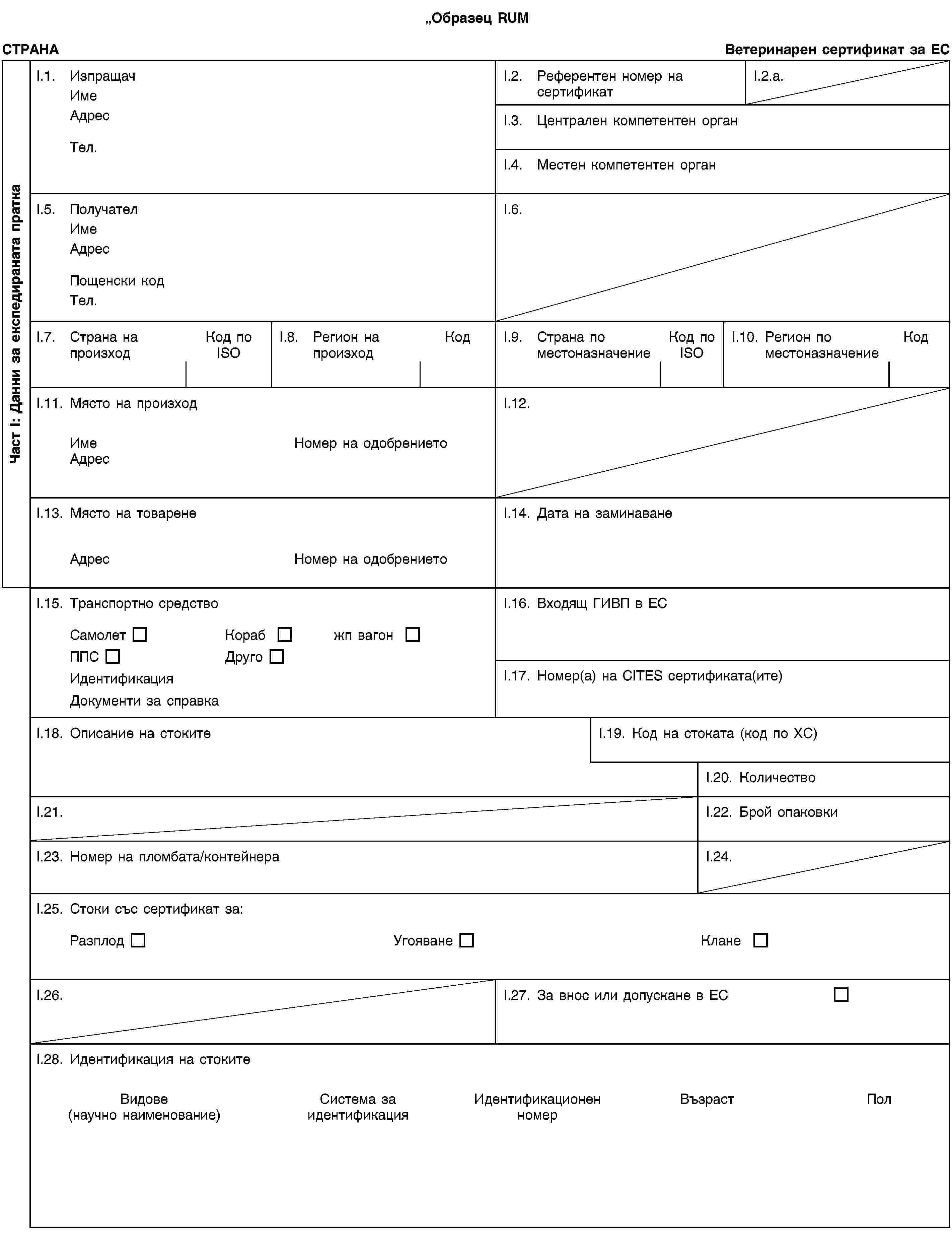 Образец RUMЧаст I: Данни за експедираната праткаСТРАНАВетеринарен сертификат за ЕСI.1. ИзпращачИмеАдресТел.I.2. Референтен номер на сертификатI.2.a.I.3. Централен компетентен органI.4. Местен компетентен органI.5. ПолучателИмеАдресПощенски кодТел.I.6.I.7. Страна на произходКод по ISOI.8. Регион на произходКодI.9. Страна по местоназначениеКод по ISOI.10. Регион по местоназначениеКодI.11. Място на произходИмеНомер на одобрениетоАдресI.12.I.13. Място на товаренеАдресНомер на одобрениетоI.14. Дата на заминаванеI.15. Транспортно средствоСамолетКорабжп вагонППСДругоИдентификацияДокументи за справкаI.16. Входящ ГИВП в ЕСI.17. Номер(а) на CITES сертификата(ите)I.18. Описание на стокитеI.19. Код на стоката (код по ХС)I.20. КоличествоI.21.I.22. Брой опаковкиI.23. Номер на пломбата/контейнераI.24.I.25. Стоки със сертификат за:РазплодУгояванеКланеI.26.I.27. За внос или допускане в ЕСI.28. Идентификация на стокитеВидове(научно наименование)Система за идентификацияИдентификационен номерВъзрастПол