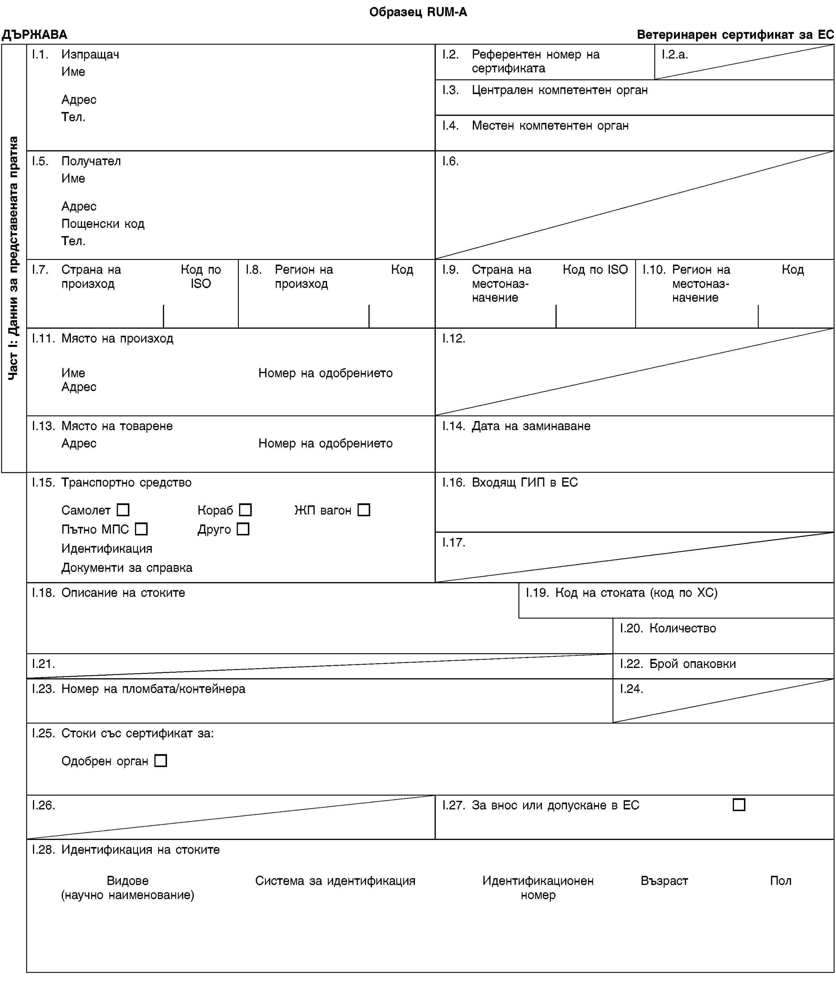 Част I: Данни за представената праткаОбразец RUM-AДЪРЖАВАВетеринарен сертификат за ЕСI.1. ИзпращачИмеАдресТел.I.2. Референтен номер на сертификатаI.2.a.I.3. Централен компетентен органI.4. Местен компетентен органI.5. ПолучателИмеАдресПощенски кодТел.I.6.I.7. Страна на произходКод по ISOI.8. Регион на произходКодI.9. Страна на местоназначениеКод по ISOI.10. Регион на местоназначениеКодI.11. Място на произходИмеНомер на одобрениетоАдресI.12.I.13. Място на товаренеАдресНомер на одобрениетоI.14. Дата на заминаванеI.15. Транспортно средствоСамолетКорабЖП вагонПътно МПСДругоИдентификацияДокументи за справкаI.16. Входящ ГИП в ЕСI.17.I.18. Описание на стокитеI.19. Код на стоката (код по ХС)I.20. КоличествоI.21.I.22. Брой опаковкиI.23. Номер на пломбата/контейнераI.24.I.25. Стоки със сертификат за:Одобрен органI.26.I.27. За внос или допускане в ЕСI.28. Идентификация на стокитеВидове(научно наименование)Система за идентификацияИдентификационен номерВъзрастПол