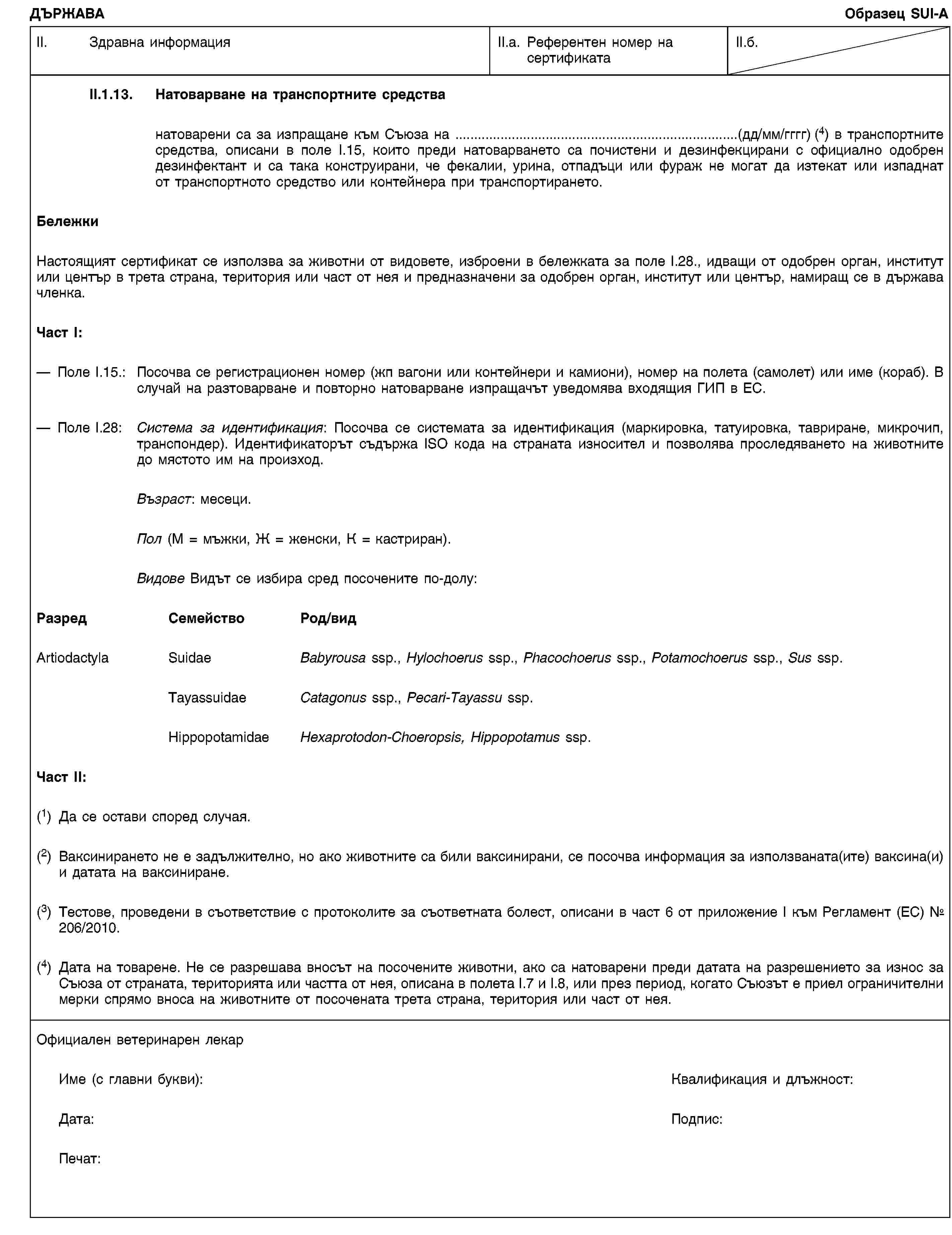 ДЪРЖАВАОбразец SUI-AII. Здравна информацияII.a. Референтен номер на сертификатаII.б.II.1.13. Натоварване на транспортните средстванатоварени са за изпращане към Съюза на …(дд/мм/гггг) (4) в транспортните средства, описани в поле I.15, които преди натоварването са почистени и дезинфекцирани с официално одобрен дезинфектант и са така конструирани, че фекалии, урина, отпадъци или фураж не могат да изтекат или изпаднат от транспортното средство или контейнера при транспортирането.БележкиНастоящият сертификат се използва за животни от видовете, изброени в бележката за поле I.28., идващи от одобрен орган, институт или център в трета страна, територия или част от нея и предназначени за одобрен орган, институт или център, намиращ се в държава членка.Част I:Поле I.15.: Посочва се регистрационен номер (жп вагони или контейнери и камиони), номер на полета (самолет) или име (кораб). В случай на разтоварване и повторно натоварване изпращачът уведомява входящия ГИП в ЕС.Поле I.28: Система за идентификация: Посочва се системата за идентификация (маркировка, татуировка, тавриране, микрочип, транспондер). Идентификаторът съдържа ISO кода на страната износител и позволява проследяването на животните до мястото им на произход.Възраст: месеци.Пол (М = мъжки, Ж = женски, К = кастриран).Видове Видът се избира сред посочените по-долу:РазредСемействоРод/видArtiodactylaSuidaeBabyrousa ssp., Hylochoerus ssp., Phacochoerus ssp., Potamochoerus ssp., Sus ssp.TayassuidaeCatagonus ssp., Pecari-Tayassu ssp.HippopotamidaeHexaprotodon-Choeropsis, Hippopotamus ssp.Част II:(1) Да се остави според случая.(2) Ваксинирането не е задължително, но ако животните са били ваксинирани, се посочва информация за използваната(ите) ваксина(и) и датата на ваксиниране.(3) Тестове, проведени в съответствие с протоколите за съответната болест, описани в част 6 от приложение I към Регламент (ЕС) № 206/2010.(4) Дата на товарене. Не се разрешава вносът на посочените животни, ако са натоварени преди датата на разрешението за износ за Съюза от страната, територията или частта от нея, описана в полета I.7 и I.8, или през период, когато Съюзът е приел ограничителни мерки спрямо вноса на животните от посочената трета страна, територия или част от нея.Официален ветеринарен лекарИме (с главни букви):Квалификация и длъжност:Дата:Подпис:Печат:
