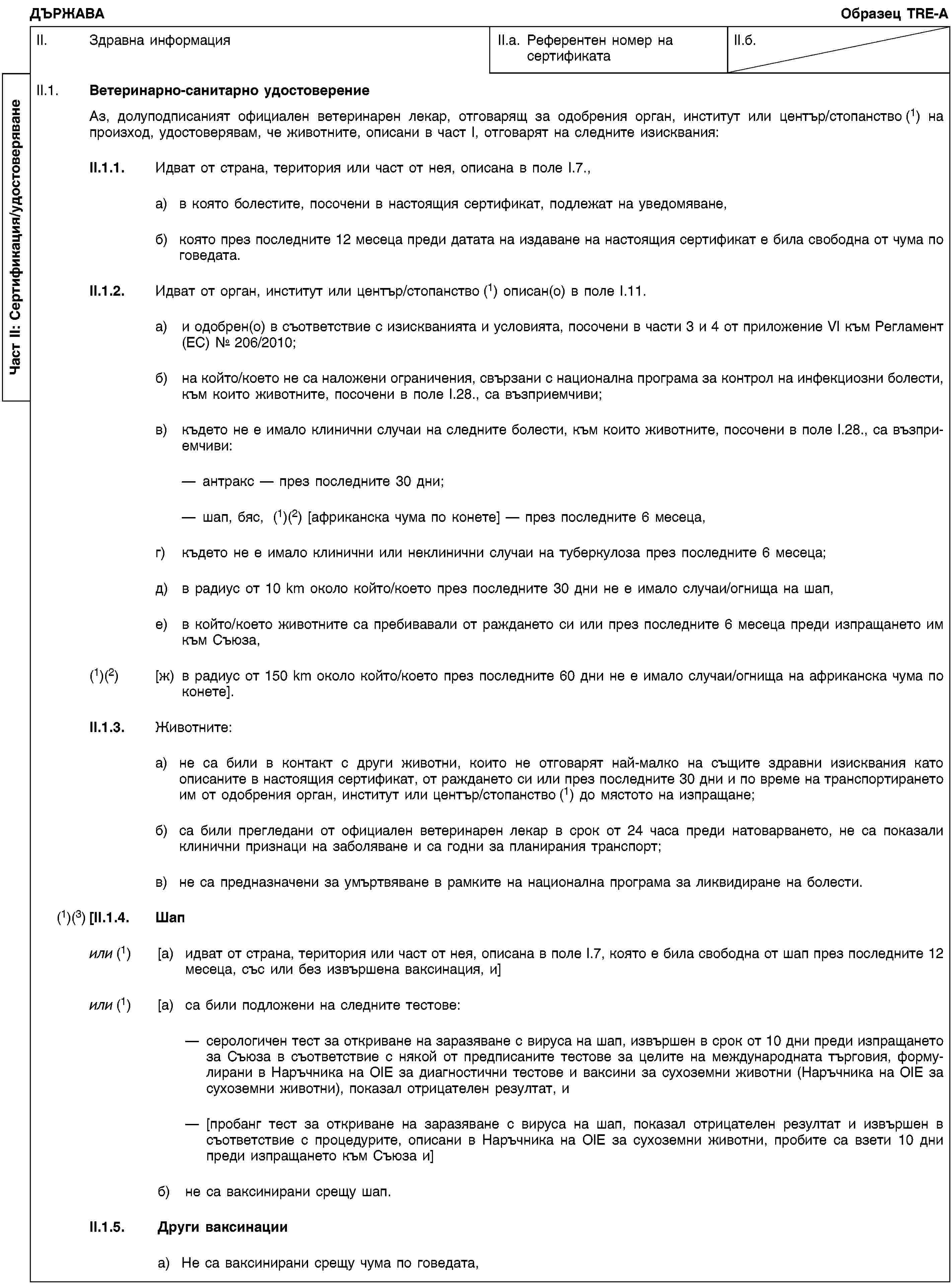 Част II: Сертификация/удостоверяванеДЪРЖАВАОбразец TRE-AII. Здравна информацияII.a. Референтен номер на сертификатаII.б.II.1. Ветеринарно-санитарно удостоверениеАз, долуподписаният официален ветеринарен лекар, отговарящ за одобрения орган, институт или център/стопанство (1) на произход, удостоверявам, че животните, описани в част I, отговарят на следните изисквания:II.1.1. Идват от страна, територия или част от нея, описана в поле I.7.,a) в която болестите, посочени в настоящия сертификат, подлежат на уведомяване,б) която през последните 12 месеца преди датата на издаване на настоящия сертификат е била свободна от чума по говедата.II.1.2. Идват от орган, институт или център/стопанство (1) описан(о) в поле I.11.a) и одобрен(о) в съответствие с изискванията и условията, посочени в части 3 и 4 от приложение VI към Регламент (ЕС) № 206/2010;б) на който/което не са наложени ограничения, свързани с национална програма за контрол на инфекциозни болести, към които животните, посочени в поле I.28., са възприемчиви;в) където не е имало клинични случаи на следните болести, към които животните, посочени в поле I.28., са възприемчиви:антракс — през последните 30 дни;шап, бяс, (1)(2) [африканска чума по конете] — през последните 6 месеца,г) където не е имало клинични или неклинични случаи на туберкулоза през последните 6 месеца;д) в радиус от 10 km около който/което през последните 30 дни не е имало случаи/огнища на шап,е) в който/което животните са пребивавали от раждането си или през последните 6 месеца преди изпращането им към Съюза,(1)(2) [ж) в радиус от 150 km около който/което през последните 60 дни не е имало случаи/огнища на африканска чума по конете].II.1.3. Животните:a) не са били в контакт с други животни, които не отговарят най-малко на същите здравни изисквания като описаните в настоящия сертификат, от раждането си или през последните 30 дни и по време на транспортирането им от одобрения орган, институт или център/стопанство (1) до мястото на изпращане;б) са били прегледани от официален ветеринарен лекар в срок от 24 часа преди натоварването, не са показали клинични признаци на заболяване и са годни за планирания транспорт;в) не са предназначени за умъртвяване в рамките на национална програма за ликвидиране на болести.(1)(3)[II.1.4. Шапили (1) [a) идват от страна, територия или част от нея, описана в поле I.7, която е била свободна от шап през последните 12 месеца, със или без извършена ваксинация, и]или (1) [a) са били подложени на следните тестове:серологичен тест за откриване на заразяване с вируса на шап, извършен в срок от 10 дни преди изпращането за Съюза в съответствие с някой от предписаните тестове за целите на международната търговия, формулирани в Наръчника на OIE за диагностични тестове и ваксини за сухоземни животни (Наръчника на OIE за сухоземни животни), показал отрицателен резултат, и[пробанг тест за откриване на заразяване с вируса на шап, показал отрицателен резултат и извършен в съответствие с процедурите, описани в Наръчника на OIE за сухоземни животни, пробите са взети 10 дни преди изпращането към Съюза и]б) не са ваксинирани срещу шап.II.1.5. Други ваксинацииa) Не са ваксинирани срещу чума по говедата,