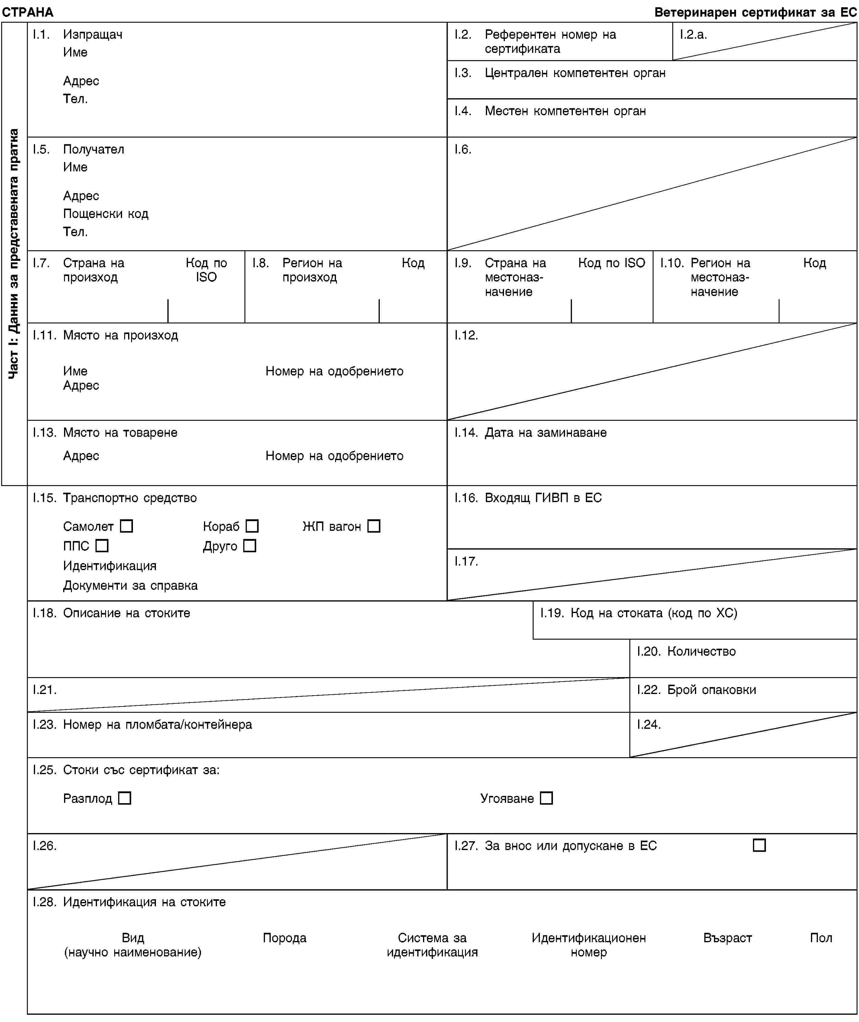 Част I: Данни за представената праткаСТРАНАВетеринарен сертификат за ЕСI.1. ИзпращачИмеАдресТел.I.2. Референтен номер на сертификатаI.2.a.I.3. Централен компетентен органI.4. Местен компетентен органI.5. ПолучателИмеАдресПощенски кодТел.I.6.I.7. Страна на произходКод по ISOI.8. Регион на произходКодI.9. Страна на местоназначениеКод по ISOI.10. Регион на местоназначениеКодI.11. Място на произходИмеНомер на одобрениетоАдресI.12.I.13. Място на товаренеАдресНомер на одобрениетоI.14. Дата на заминаванеI.15. Транспортно средствоСамолетКорабЖП вагонППСДругоИдентификацияДокументи за справкаI.16. Входящ ГИВП в ЕСI.17.I.18. Описание на стокитеI.19. Код на стоката (код по ХС)I.20. КоличествоI.21.I.22. Брой опаковкиI.23. Номер на пломбата/контейнераI.24.I.25. Стоки със сертификат за:РазплодУгояванеI.26.I.27. За внос или допускане в ЕСI.28. Идентификация на стокитеВид(научно наименование)ПородаСистема за идентификацияИдентификационен номерВъзрастПол