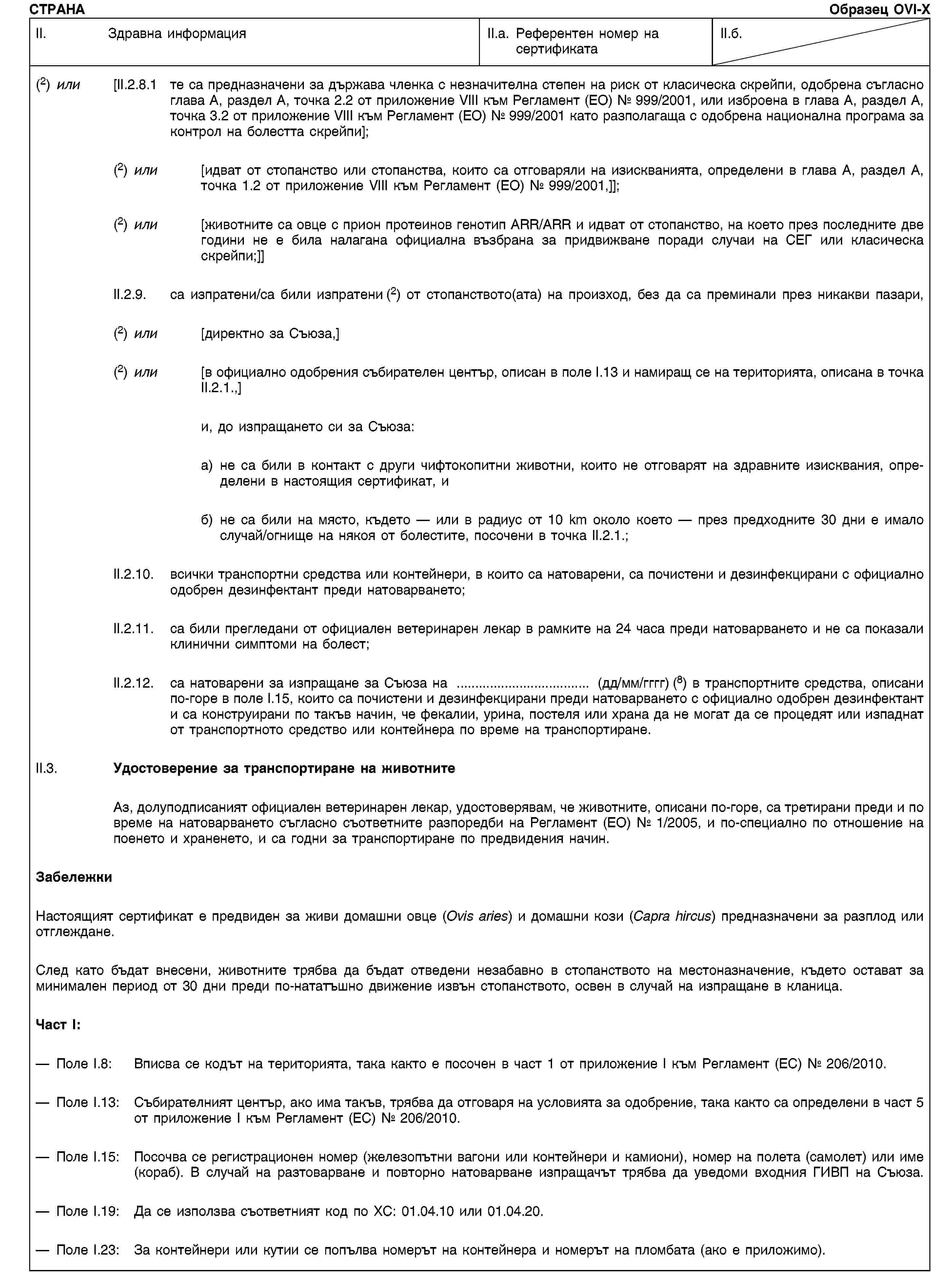 СТРАНАОбразец OVI-XII. Здравна информацияII.a. Референтен номер на сертификатаII.б.(2) или [II.2.8.1 те са предназначени за държава членка с незначителна степен на риск от класическа скрейпи, одобрена съгласно глава А, раздел А, точка 2.2 от приложение VIII към Регламент (ЕО) № 999/2001, или изброена в глава А, раздел А, точка 3.2 от приложение VIII към Регламент (ЕО) № 999/2001 като разполагаща с одобрена национална програма за контрол на болестта скрейпи];(2) или [идват от стопанство или стопанства, които са отговаряли на изискванията, определени в глава А, раздел А, точка 1.2 от приложение VIII към Регламент (ЕО) № 999/2001,]];(2) или [животните са овце с прион протеинов генотип ARR/ARR и идват от стопанство, на което през последните две години не е била налагана официална възбрана за придвижване поради случаи на СЕГ или класическа скрейпи;]]II.2.9. са изпратени/са били изпратени (2) от стопанството(ата) на произход, без да са преминали през никакви пазари,(2) или [директно за Съюза,](2) или [в официално одобрения събирателен център, описан в поле I.13 и намиращ се на територията, описана в точка II.2.1.,]и, до изпращането си за Съюза:a) не са били в контакт с други чифтокопитни животни, които не отговарят на здравните изисквания, определени в настоящия сертификат, иб) не са били на място, където — или в радиус от 10 km около което — през предходните 30 дни е имало случай/огнище на някоя от болестите, посочени в точка II.2.1.;II.2.10. всички транспортни средства или контейнери, в които са натоварени, са почистени и дезинфекцирани с официално одобрен дезинфектант преди натоварването;II.2.11. са били прегледани от официален ветеринарен лекар в рамките на 24 часа преди натоварването и не са показали клинични симптоми на болест;II.2.12. са натоварени за изпращане за Съюза на … (дд/мм/гггг) (8) в транспортните средства, описани по-горе в поле I.15, които са почистени и дезинфекцирани преди натоварването с официално одобрен дезинфектант и са конструирани по такъв начин, че фекалии, урина, постеля или храна да не могат да се процедят или изпаднат от транспортното средство или контейнера по време на транспортиране.II.3. Удостоверение за транспортиране на животнитеАз, долуподписаният официален ветеринарен лекар, удостоверявам, че животните, описани по-горе, са третирани преди и по време на натоварването съгласно съответните разпоредби на Регламент (ЕО) № 1/2005, и по-специално по отношение на поенето и храненето, и са годни за транспортиране по предвидения начин.ЗабележкиНастоящият сертификат е предвиден за живи домашни овце (Ovis aries) и домашни кози (Capra hircus) предназначени за разплод или отглеждане.След като бъдат внесени, животните трябва да бъдат отведени незабавно в стопанството на местоназначение, където остават за минимален период от 30 дни преди по-нататъшно движение извън стопанството, освен в случай на изпращане в кланица.Част I:Поле I.8: Вписва се кодът на територията, така както е посочен в част 1 от приложение I към Регламент (ЕС) № 206/2010.Поле I.13: Събирателният център, ако има такъв, трябва да отговаря на условията за одобрение, така както са определени в част 5 от приложение I към Регламент (ЕС) № 206/2010.Поле I.15: Посочва се регистрационен номер (железопътни вагони или контейнери и камиони), номер на полета (самолет) или име (кораб). В случай на разтоварване и повторно натоварване изпращачът трябва да уведоми входния ГИВП на Съюза.Поле I.19: Да се използва съответният код по ХС: 01.04.10 или 01.04.20.Поле I.23: За контейнери или кутии се попълва номерът на контейнера и номерът на пломбата (ако е приложимо).