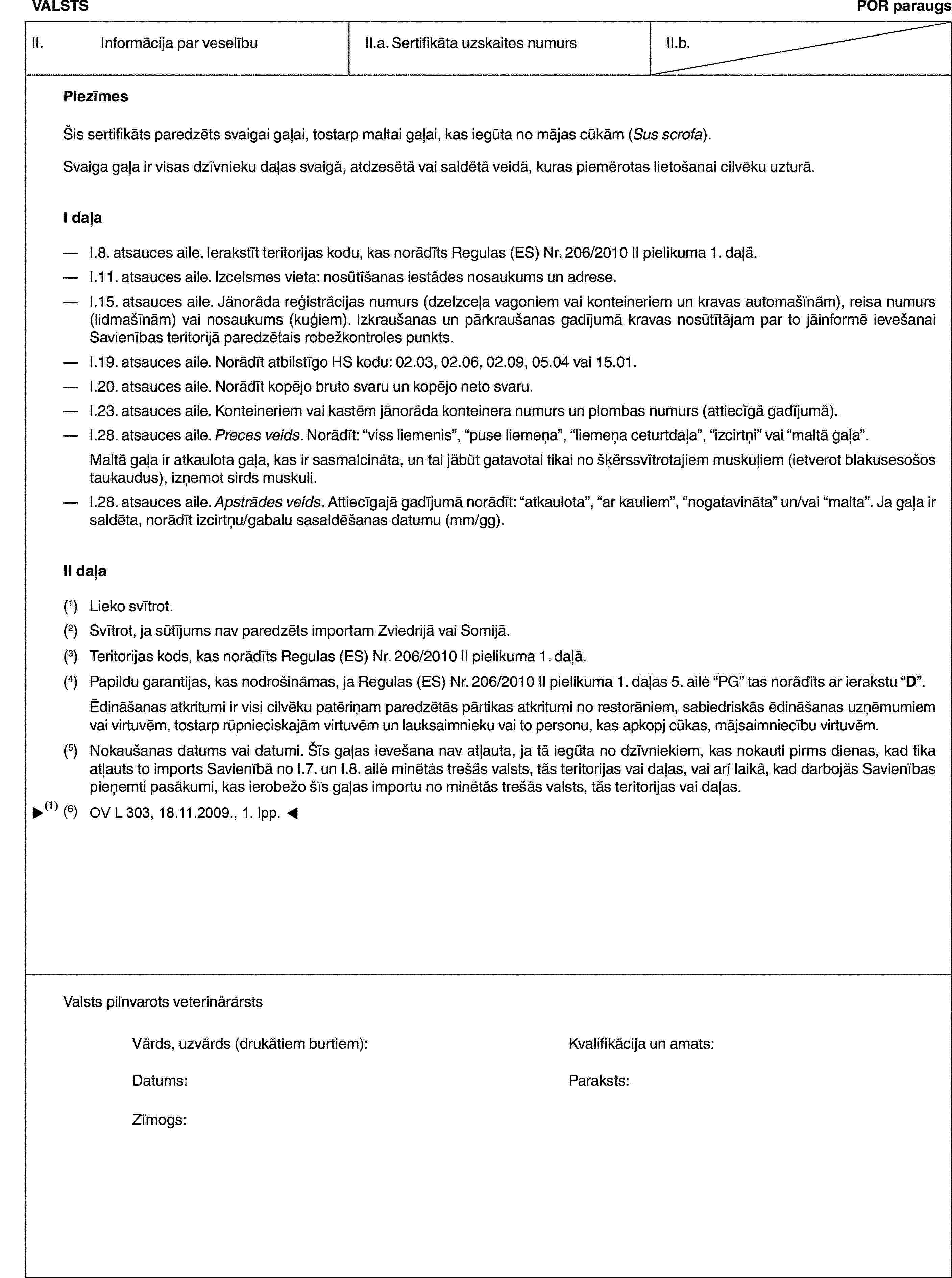 VALSTSPOR paraugsII. Informācija par veselībuII.a. Sertifikāta uzskaites numursII.b.PiezīmesŠis sertifikāts paredzēts svaigai gaļai, tostarp maltai gaļai, kas iegūta no mājas cūkām (Sus scrofa).Svaiga gaļa ir visas dzīvnieku daļas svaigā, atdzesētā vai saldētā veidā, kuras piemērotas lietošanai cilvēku uzturā.I daļa— I.8. atsauces aile. Ierakstīt teritorijas kodu, kas norādīts Regulas (ES) Nr. 206/2010 II pielikuma 1. daļā.— I.11. atsauces aile. Izcelsmes vieta: nosūtīšanas iestādes nosaukums un adrese.— I.15. atsauces aile. Jānorāda reģistrācijas numurs (dzelzceļa vagoniem vai konteineriem un kravas automašīnām), reisa numurs (lidmašīnām) vai nosaukums (kuģiem). Izkraušanas un pārkraušanas gadījumā kravas nosūtītājam par to jāinformē ievešanai Savienības teritorijā paredzētais robežkontroles punkts.— I.19. atsauces aile. Norādīt atbilstīgo HS kodu: 02.03, 02.06, 02.09, 05.04 vai 15.01.— I.20. atsauces aile. Norādīt kopējo bruto svaru un kopējo neto svaru.— I.23. atsauces aile. Konteineriem vai kastēm jānorāda konteinera numurs un plombas numurs (attiecīgā gadījumā).— I.28. atsauces aile. Preces veids. Norādīt: “viss liemenis”, “puse liemeņa”, “liemeņa ceturtdaļa”, “izcirtņi” vai “maltā gaļa”.Maltā gaļa ir atkaulota gaļa, kas ir sasmalcināta, un tai jābūt gatavotai tikai no šķērssvītrotajiem muskuļiem (ietverot blakusesošos taukaudus), izņemot sirds muskuli.— I.28. atsauces aile. Apstrādes veids. Attiecīgajā gadījumā norādīt: “atkaulota”, “ar kauliem”, “nogatavināta” un/vai “malta”. Ja gaļa ir saldēta, norādīt izcirtņu/gabalu sasaldēšanas datumu (mm/gg).II daļa(1) Lieko svītrot.(2) Svītrot, ja sūtījums nav paredzēts importam Zviedrijā vai Somijā.(3) Teritorijas kods, kas norādīts Regulas (ES) Nr. 206/2010 II pielikuma 1. daļā.(4) Papildu garantijas, kas nodrošināmas, ja Regulas (ES) Nr. 206/2010 II pielikuma 1. daļas 5. ailē “PG” tas norādīts ar ierakstu “D”.Ēdināšanas atkritumi ir visi cilvēku patēriņam paredzētās pārtikas atkritumi no restorāniem, sabiedriskās ēdināšanas uzņēmumiem vai virtuvēm, tostarp rūpnieciskajām virtuvēm un lauksaimnieku vai to personu, kas apkopj cūkas, mājsaimniecību virtuvēm.(5) Nokaušanas datums vai datumi. Šīs gaļas ievešana nav atļauta, ja tā iegūta no dzīvniekiem, kas nokauti pirms dienas, kad tika atļauts to imports Savienībā no I.7. un I.8. ailē minētās trešās valsts, tās teritorijas vai daļas, vai arī laikā, kad darbojās Savienības pieņemti pasākumi, kas ierobežo šīs gaļas importu no minētās trešās valsts, tās teritorijas vai daļas.Valsts pilnvarots veterinārārstsVārds, uzvārds (drukātiem burtiem): Kvalifikācija un amats:Datums: Paraksts:Zīmogs: