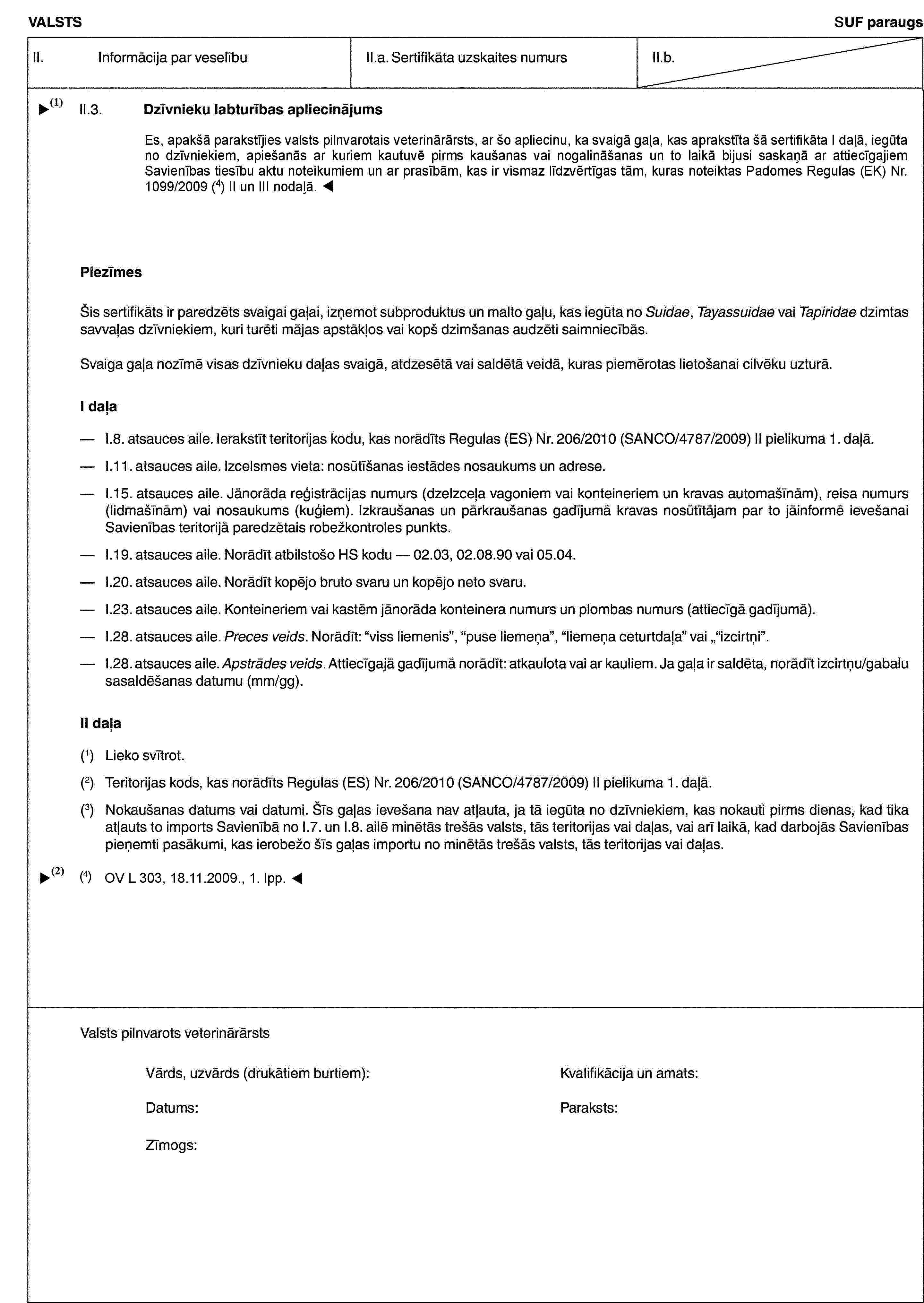 VALSTSSUF paraugsII. Informācija par veselībuII.a. Sertifikāta uzskaites numursII.b.II.3. Dzīvnieku labturības apliecinājumsEs, apakšā parakstījies valsts pilnvarots veterinārārsts, ar šo apliecinu, ka I daļā minētā svaigā gaļa iegūta no dzīvniekiem, kas pirms nokaušanas un nokaušanas vai nonāvēšanas laikā kautuvē turēti saskaņā ar attiecīgajiem Savienības tiesību aktu noteikumiem.PiezīmesŠis sertifikāts ir paredzēts svaigai gaļai, izņemot subproduktus un malto gaļu, kas iegūta no Suidae, Tayassuidae vai Tapiridae dzimtas savvaļas dzīvniekiem, kuri turēti mājas apstākļos vai kopš dzimšanas audzēti saimniecībās.Svaiga gaļa nozīmē visas dzīvnieku daļas svaigā, atdzesētā vai saldētā veidā, kuras piemērotas lietošanai cilvēku uzturā.I daļa— I.8. atsauces aile. Ierakstīt teritorijas kodu, kas norādīts Regulas (ES) Nr. 206/2010 II pielikuma 1. daļā.— I.11. atsauces aile. Izcelsmes vieta: nosūtīšanas iestādes nosaukums un adrese.— I.15. atsauces aile. Jānorāda reģistrācijas numurs (dzelzceļa vagoniem vai konteineriem un kravas automašīnām), reisa numurs (lidmašīnām) vai nosaukums (kuģiem). Izkraušanas un pārkraušanas gadījumā kravas nosūtītājam par to jāinformē ievešanai Savienības teritorijā paredzētais robežkontroles punkts.— I.19. atsauces aile. Norādīt atbilstošo HS kodu — 02.03, 02.08.90 vai 05.04.— I.20. atsauces aile. Norādīt kopējo bruto svaru un kopējo neto svaru.— I.23. atsauces aile. Konteineriem vai kastēm jānorāda konteinera numurs un plombas numurs (attiecīgā gadījumā).— I.28. atsauces aile. Preces veids. Norādīt: “viss liemenis”, “puse liemeņa”, “liemeņa ceturtdaļa” vai „“izcirtņi”.— I.28. atsauces aile. Apstrādes veids. Attiecīgajā gadījumā norādīt: atkaulota vai ar kauliem. Ja gaļa ir saldēta, norādīt izcirtņu/gabalu sasaldēšanas datumu (mm/gg).II daļa(1) Lieko svītrot.(2) Teritorijas kods, kas norādīts Regulas (ES) Nr. 206/2010 II pielikuma 1. daļā.(3) Nokaušanas datums vai datumi. Šīs gaļas ievešana nav atļauta, ja tā iegūta no dzīvniekiem, kas nokauti pirms dienas, kad tika atļauts to imports Savienībā no I.7. un I.8. ailē minētās trešās valsts, tās teritorijas vai daļas, vai arī laikā, kad darbojās Savienības pieņemti pasākumi, kas ierobežo šīs gaļas importu no minētās trešās valsts, tās teritorijas vai daļas.Valsts pilnvarots veterinārārstsVārds, uzvārds (drukātiem burtiem): Kvalifikācija un amats:Datums: Paraksts:Zīmogs: