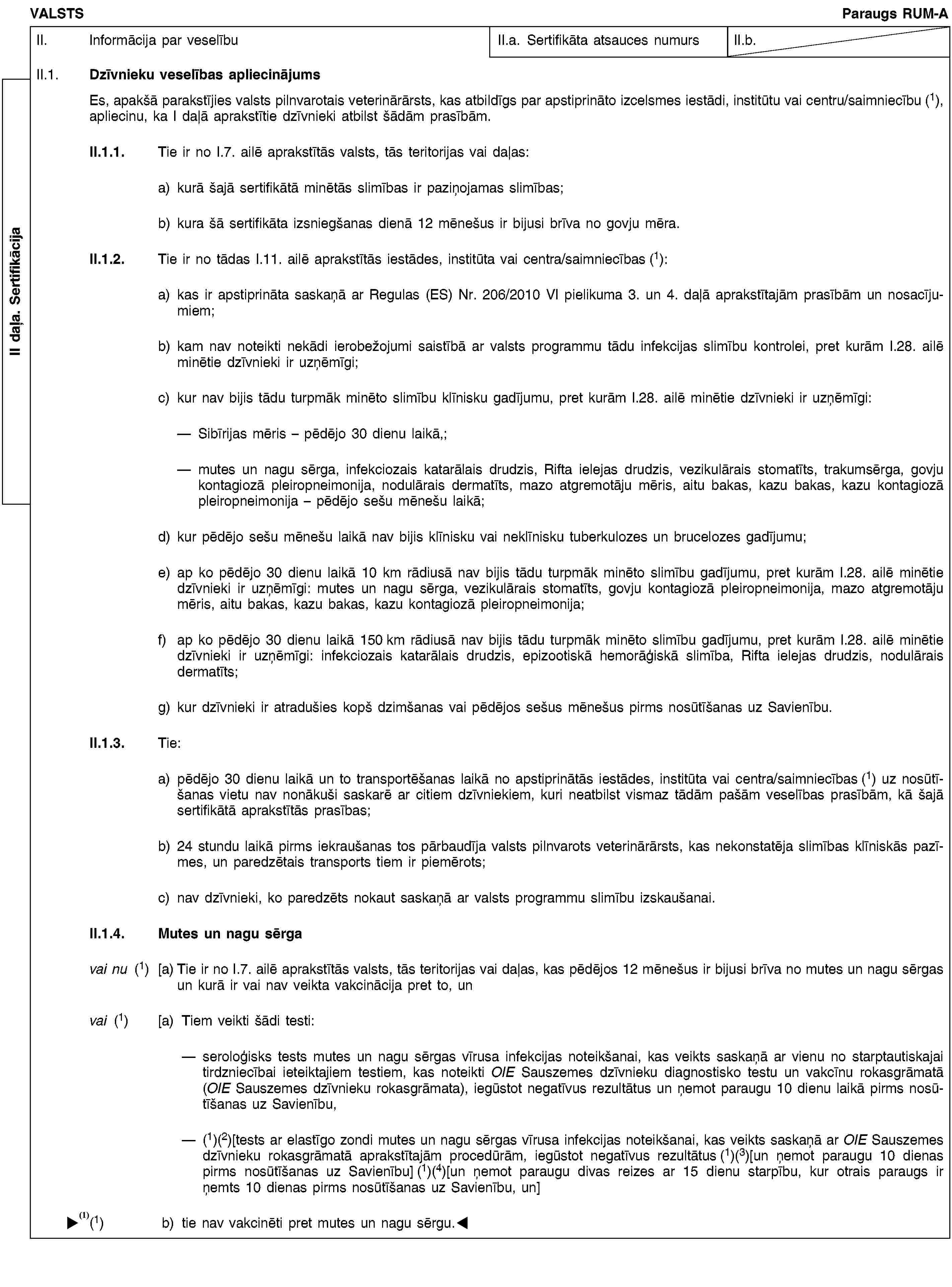 II daļa. SertifikācijaVALSTSParaugs RUM-AII. Informācija par veselībuII.a. Sertifikāta atsauces numursII.b.II.1. Dzīvnieku veselības apliecinājumsEs, apakšā parakstījies valsts pilnvarotais veterinārārsts, kas atbildīgs par apstiprināto izcelsmes iestādi, institūtu vai centru/saimniecību (1), apliecinu, ka I daļā aprakstītie dzīvnieki atbilst šādām prasībām.II.1.1. Tie ir no I.7. ailē aprakstītās valsts, tās teritorijas vai daļas:a) kurā šajā sertifikātā minētās slimības ir paziņojamas slimības;b) kura šā sertifikāta izsniegšanas dienā 12 mēnešus ir bijusi brīva no govju mēra.II.1.2. Tie ir no tādas I.11. ailē aprakstītās iestādes, institūta vai centra/saimniecības (1):a) kas ir apstiprināta saskaņā ar Regulas (ES) Nr. 206/2010 VI pielikuma 3. un 4. daļā aprakstītajām prasībām un nosacījumiem;b) kam nav noteikti nekādi ierobežojumi saistībā ar valsts programmu tādu infekcijas slimību kontrolei, pret kurām I.28. ailē minētie dzīvnieki ir uzņēmīgi;c) kur nav bijis tādu turpmāk minēto slimību klīnisku gadījumu, pret kurām I.28. ailē minētie dzīvnieki ir uzņēmīgi:Sibīrijas mēris – pēdējo 30 dienu laikā,;mutes un nagu sērga, infekciozais katarālais drudzis, Rifta ielejas drudzis, vezikulārais stomatīts, trakumsērga, govju kontagiozā pleiropneimonija, nodulārais dermatīts, mazo atgremotāju mēris, aitu bakas, kazu bakas, kazu kontagiozā pleiropneimonija – pēdējo sešu mēnešu laikā;d) kur pēdējo sešu mēnešu laikā nav bijis klīnisku vai neklīnisku tuberkulozes un brucelozes gadījumu;e) ap ko pēdējo 30 dienu laikā 10 km rādiusā nav bijis tādu turpmāk minēto slimību gadījumu, pret kurām I.28. ailē minētie dzīvnieki ir uzņēmīgi: mutes un nagu sērga, vezikulārais stomatīts, govju kontagiozā pleiropneimonija, mazo atgremotāju mēris, aitu bakas, kazu bakas, kazu kontagiozā pleiropneimonija;f) ap ko pēdējo 30 dienu laikā 150 km rādiusā nav bijis tādu turpmāk minēto slimību gadījumu, pret kurām I.28. ailē minētie dzīvnieki ir uzņēmīgi: infekciozais katarālais drudzis, epizootiskā hemorāģiskā slimība, Rifta ielejas drudzis, nodulārais dermatīts;g) kur dzīvnieki ir atradušies kopš dzimšanas vai pēdējos sešus mēnešus pirms nosūtīšanas uz Savienību.II.1.3. Tie:a) pēdējo 30 dienu laikā un to transportēšanas laikā no apstiprinātās iestādes, institūta vai centra/saimniecības (1) uz nosūtīšanas vietu nav nonākuši saskarē ar citiem dzīvniekiem, kuri neatbilst vismaz tādām pašām veselības prasībām, kā šajā sertifikātā aprakstītās prasības;b) 24 stundu laikā pirms iekraušanas tos pārbaudīja valsts pilnvarots veterinārārsts, kas nekonstatēja slimības klīniskās pazīmes, un paredzētais transports tiem ir piemērots;c) nav dzīvnieki, ko paredzēts nokaut saskaņā ar valsts programmu slimību izskaušanai.II.1.4. Mutes un nagu sērgavai nu (1) [a) Tie ir no I.7. ailē aprakstītās valsts, tās teritorijas vai daļas, kas pēdējos 12 mēnešus ir bijusi brīva no mutes un nagu sērgas un kurā ir vai nav veikta vakcinācija pret to, unvai (1) [a) Tiem veikti šādi testi:seroloģisks tests mutes un nagu sērgas vīrusa infekcijas noteikšanai, kas veikts saskaņā ar vienu no starptautiskajai tirdzniecībai ieteiktajiem testiem, kas noteikti OIE Sauszemes dzīvnieku diagnostisko testu un vakcīnu rokasgrāmatā (OIE Sauszemes dzīvnieku rokasgrāmata), iegūstot negatīvus rezultātus un ņemot paraugu 10 dienu laikā pirms nosūtīšanas uz Savienību,(1)(2)[tests ar elastīgo zondi mutes un nagu sērgas vīrusa infekcijas noteikšanai, kas veikts saskaņā ar OIE Sauszemes dzīvnieku rokasgrāmatā aprakstītajām procedūrām, iegūstot negatīvus rezultātus (1)(3)[un ņemot paraugu 10 dienas pirms nosūtīšanas uz Savienību] (1)(4)[un ņemot paraugu divas reizes ar 15 dienu starpību, kur otrais paraugs ir ņemts 10 dienas pirms nosūtīšanas uz Savienību, un](1) [b) tie nav vakcinēti pret mutes un nagu sērgu.