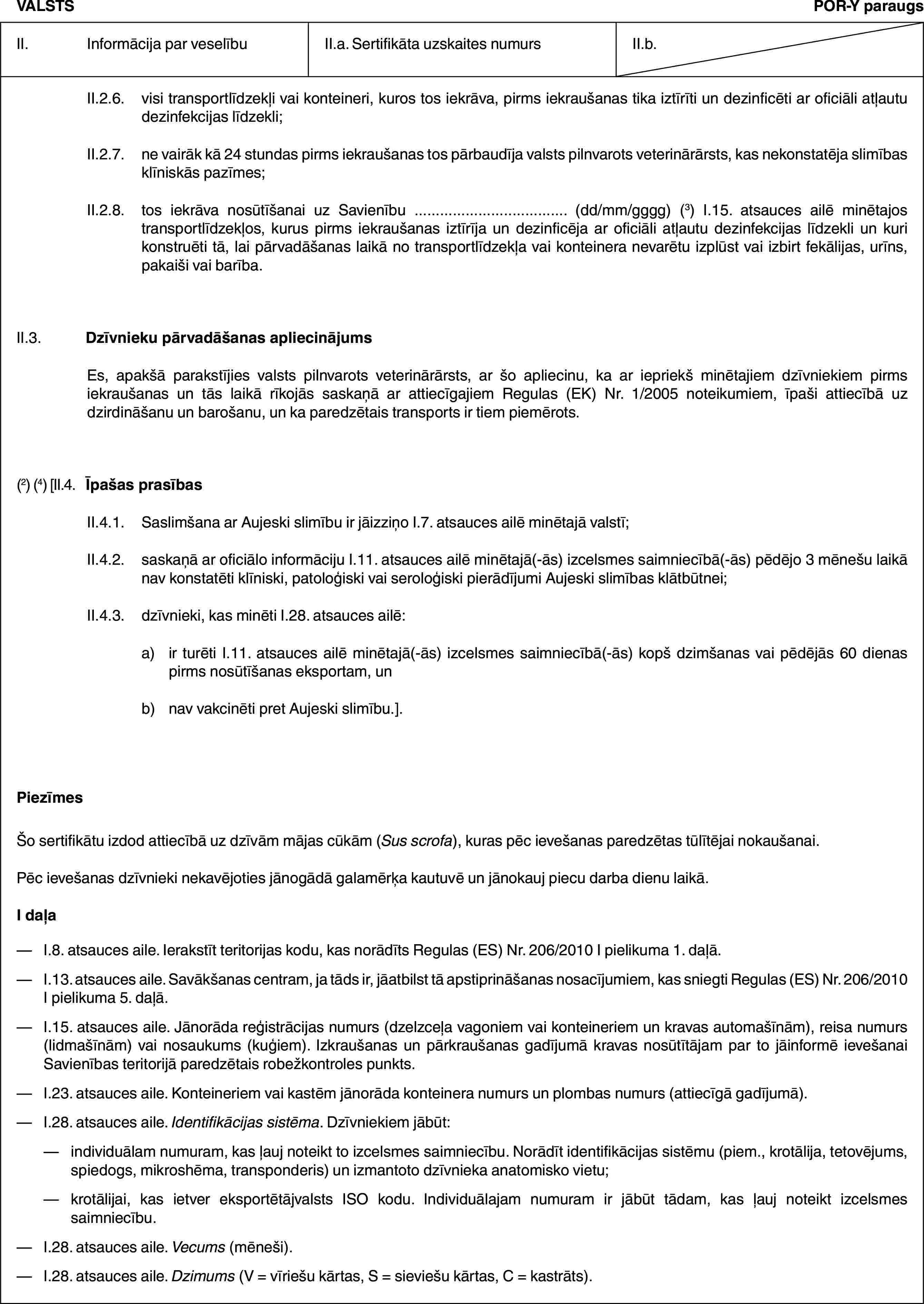 VALSTSPOR-Y paraugsII. Informācija par veselībuII.a. Sertifikāta uzskaites numursII.b.II.2.6. visi transportlīdzekļi vai konteineri, kuros tos iekrāva, pirms iekraušanas tika iztīrīti un dezinficēti ar oficiāli atļautu dezinfekcijas līdzekli;II.2.7. ne vairāk kā 24 stundas pirms iekraušanas tos pārbaudīja valsts pilnvarots veterinārārsts, kas nekonstatēja slimības klīniskās pazīmes;II.2.8. tos iekrāva nosūtīšanai uz Savienību … (dd/mm/gggg) (3) I.15. atsauces ailē minētajos transportlīdzekļos, kurus pirms iekraušanas iztīrīja un dezinficēja ar oficiāli atļautu dezinfekcijas līdzekli un kuri konstruēti tā, lai pārvadāšanas laikā no transportlīdzekļa vai konteinera nevarētu izplūst vai izbirt fekālijas, urīns, pakaiši vai barība.II.3. Dzīvnieku pārvadāšanas apliecinājumsEs, apakšā parakstījies valsts pilnvarots veterinārārsts, ar šo apliecinu, ka ar iepriekš minētajiem dzīvniekiem pirms iekraušanas un tās laikā rīkojās saskaņā ar attiecīgajiem Regulas (EK) Nr. 1/2005 noteikumiem, īpaši attiecībā uz dzirdināšanu un barošanu, un ka paredzētais transports ir tiem piemērots.(2) (4) [II.4. Īpašas prasībasII.4.1. Saslimšana ar Aujeski slimību ir jāizziņo I.7. atsauces ailē minētajā valstī;II.4.2. saskaņā ar oficiālo informāciju I.11. atsauces ailē minētajā(-ās) izcelsmes saimniecībā(-ās) pēdējo 3 mēnešu laikā nav konstatēti klīniski, patoloģiski vai seroloģiski pierādījumi Aujeski slimības klātbūtnei;II.4.3. dzīvnieki, kas minēti I.28. atsauces ailē:a) ir turēti I.11. atsauces ailē minētajā(-ās) izcelsmes saimniecībā(-ās) kopš dzimšanas vai pēdējās 60 dienas pirms nosūtīšanas eksportam, unb) nav vakcinēti pret Aujeski slimību.].PiezīmesŠo sertifikātu izdod attiecībā uz dzīvām mājas cūkām (Sus scrofa), kuras pēc ievešanas paredzētas tūlītējai nokaušanai.Pēc ievešanas dzīvnieki nekavējoties jānogādā galamērķa kautuvē un jānokauj piecu darba dienu laikā.I daļa— I.8. atsauces aile. Ierakstīt teritorijas kodu, kas norādīts Regulas (ES) Nr. 206/2010 I pielikuma 1. daļā.— I.13. atsauces aile. Savākšanas centram, ja tāds ir, jāatbilst tā apstiprināšanas nosacījumiem, kas sniegti Regulas (ES) Nr. 206/2010 I pielikuma 5. daļā.— I.15. atsauces aile. Jānorāda reģistrācijas numurs (dzelzceļa vagoniem vai konteineriem un kravas automašīnām), reisa numurs (lidmašīnām) vai nosaukums (kuģiem). Izkraušanas un pārkraušanas gadījumā kravas nosūtītājam par to jāinformē ievešanai Savienības teritorijā paredzētais robežkontroles punkts.— I.23. atsauces aile. Konteineriem vai kastēm jānorāda konteinera numurs un plombas numurs (attiecīgā gadījumā).— I.28. atsauces aile. Identifikācijas sistēma. Dzīvniekiem jābūt:— individuālam numuram, kas ļauj noteikt to izcelsmes saimniecību. Norādīt identifikācijas sistēmu (piem., krotālija, tetovējums, spiedogs, mikroshēma, transponderis) un izmantoto dzīvnieka anatomisko vietu;— krotālijai, kas ietver eksportētājvalsts ISO kodu. Individuālajam numuram ir jābūt tādam, kas ļauj noteikt izcelsmes saimniecību.— I.28. atsauces aile. Vecums (mēneši).— I.28. atsauces aile. Dzimums (V = vīriešu kārtas, S = sieviešu kārtas, C = kastrāts).