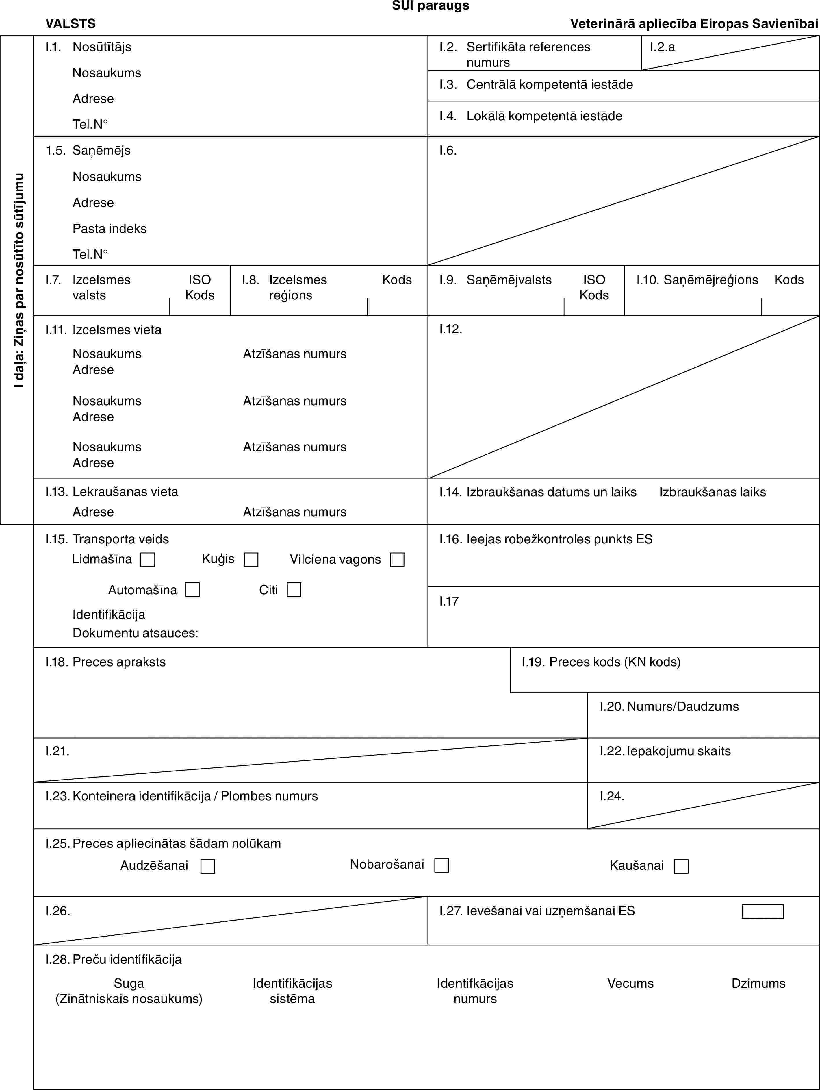 SUI paraugsVALSTSVeterinārā apliecība Eiropas SavienībaiI daļa: Ziņas par nosūtīto sūtījumuI.1. NosūtītājsNosaukumsAdreseTel.N°I.2. Sertifikāta references numursI.2.aI.3. Centrālā kompetentā iestādeI.4. Lokālā kompetentā iestāde1.5. SaņēmējsNosaukumsAdresePasta indeksTel.N°I.6.I.7. Izcelsmes valstsISO KodsI.8. Izcelsmes reģionsKodsI.9. SaņēmējvalstsISO KodsI.10. SaņēmējreģionsKodsI.11. Izcelsmes vietaNosaukumsAdreseNosaukumsAdreseNosaukumsAdreseAtzīšanas numursAtzīšanas numursAtzīšanas numursI.12.I.13. Lekraušanas vietaAdreseAtzīšanas numursI.14. Izbraukšanas datums un laiksIzbraukšanas laiksI.15. Transporta veidsLidmašīnaKuģisVilciena vagonsAutomašīnaCitiIdentifikācijaDokumentu atsauces:I.16. Ieejas robežkontroles punkts ESI.17I.18. Preces aprakstsI.19. Preces kods (KN kods)I.20. Numurs/DaudzumsI.21.I.22. Iepakojumu skaitsI.23. Konteinera identifikācija / Plombes numursI.24.I.25. Preces apliecinātas šādam nolūkamAudzēšanaiNobarošanaiKaušanaiI.26.I.27. Ievešanai vai uzņemšanai ESI.28. Preču identifikācijaSuga (Zinātniskais nosaukums)Identifikācijas sistēmaIdentifkācijas numursVecumsDzimums