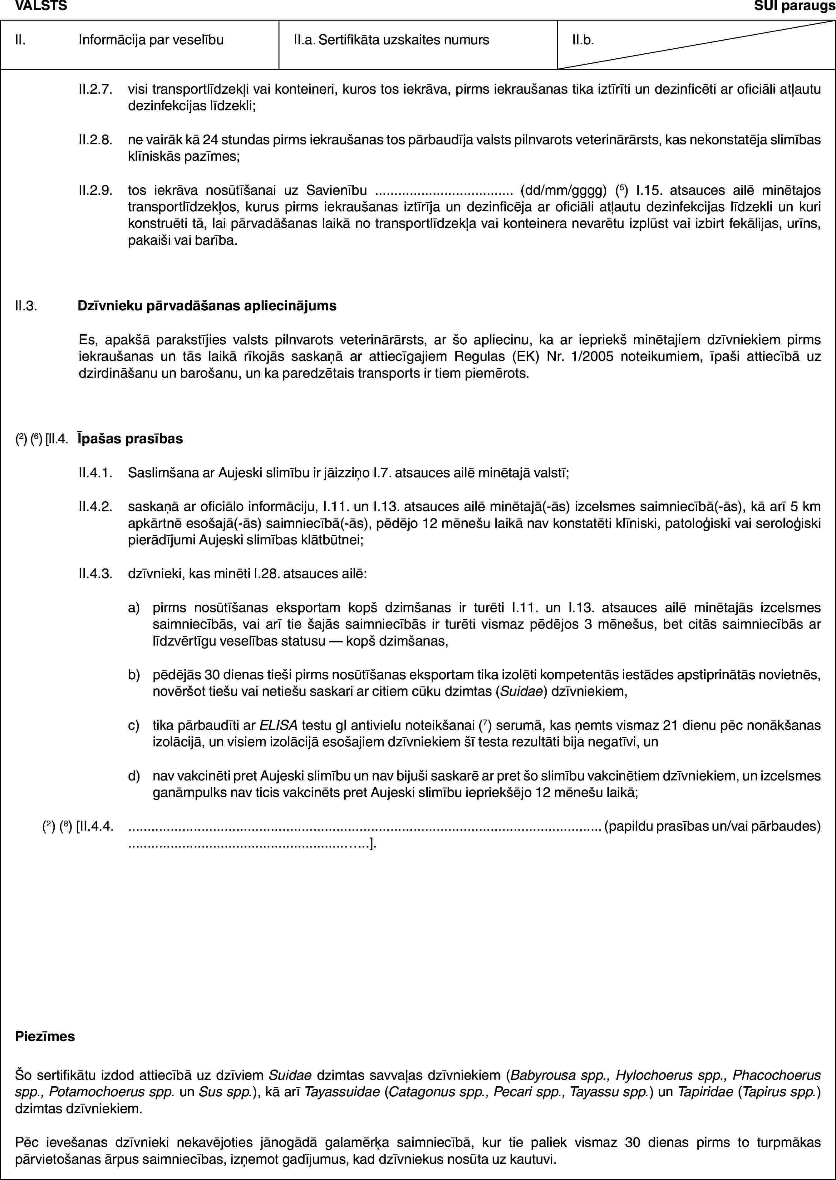 VALSTSSUI paraugsII. Informācija par veselībuII.a. Sertifikāta uzskaites numursII.b.II.2.7. visi transportlīdzekļi vai konteineri, kuros tos iekrāva, pirms iekraušanas tika iztīrīti un dezinficēti ar oficiāli atļautu dezinfekcijas līdzekli;II.2.8. ne vairāk kā 24 stundas pirms iekraušanas tos pārbaudīja valsts pilnvarots veterinārārsts, kas nekonstatēja slimības klīniskās pazīmes;II.2.9. tos iekrāva nosūtīšanai uz Savienību … (dd/mm/gggg) (5) I.15. atsauces ailē minētajos transportlīdzekļos, kurus pirms iekraušanas iztīrīja un dezinficēja ar oficiāli atļautu dezinfekcijas līdzekli un kuri konstruēti tā, lai pārvadāšanas laikā no transportlīdzekļa vai konteinera nevarētu izplūst vai izbirt fekālijas, urīns, pakaiši vai barība.II.3. Dzīvnieku pārvadāšanas apliecinājumsEs, apakšā parakstījies valsts pilnvarots veterinārārsts, ar šo apliecinu, ka ar iepriekš minētajiem dzīvniekiem pirms iekraušanas un tās laikā rīkojās saskaņā ar attiecīgajiem Regulas (EK) Nr. 1/2005 noteikumiem, īpaši attiecībā uz dzirdināšanu un barošanu, un ka paredzētais transports ir tiem piemērots.(2) (6) [II.4. Īpašas prasībasII.4.1. Saslimšana ar Aujeski slimību ir jāizziņo I.7. atsauces ailē minētajā valstī;II.4.2. saskaņā ar oficiālo informāciju, I.11. un I.13. atsauces ailē minētajā(-ās) izcelsmes saimniecībā(-ās), kā arī 5 km apkārtnē esošajā(-ās) saimniecībā(-ās), pēdējo 12 mēnešu laikā nav konstatēti klīniski, patoloģiski vai seroloģiski pierādījumi Aujeski slimības klātbūtnei;II.4.3. dzīvnieki, kas minēti I.28. atsauces ailē:a) pirms nosūtīšanas eksportam kopš dzimšanas ir turēti I.11. un I.13. atsauces ailē minētajās izcelsmes saimniecībās, vai arī tie šajās saimniecībās ir turēti vismaz pēdējos 3 mēnešus, bet citās saimniecībās ar līdzvērtīgu veselības statusu — kopš dzimšanas,b) pēdējās 30 dienas tieši pirms nosūtīšanas eksportam tika izolēti kompetentās iestādes apstiprinātās novietnēs, novēršot tiešu vai netiešu saskari ar citiem cūku dzimtas (Suidae) dzīvniekiem,c) tika pārbaudīti ar ELISA testu gI antivielu noteikšanai (7) serumā, kas ņemts vismaz 21 dienu pēc nonākšanas izolācijā, un visiem izolācijā esošajiem dzīvniekiem šī testa rezultāti bija negatīvi, und) nav vakcinēti pret Aujeski slimību un nav bijuši saskarē ar pret šo slimību vakcinētiem dzīvniekiem, un izcelsmes ganāmpulks nav ticis vakcinēts pret Aujeski slimību iepriekšējo 12 mēnešu laikā;(2) (8) [II.4.4. … (papildu prasības un/vai pārbaudes) …].PiezīmesŠo sertifikātu izdod attiecībā uz dzīviem Suidae dzimtas savvaļas dzīvniekiem (Babyrousa spp., Hylochoerus spp., Phacochoerus spp., Potamochoerus spp. un Sus spp.), kā arī Tayassuidae (Catagonus spp., Pecari spp., Tayassu spp.) un Tapiridae (Tapirus spp.) dzimtas dzīvniekiem.Pēc ievešanas dzīvnieki nekavējoties jānogādā galamērķa saimniecībā, kur tie paliek vismaz 30 dienas pirms to turpmākas pārvietošanas ārpus saimniecības, izņemot gadījumus, kad dzīvniekus nosūta uz kautuvi.