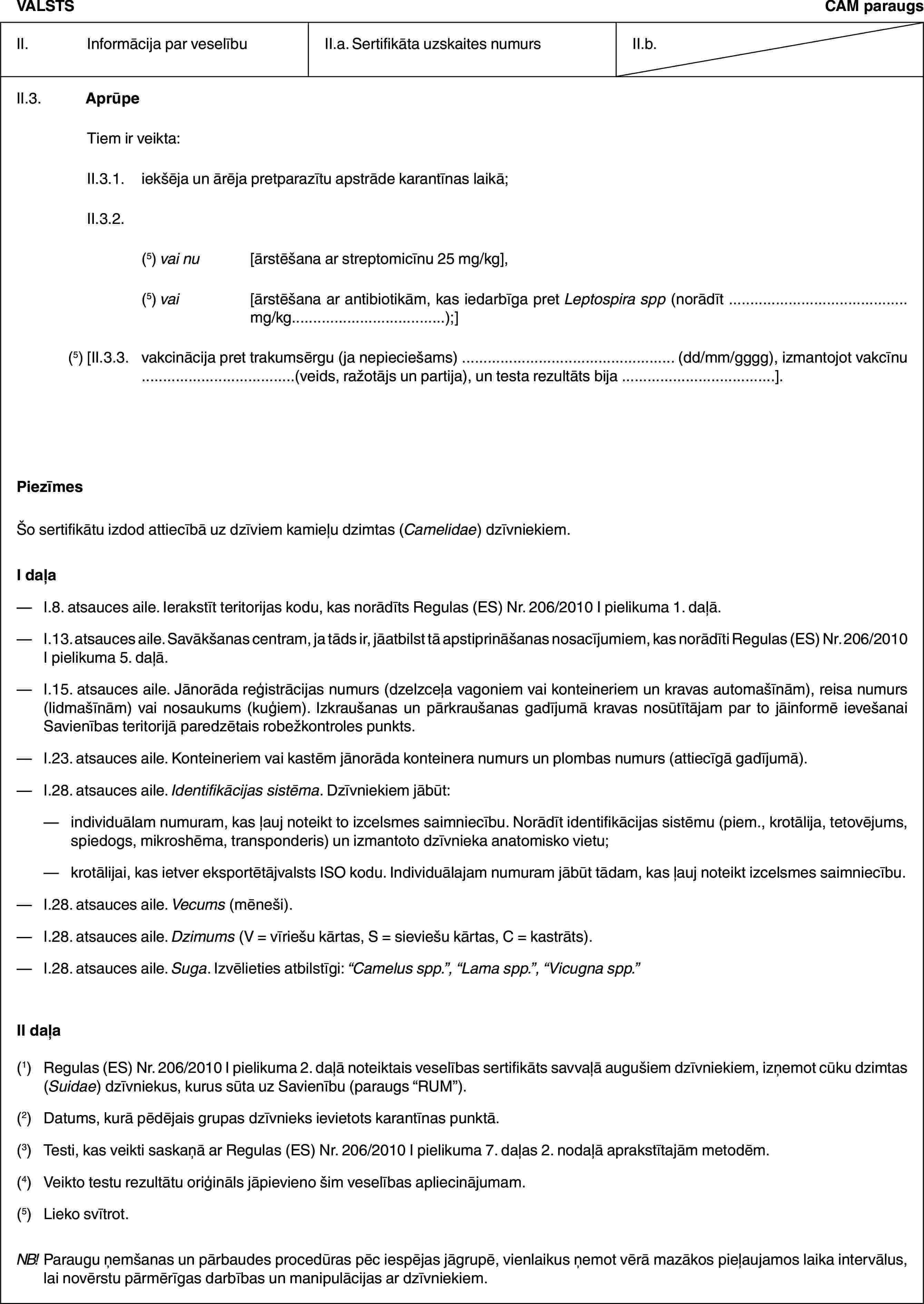 VALSTSCAM paraugsII. Informācija par veselībuII.a. Sertifikāta uzskaites numursII.b.II.3. AprūpeTiem ir veikta:II.3.1. iekšēja un ārēja pretparazītu apstrāde karantīnas laikā;II.3.2.(5) vai nu [ārstēšana ar streptomicīnu 25 mg/kg],(5) vai [ārstēšana ar antibiotikām, kas iedarbīga pret Leptospira spp (norādīt … mg/kg…);](5) [II.3.3. vakcinācija pret trakumsērgu (ja nepieciešams) … (dd/mm/gggg), izmantojot vakcīnu …(veids, ražotājs un partija), un testa rezultāts bija …].PiezīmesŠo sertifikātu izdod attiecībā uz dzīviem kamieļu dzimtas (Camelidae) dzīvniekiem.I daļa— I.8. atsauces aile. Ierakstīt teritorijas kodu, kas norādīts Regulas (ES) Nr. 206/2010 I pielikuma 1. daļā.— I.13. atsauces aile. Savākšanas centram, ja tāds ir, jāatbilst tā apstiprināšanas nosacījumiem, kas norādīti Regulas (ES) Nr. 206/2010 I pielikuma 5. daļā.— I.15. atsauces aile. Jānorāda reģistrācijas numurs (dzelzceļa vagoniem vai konteineriem un kravas automašīnām), reisa numurs (lidmašīnām) vai nosaukums (kuģiem). Izkraušanas un pārkraušanas gadījumā kravas nosūtītājam par to jāinformē ievešanai Savienības teritorijā paredzētais robežkontroles punkts.— I.23. atsauces aile. Konteineriem vai kastēm jānorāda konteinera numurs un plombas numurs (attiecīgā gadījumā).— I.28. atsauces aile. Identifikācijas sistēma. Dzīvniekiem jābūt:— individuālam numuram, kas ļauj noteikt to izcelsmes saimniecību. Norādīt identifikācijas sistēmu (piem., krotālija, tetovējums, spiedogs, mikroshēma, transponderis) un izmantoto dzīvnieka anatomisko vietu;— krotālijai, kas ietver eksportētājvalsts ISO kodu. Individuālajam numuram jābūt tādam, kas ļauj noteikt izcelsmes saimniecību.— I.28. atsauces aile. Vecums (mēneši).— I.28. atsauces aile. Dzimums (V = vīriešu kārtas, S = sieviešu kārtas, C = kastrāts).— I.28. atsauces aile. Suga. Izvēlieties atbilstīgi: “Camelus spp.”, “Lama spp.”, “Vicugna spp.”II daļa(1) Regulas (ES) Nr. 206/2010 I pielikuma 2. daļā noteiktais veselības sertifikāts savvaļā augušiem dzīvniekiem, izņemot cūku dzimtas (Suidae) dzīvniekus, kurus sūta uz Savienību (paraugs “RUM”).(2) Datums, kurā pēdējais grupas dzīvnieks ievietots karantīnas punktā.(3) Testi, kas veikti saskaņā ar Regulas (ES) Nr. 206/2010 I pielikuma 7. daļas 2. nodaļā aprakstītajām metodēm.(4) Veikto testu rezultātu oriģināls jāpievieno šim veselības apliecinājumam.(5) Lieko svītrot.NB! Paraugu ņemšanas un pārbaudes procedūras pēc iespējas jāgrupē, vienlaikus ņemot vērā mazākos pieļaujamos laika intervālus, lai novērstu pārmērīgas darbības un manipulācijas ar dzīvniekiem.