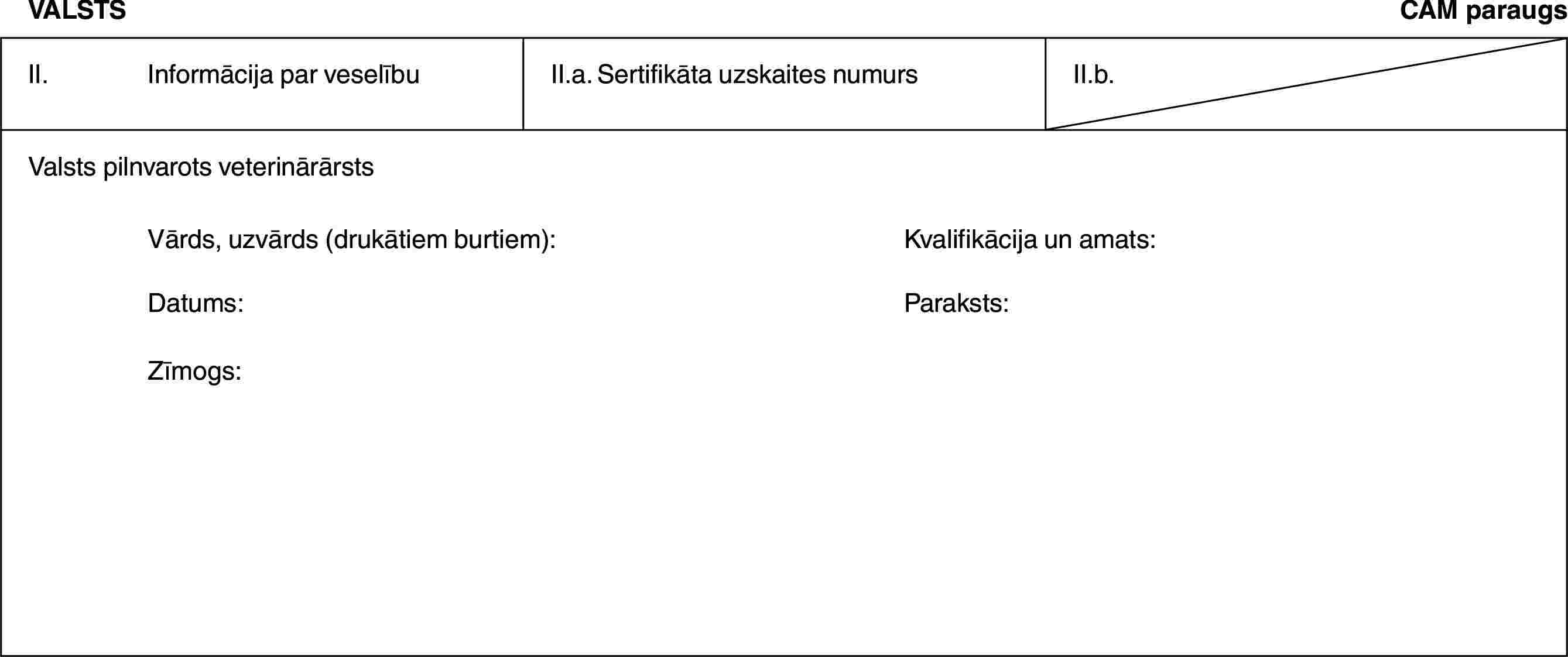 VALSTSCAM paraugsII. Informācija par veselībuII.a. Sertifikāta uzskaites numursII.b.Valsts pilnvarots veterinārārstsVārds, uzvārds (drukātiem burtiem): Kvalifikācija un amats:Datums: Paraksts:Zīmogs: