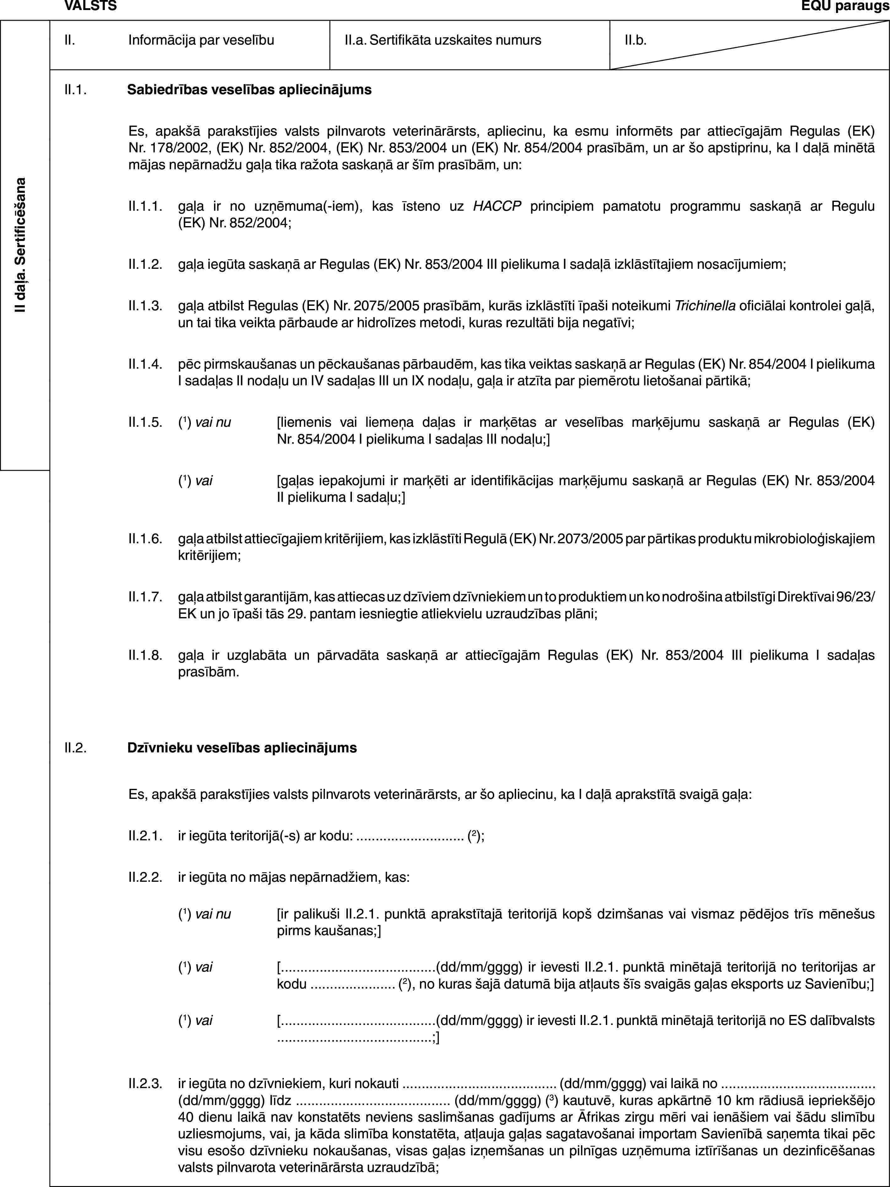 II daļa. SertificēšanaVALSTSEQU paraugsII. Informācija par veselībuII.a. Sertifikāta uzskaites numursII.b.II.1. Sabiedrības veselības apliecinājumsEs, apakšā parakstījies valsts pilnvarots veterinārārsts, apliecinu, ka esmu informēts par attiecīgajām Regulas (EK) Nr. 178/2002, (EK) Nr. 852/2004, (EK) Nr. 853/2004 un (EK) Nr. 854/2004 prasībām, un ar šo apstiprinu, ka I daļā minētā mājas nepārnadžu gaļa tika ražota saskaņā ar šīm prasībām, un:II.1.1. gaļa ir no uzņēmuma(-iem), kas īsteno uz HACCP principiem pamatotu programmu saskaņā ar Regulu (EK) Nr. 852/2004;II.1.2. gaļa iegūta saskaņā ar Regulas (EK) Nr. 853/2004 III pielikuma I sadaļā izklāstītajiem nosacījumiem;II.1.3. gaļa atbilst Regulas (EK) Nr. 2075/2005 prasībām, kurās izklāstīti īpaši noteikumi Trichinella oficiālai kontrolei gaļā, un tai tika veikta pārbaude ar hidrolīzes metodi, kuras rezultāti bija negatīvi;II.1.4. pēc pirmskaušanas un pēckaušanas pārbaudēm, kas tika veiktas saskaņā ar Regulas (EK) Nr. 854/2004 I pielikuma I sadaļas II nodaļu un IV sadaļas III un IX nodaļu, gaļa ir atzīta par piemērotu lietošanai pārtikā;II.1.5. (1) vai nu [liemenis vai liemeņa daļas ir marķētas ar veselības marķējumu saskaņā ar Regulas (EK) Nr. 854/2004 I pielikuma I sadaļas III nodaļu;](1) vai [gaļas iepakojumi ir marķēti ar identifikācijas marķējumu saskaņā ar Regulas (EK) Nr. 853/2004 II pielikuma I sadaļu;]II.1.6. gaļa atbilst attiecīgajiem kritērijiem, kas izklāstīti Regulā (EK) Nr. 2073/2005 par pārtikas produktu mikrobioloģiskajiem kritērijiem;II.1.7. gaļa atbilst garantijām, kas attiecas uz dzīviem dzīvniekiem un to produktiem un ko nodrošina atbilstīgi Direktīvai 96/23/EK un jo īpaši tās 29. pantam iesniegtie atliekvielu uzraudzības plāni;II.1.8. gaļa ir uzglabāta un pārvadāta saskaņā ar attiecīgajām Regulas (EK) Nr. 853/2004 III pielikuma I sadaļas prasībām.II.2. Dzīvnieku veselības apliecinājumsEs, apakšā parakstījies valsts pilnvarots veterinārārsts, ar šo apliecinu, ka I daļā aprakstītā svaigā gaļa:II.2.1. ir iegūta teritorijā(-s) ar kodu: … (2);II.2.2. ir iegūta no mājas nepārnadžiem, kas:(1) vai nu [ir palikuši II.2.1. punktā aprakstītajā teritorijā kopš dzimšanas vai vismaz pēdējos trīs mēnešus pirms kaušanas;](1) vai […(dd/mm/gggg) ir ievesti II.2.1. punktā minētajā teritorijā no teritorijas ar kodu … (2), no kuras šajā datumā bija atļauts šīs svaigās gaļas eksports uz Savienību;](1) vai […(dd/mm/gggg) ir ievesti II.2.1. punktā minētajā teritorijā no ES dalībvalsts …;]II.2.3. ir iegūta no dzīvniekiem, kuri nokauti … (dd/mm/gggg) vai laikā no … (dd/mm/gggg) līdz … (dd/mm/gggg) (3) kautuvē, kuras apkārtnē 10 km rādiusā iepriekšējo 40 dienu laikā nav konstatēts neviens saslimšanas gadījums ar Āfrikas zirgu mēri vai ienāšiem vai šādu slimību uzliesmojums, vai, ja kāda slimība konstatēta, atļauja gaļas sagatavošanai importam Savienībā saņemta tikai pēc visu esošo dzīvnieku nokaušanas, visas gaļas izņemšanas un pilnīgas uzņēmuma iztīrīšanas un dezinficēšanas valsts pilnvarota veterinārārsta uzraudzībā;