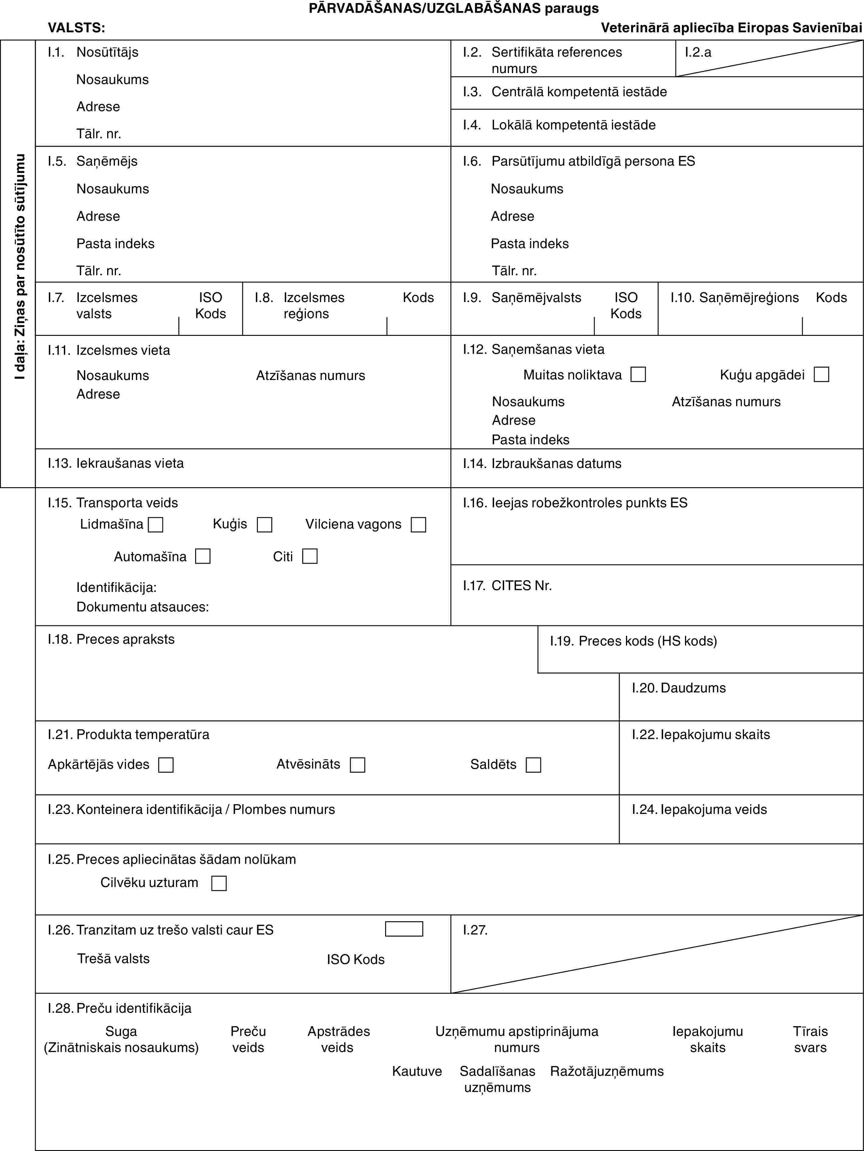 PĀRVADĀŠANAS/UZGLABĀŠANAS paraugsVALSTS:Veterinārā apliecība Eiropas SavienībaiI daļa: Ziņas par nosūtīto sūtījumuI.1. NosūtītājsNosaukumsAdreseTālr. nr.I.2. Sertifikāta references numursI.2.aI.3. Centrālā kompetentā iestādeI.4. Lokālā kompetentā iestādeI.5. SaņēmējsNosaukumsAdresePasta indeksTālr. nr.I.6. Parsūtījumu atbildīgā persona ESNosaukumsAdresePasta indeksTālr. nr.I.7. Izcelsmes valstsISO KodsI.8. Izcelsmes reģionsKodsI.9. SaņēmējvalstsISO KodsI.10. SaņēmējreģionsKodsI.11. Izcelsmes vietaNosaukumsAdreseAtzīšanas numursI.12. Saņemšanas vietaMuitas noliktavaKuģu apgādeiNosaukumsAdresePasta indeksAtzīšanas numursI.13. Iekraušanas vietaI.14. Izbraukšanas datumsI.15. Transporta veidsLidmašīnaKuģisVilciena vagonsAutomašīnaCitiIdentifikācija:Dokumentu atsauces:I.16. Ieejas robežkontroles punkts ESI.17. CITES Nr.I.18. Preces aprakstsI.19. Preces kods (HS kods)I.20. DaudzumsI.21. Produkta temperatūraApkārtējās videsAtvēsinātsSaldētsI.22. Iepakojumu skaitsI.23. Konteinera identifikācija / Plombes numursI.24. Iepakojuma veidsI.25. Preces apliecinātas šādam nolūkamCilvēku uzturamI.26. Tranzitam uz trešo valsti caur ESTrešā valstsISO KodsI.27.I.28. Preču identifikācijaSuga (Zinātniskais nosaukums)Preču veidsApstrādes veidsUzņēmumu apstiprinājuma numursIepakojumu skaitsTīrais svarsKautuveSadalīšanas uzņēmumsRažotājuzņēmums