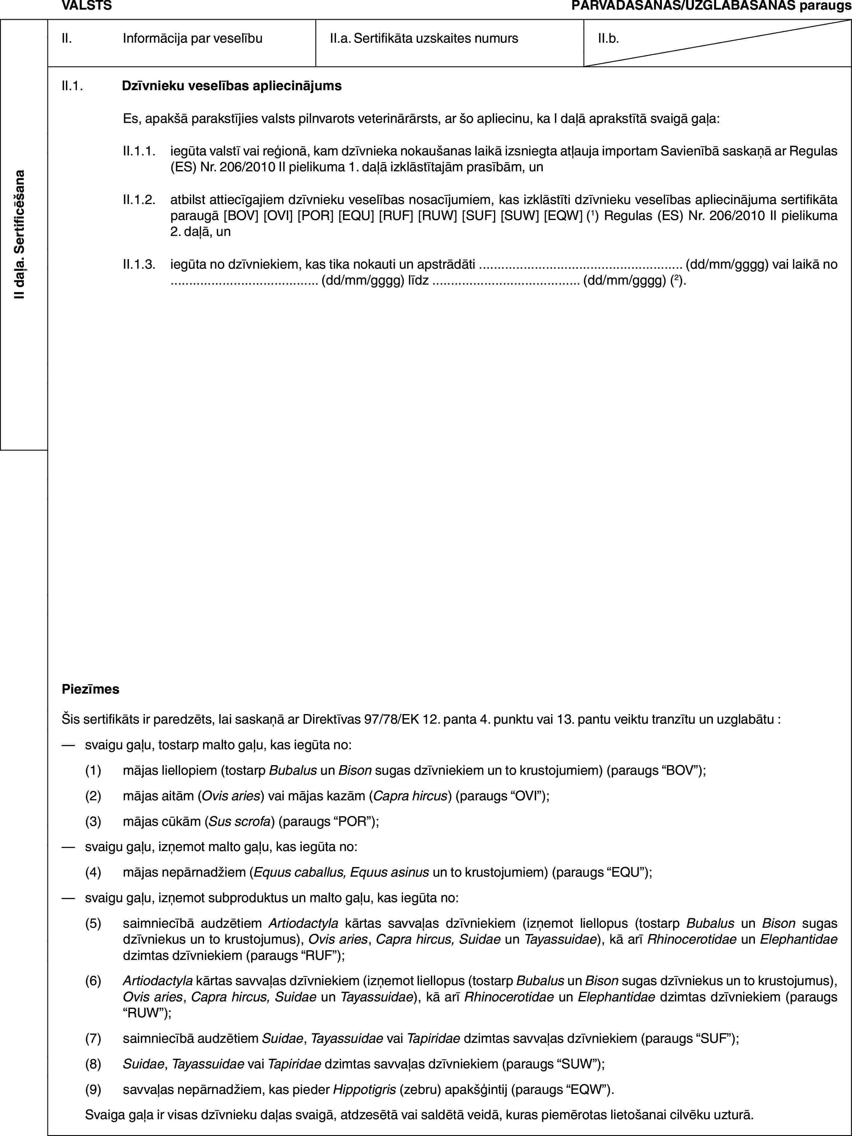 II daļa. SertificēšanaVALSTSPĀRVADĀŠANAS/UZGLABĀŠANAS paraugsII. Informācija par veselībuII.a. Sertifikāta uzskaites numursII.b.II.1. Dzīvnieku veselības apliecinājumsEs, apakšā parakstījies valsts pilnvarots veterinārārsts, ar šo apliecinu, ka I daļā aprakstītā svaigā gaļa:II.1.1. iegūta valstī vai reģionā, kam dzīvnieka nokaušanas laikā izsniegta atļauja importam Savienībā saskaņā ar Regulas (ES) Nr. 206/2010 II pielikuma 1. daļā izklāstītajām prasībām, unII.1.2. atbilst attiecīgajiem dzīvnieku veselības nosacījumiem, kas izklāstīti dzīvnieku veselības apliecinājuma sertifikāta paraugā [BOV] [OVI] [POR] [EQU] [RUF] [RUW] [SUF] [SUW] [EQW] (1) Regulas (ES) Nr. 206/2010 II pielikuma 2. daļā, unII.1.3. iegūta no dzīvniekiem, kas tika nokauti un apstrādāti … (dd/mm/gggg) vai laikā no … (dd/mm/gggg) līdz … (dd/mm/gggg) (2).PiezīmesŠis sertifikāts ir paredzēts, lai saskaņā ar Direktīvas 97/78/EK 12. panta 4. punktu vai 13. pantu veiktu tranzītu un uzglabātu :— svaigu gaļu, tostarp malto gaļu, kas iegūta no:(1) mājas liellopiem (tostarp Bubalus un Bison sugas dzīvniekiem un to krustojumiem) (paraugs “BOV”);(2) mājas aitām (Ovis aries) vai mājas kazām (Capra hircus) (paraugs “OVI”);(3) mājas cūkām (Sus scrofa) (paraugs “POR”);— svaigu gaļu, izņemot malto gaļu, kas iegūta no:(4) mājas nepārnadžiem (Equus caballus, Equus asinus un to krustojumiem) (paraugs “EQU”);— svaigu gaļu, izņemot subproduktus un malto gaļu, kas iegūta no:(5) saimniecībā audzētiem Artiodactyla kārtas savvaļas dzīvniekiem (izņemot liellopus (tostarp Bubalus un Bison sugas dzīvniekus un to krustojumus), Ovis aries, Capra hircus, Suidae un Tayassuidae), kā arī Rhinocerotidae un Elephantidae dzimtas dzīvniekiem (paraugs “RUF”);(6) Artiodactyla kārtas savvaļas dzīvniekiem (izņemot liellopus (tostarp Bubalus un Bison sugas dzīvniekus un to krustojumus), Ovis aries, Capra hircus, Suidae un Tayassuidae), kā arī Rhinocerotidae un Elephantidae dzimtas dzīvniekiem (paraugs “RUW”);(7) saimniecībā audzētiem Suidae, Tayassuidae vai Tapiridae dzimtas savvaļas dzīvniekiem (paraugs “SUF”);(8) Suidae, Tayassuidae vai Tapiridae dzimtas savvaļas dzīvniekiem (paraugs “SUW”);(9) savvaļas nepārnadžiem, kas pieder Hippotigris (zebru) apakšģintij (paraugs “EQW”).Svaiga gaļa ir visas dzīvnieku daļas svaigā, atdzesētā vai saldētā veidā, kuras piemērotas lietošanai cilvēku uzturā.