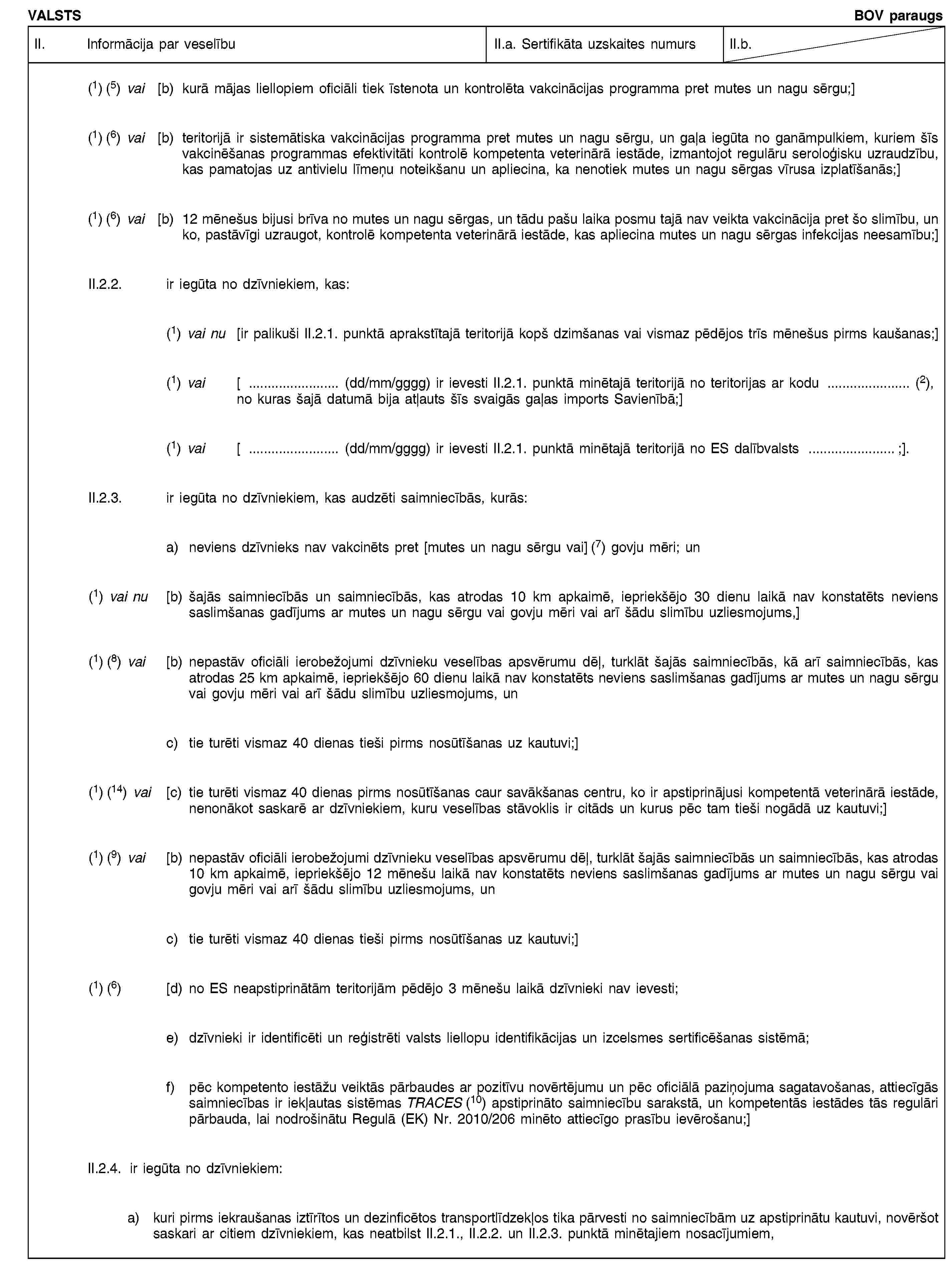 VALSTSBOV paraugsII. Informācija par veselībuII.a. Sertifikāta uzskaites numursII.b.(1) (5) vai [b) kurā mājas liellopiem oficiāli tiek īstenota un kontrolēta vakcinācijas programma pret mutes un nagu sērgu;](1) (6) vai [b) teritorijā ir sistemātiska vakcinācijas programma pret mutes un nagu sērgu, un gaļa iegūta no ganāmpulkiem, kuriem šīs vakcinēšanas programmas efektivitāti kontrolē kompetenta veterinārā iestāde, izmantojot regulāru seroloģisku uzraudzību, kas pamatojas uz antivielu līmeņu noteikšanu un apliecina, ka nenotiek mutes un nagu sērgas vīrusa izplatīšanās;](1) (6) vai [b) 12 mēnešus bijusi brīva no mutes un nagu sērgas, un tādu pašu laika posmu tajā nav veikta vakcinācija pret šo slimību, un ko, pastāvīgi uzraugot, kontrolē kompetenta veterinārā iestāde, kas apliecina mutes un nagu sērgas infekcijas neesamību;]II.2.2. ir iegūta no dzīvniekiem, kas:(1) vai nu[ir palikuši II.2.1. punktā aprakstītajā teritorijā kopš dzimšanas vai vismaz pēdējos trīs mēnešus pirms kaušanas;](1) vai [ … (dd/mm/gggg) ir ievesti II.2.1. punktā minētajā teritorijā no teritorijas ar kodu … (2), no kuras šajā datumā bija atļauts šīs svaigās gaļas imports Savienībā;](1) vai [ … (dd/mm/gggg) ir ievesti II.2.1. punktā minētajā teritorijā no ES dalībvalsts …;].II.2.3. ir iegūta no dzīvniekiem, kas audzēti saimniecībās, kurās:a) neviens dzīvnieks nav vakcinēts pret [mutes un nagu sērgu vai] (7) govju mēri; un(1) vai nu [b) šajās saimniecībās un saimniecībās, kas atrodas 10 km apkaimē, iepriekšējo 30 dienu laikā nav konstatēts neviens saslimšanas gadījums ar mutes un nagu sērgu vai govju mēri vai arī šādu slimību uzliesmojums,](1) (8) vai [b) nepastāv oficiāli ierobežojumi dzīvnieku veselības apsvērumu dēļ, turklāt šajās saimniecībās, kā arī saimniecībās, kas atrodas 25 km apkaimē, iepriekšējo 60 dienu laikā nav konstatēts neviens saslimšanas gadījums ar mutes un nagu sērgu vai govju mēri vai arī šādu slimību uzliesmojums, unc) tie turēti vismaz 40 dienas tieši pirms nosūtīšanas uz kautuvi;](1) (14) vai [c) tie turēti vismaz 40 dienas pirms nosūtīšanas caur savākšanas centru, ko ir apstiprinājusi kompetentā veterinārā iestāde, nenonākot saskarē ar dzīvniekiem, kuru veselības stāvoklis ir citāds un kurus pēc tam tieši nogādā uz kautuvi;](1) (9) vai [b) nepastāv oficiāli ierobežojumi dzīvnieku veselības apsvērumu dēļ, turklāt šajās saimniecībās un saimniecībās, kas atrodas 10 km apkaimē, iepriekšējo 12 mēnešu laikā nav konstatēts neviens saslimšanas gadījums ar mutes un nagu sērgu vai govju mēri vai arī šādu slimību uzliesmojums, unc) tie turēti vismaz 40 dienas tieši pirms nosūtīšanas uz kautuvi;](1) (6) [d) no ES neapstiprinātām teritorijām pēdējo 3 mēnešu laikā dzīvnieki nav ievesti;e) dzīvnieki ir identificēti un reģistrēti valsts liellopu identifikācijas un izcelsmes sertificēšanas sistēmā;f) pēc kompetento iestāžu veiktās pārbaudes ar pozitīvu novērtējumu un pēc oficiālā paziņojuma sagatavošanas, attiecīgās saimniecības ir iekļautas sistēmas TRACES (10) apstiprināto saimniecību sarakstā, un kompetentās iestādes tās regulāri pārbauda, lai nodrošinātu Regulā (EK) Nr. 2010/206 minēto attiecīgo prasību ievērošanu;]II.2.4. ir iegūta no dzīvniekiem:a) kuri pirms iekraušanas iztīrītos un dezinficētos transportlīdzekļos tika pārvesti no saimniecībām uz apstiprinātu kautuvi, novēršot saskari ar citiem dzīvniekiem, kas neatbilst II.2.1., II.2.2. un II.2.3. punktā minētajiem nosacījumiem,