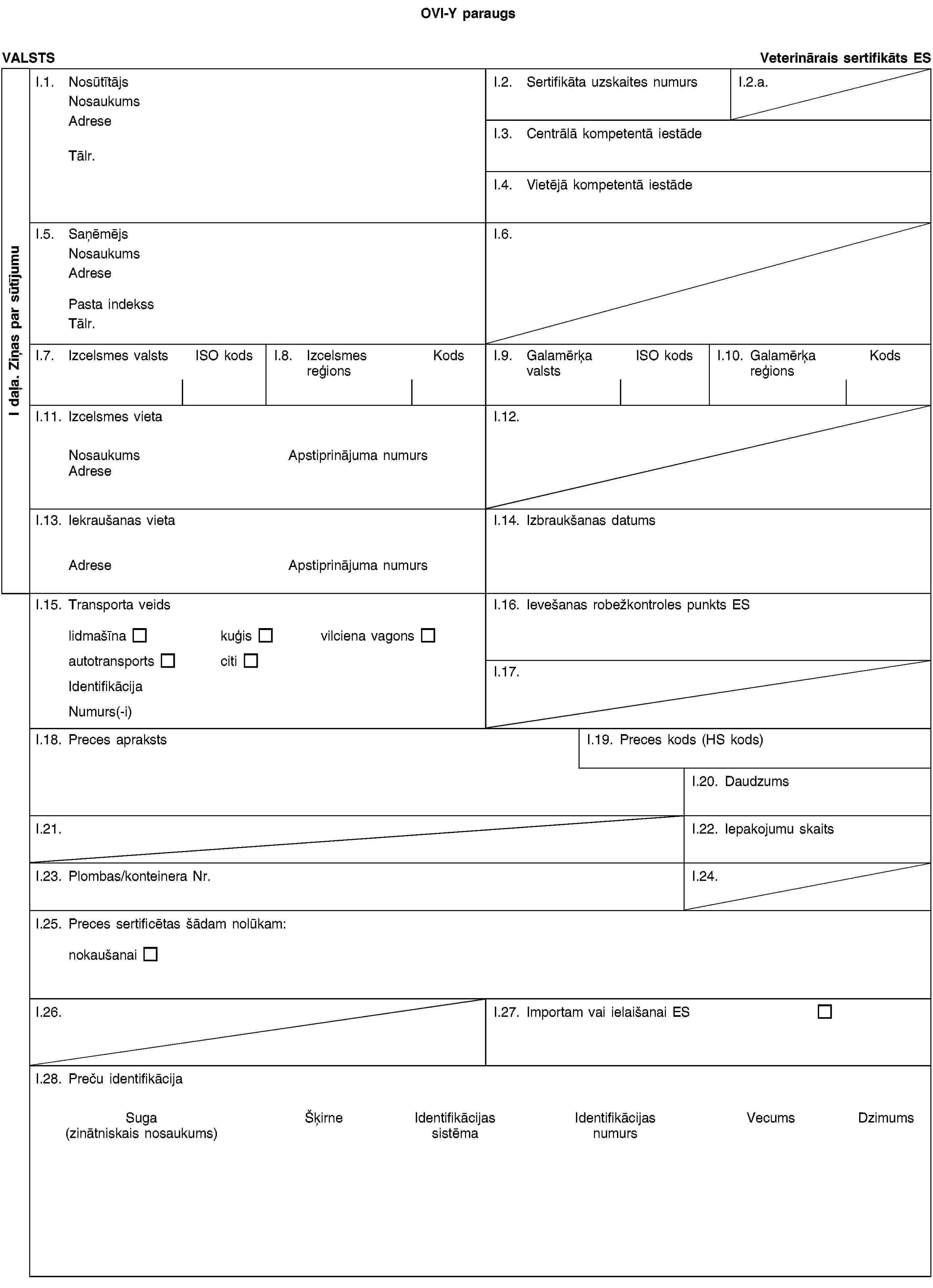 OVI-Y paraugsI daļa. Ziņas par sūtījumuVALSTSVeterinārais sertifikāts ESI.1. NosūtītājsNosaukumsAdreseTālr.I.2. Sertifikāta uzskaites numursI.2.a.I.3. Centrālā kompetentā iestādeI.4. Vietējā kompetentā iestādeI.5. SaņēmējsNosaukumsAdresePasta indekssTālr.I.6.I.7. Izcelsmes valstsISO kodsI.8. Izcelsmes reģionsKodsI.9. Galamērķa valstsISO kodsI.10. Galamērķa reģionsKodsI.11. Izcelsmes vietaNosaukumsApstiprinājuma numursAdreseI.12.I.13. Iekraušanas vietaAdreseApstiprinājuma numursI.14. Izbraukšanas datumsI.15. Transporta veidslidmašīnakuģisvilciena vagonsautotransportscitiIdentifikācijaNumurs(-i)I.16. Ievešanas robežkontroles punkts ESI.17.I.18. Preces aprakstsI.19. Preces kods (HS kods)I.20. DaudzumsI.21.I.22. Iepakojumu skaitsI.23. Plombas/konteinera Nr.I.24.I.25. Preces sertificētas šādam nolūkam:nokaušanaiI.26.I.27. Importam vai ielaišanai ESI.28. Preču identifikācijaSuga(zinātniskais nosaukums)ŠķirneIdentifikācijas sistēmaIdentifikācijas numursVecumsDzimums