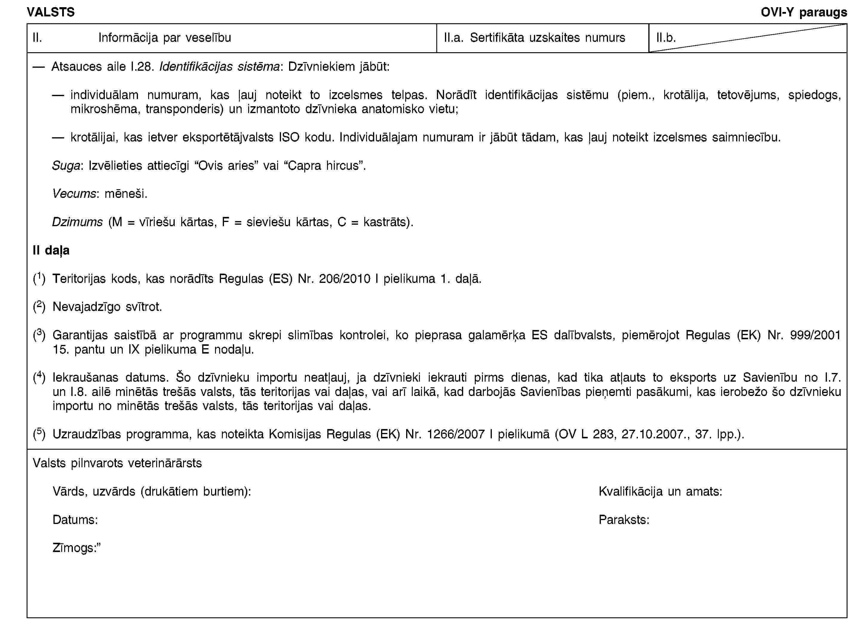 VALSTSOVI-Y paraugsII. Informācija par veselībuII.a. Sertifikāta uzskaites numursII.b.Atsauces aile I.28. Identifikācijas sistēma: Dzīvniekiem jābūt:individuālam numuram, kas ļauj noteikt to izcelsmes telpas. Norādīt identifikācijas sistēmu (piem., krotālija, tetovējums, spiedogs, mikroshēma, transponderis) un izmantoto dzīvnieka anatomisko vietu;krotālijai, kas ietver eksportētājvalsts ISO kodu. Individuālajam numuram ir jābūt tādam, kas ļauj noteikt izcelsmes saimniecību.Suga: Izvēlieties attiecīgi “Ovis aries” vai “Capra hircus”.Vecums: mēneši.Dzimums (M = vīriešu kārtas, F = sieviešu kārtas, C = kastrāts).II daļa(1) Teritorijas kods, kas norādīts Regulas (ES) Nr. 206/2010 I pielikuma 1. daļā.(2) Nevajadzīgo svītrot.(3) Garantijas saistībā ar programmu skrepi slimības kontrolei, ko pieprasa galamērķa ES dalībvalsts, piemērojot Regulas (EK) Nr. 999/2001 15. pantu un IX pielikuma E nodaļu.(4) Iekraušanas datums. Šo dzīvnieku importu neatļauj, ja dzīvnieki iekrauti pirms dienas, kad tika atļauts to eksports uz Savienību no I.7. un I.8. ailē minētās trešās valsts, tās teritorijas vai daļas, vai arī laikā, kad darbojās Savienības pieņemti pasākumi, kas ierobežo šo dzīvnieku importu no minētās trešās valsts, tās teritorijas vai daļas.(5) Uzraudzības programma, kas noteikta Komisijas Regulas (EK) Nr. 1266/2007 I pielikumā (OV L 283, 27.10.2007., 37. lpp.).Valsts pilnvarots veterinārārstsVārds, uzvārds (drukātiem burtiem):Kvalifikācija un amats:Datums:Paraksts:Zīmogs: