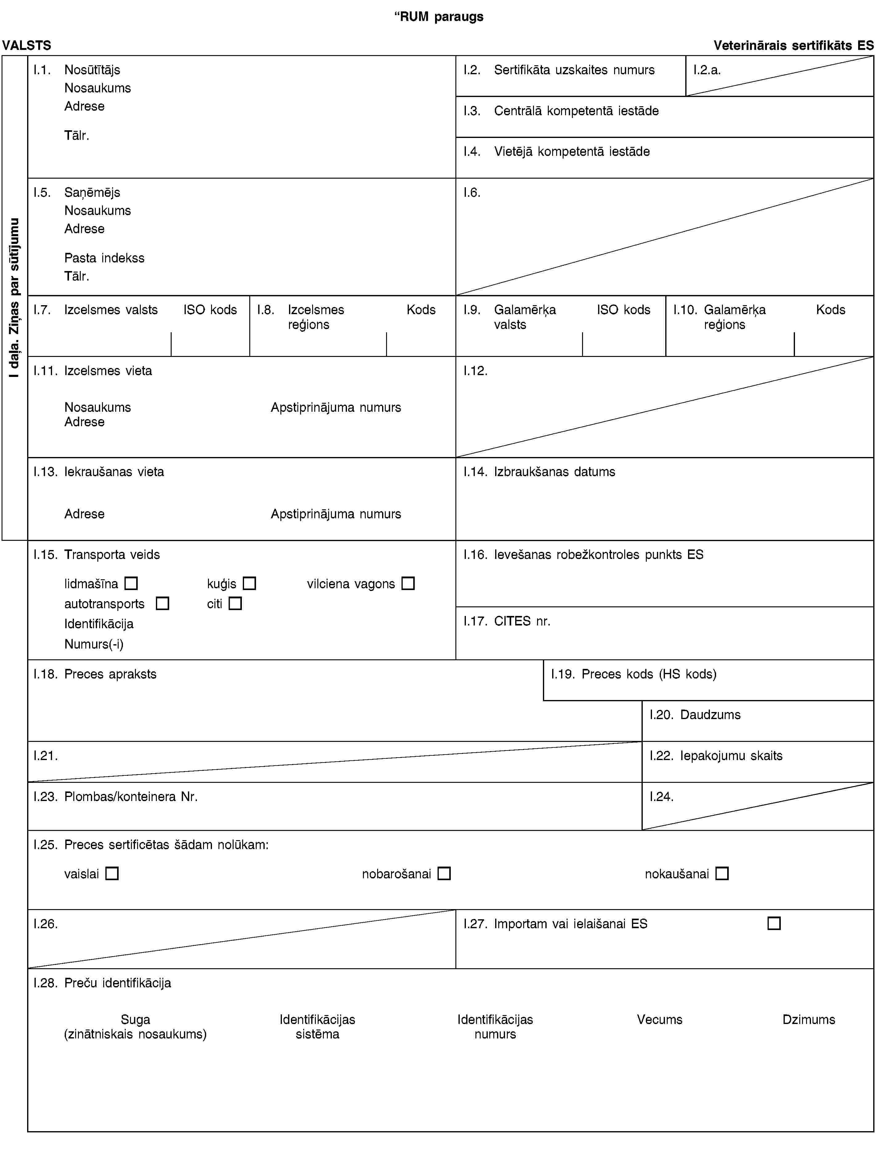 RUM paraugsI daļa. Ziņas par sūtījumuVALSTSVeterinārais sertifikāts ESI.1. NosūtītājsNosaukumsAdreseTālr.I.2. Sertifikāta uzskaites numursI.2.a.I.3. Centrālā kompetentā iestādeI.4. Vietējā kompetentā iestādeI.5. SaņēmējsNosaukumsAdresePasta indekssTālr.I.6.I.7. Izcelsmes valstsISO kodsI.8. Izcelsmes reģionsKodsI.9. Galamērķa valstsISO kodsI.10. Galamērķa reģionsKodsI.11. Izcelsmes vietaNosaukumsApstiprinājuma numursAdreseI.12.I.13. Iekraušanas vietaAdreseApstiprinājuma numursI.14. Izbraukšanas datumsI.15. Transporta veidslidmašīnakuģisvilciena vagonsautotransportscitiIdentifikācijaNumurs(-i)I.16. Ievešanas robežkontroles punkts ESI.17. CITES nr.I.18. Preces aprakstsI.19. Preces kods (HS kods)I.20. DaudzumsI.21.I.22. Iepakojumu skaitsI.23. Plombas/konteinera Nr.I.24.I.25. Preces sertificētas šādam nolūkam:vaislainobarošanainokaušanaiI.26.I.27. Importam vai ielaišanai ESI.28. Preču identifikācijaSuga(zinātniskais nosaukums)Identifikācijas sistēmaIdentifikācijas numursVecumsDzimums