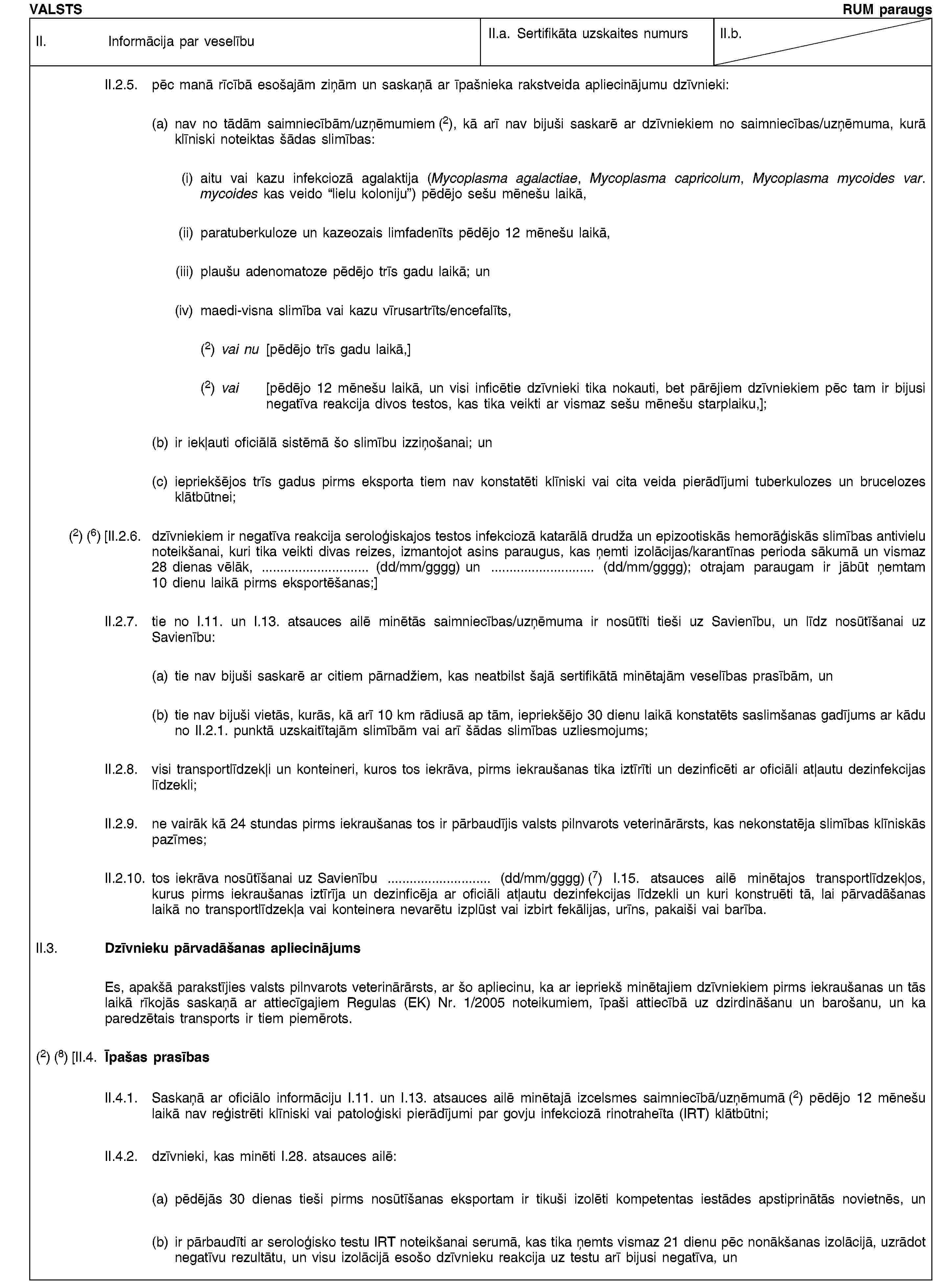 VALSTSRUM paraugsII. Informācija par veselībuII.a. Sertifikāta uzskaites numursII.b.II.2.5. pēc manā rīcībā esošajām ziņām un saskaņā ar īpašnieka rakstveida apliecinājumu dzīvnieki:(a) nav no tādām saimniecībām/uzņēmumiem (2), kā arī nav bijuši saskarē ar dzīvniekiem no saimniecības/uzņēmuma, kurā klīniski noteiktas šādas slimības:(i) aitu vai kazu infekciozā agalaktija (Mycoplasma agalactiae, Mycoplasma capricolum, Mycoplasma mycoides var. mycoides kas veido “lielu koloniju”) pēdējo sešu mēnešu laikā,(ii) paratuberkuloze un kazeozais limfadenīts pēdējo 12 mēnešu laikā,(iii) plaušu adenomatoze pēdējo trīs gadu laikā; un(iv) maedi-visna slimība vai kazu vīrusartrīts/encefalīts,(2) vai nu [pēdējo trīs gadu laikā,](2) vai [pēdējo 12 mēnešu laikā, un visi inficētie dzīvnieki tika nokauti, bet pārējiem dzīvniekiem pēc tam ir bijusi negatīva reakcija divos testos, kas tika veikti ar vismaz sešu mēnešu starplaiku,];(b) ir iekļauti oficiālā sistēmā šo slimību izziņošanai; un(c) iepriekšējos trīs gadus pirms eksporta tiem nav konstatēti klīniski vai cita veida pierādījumi tuberkulozes un brucelozes klātbūtnei;(2) (6) [II.2.6. dzīvniekiem ir negatīva reakcija seroloģiskajos testos infekciozā katarālā drudža un epizootiskās hemorāģiskās slimības antivielu noteikšanai, kuri tika veikti divas reizes, izmantojot asins paraugus, kas ņemti izolācijas/karantīnas perioda sākumā un vismaz 28 dienas vēlāk, … (dd/mm/gggg) un … (dd/mm/gggg); otrajam paraugam ir jābūt ņemtam 10 dienu laikā pirms eksportēšanas;]II.2.7. tie no I.11. un I.13. atsauces ailē minētās saimniecības/uzņēmuma ir nosūtīti tieši uz Savienību, un līdz nosūtīšanai uz Savienību:(a) tie nav bijuši saskarē ar citiem pārnadžiem, kas neatbilst šajā sertifikātā minētajām veselības prasībām, un(b) tie nav bijuši vietās, kurās, kā arī 10 km rādiusā ap tām, iepriekšējo 30 dienu laikā konstatēts saslimšanas gadījums ar kādu no II.2.1. punktā uzskaitītajām slimībām vai arī šādas slimības uzliesmojums;II.2.8. visi transportlīdzekļi un konteineri, kuros tos iekrāva, pirms iekraušanas tika iztīrīti un dezinficēti ar oficiāli atļautu dezinfekcijas līdzekli;II.2.9. ne vairāk kā 24 stundas pirms iekraušanas tos ir pārbaudījis valsts pilnvarots veterinārārsts, kas nekonstatēja slimības klīniskās pazīmes;II.2.10. tos iekrāva nosūtīšanai uz Savienību … (dd/mm/gggg) (7) I.15. atsauces ailē minētajos transportlīdzekļos, kurus pirms iekraušanas iztīrīja un dezinficēja ar oficiāli atļautu dezinfekcijas līdzekli un kuri konstruēti tā, lai pārvadāšanas laikā no transportlīdzekļa vai konteinera nevarētu izplūst vai izbirt fekālijas, urīns, pakaiši vai barība.II.3. Dzīvnieku pārvadāšanas apliecinājumsEs, apakšā parakstījies valsts pilnvarots veterinārārsts, ar šo apliecinu, ka ar iepriekš minētajiem dzīvniekiem pirms iekraušanas un tās laikā rīkojās saskaņā ar attiecīgajiem Regulas (EK) Nr. 1/2005 noteikumiem, īpaši attiecībā uz dzirdināšanu un barošanu, un ka paredzētais transports ir tiem piemērots.(2) (8) [II.4. Īpašas prasībasII.4.1. Saskaņā ar oficiālo informāciju I.11. un I.13. atsauces ailē minētajā izcelsmes saimniecībā/uzņēmumā (2) pēdējo 12 mēnešu laikā nav reģistrēti klīniski vai patoloģiski pierādījumi par govju infekciozā rinotraheīta (IRT) klātbūtni;II.4.2. dzīvnieki, kas minēti I.28. atsauces ailē:(a) pēdējās 30 dienas tieši pirms nosūtīšanas eksportam ir tikuši izolēti kompetentas iestādes apstiprinātās novietnēs, un(b) ir pārbaudīti ar seroloģisko testu IRT noteikšanai serumā, kas tika ņemts vismaz 21 dienu pēc nonākšanas izolācijā, uzrādot negatīvu rezultātu, un visu izolācijā esošo dzīvnieku reakcija uz testu arī bijusi negatīva, un
