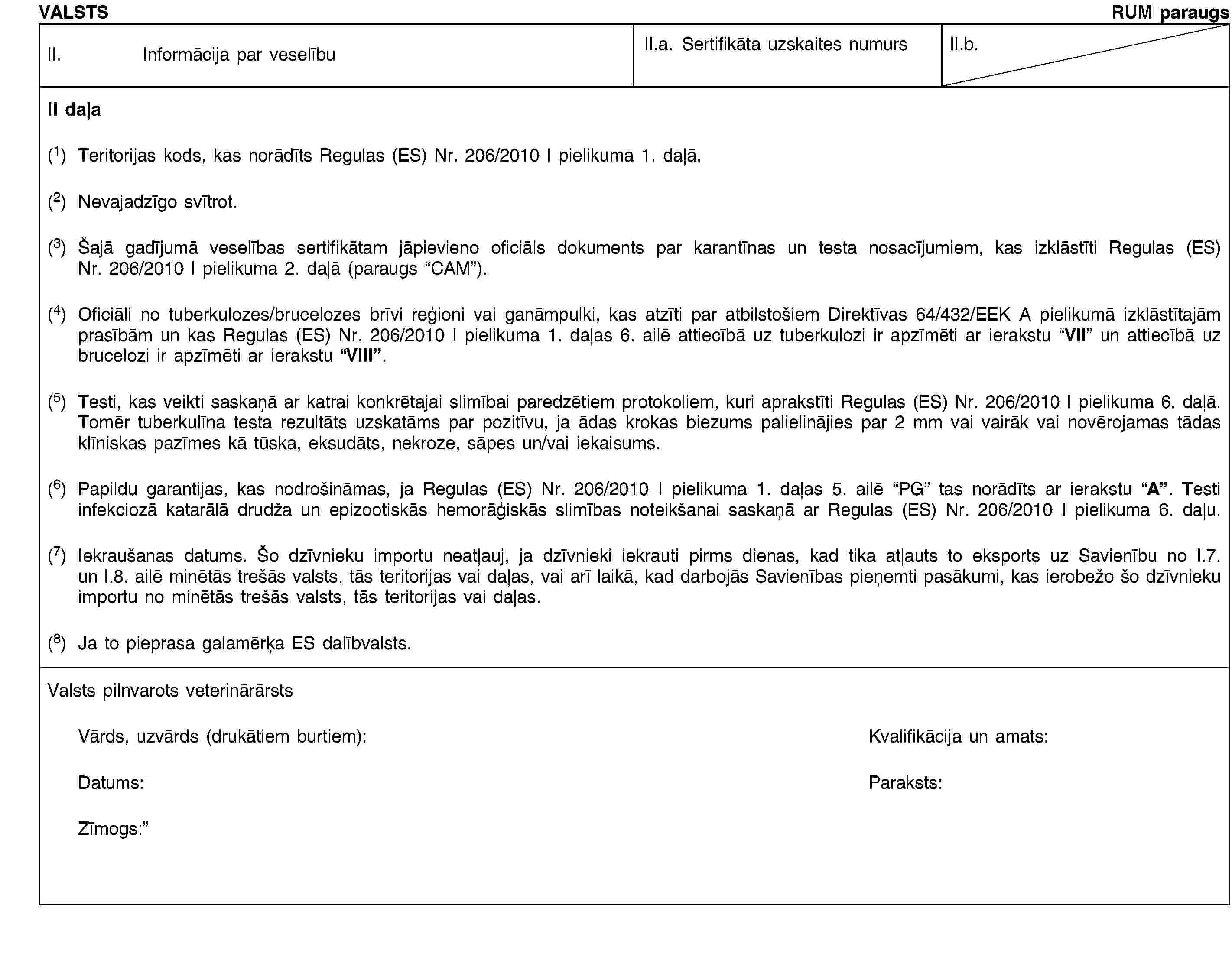 VALSTSRUM paraugsII. Informācija par veselībuII.a. Sertifikāta uzskaites numursII.b.II daļa(1) Teritorijas kods, kas norādīts Regulas (ES) Nr. 206/2010 I pielikuma 1. daļā.(2) Nevajadzīgo svītrot.(3) Šajā gadījumā veselības sertifikātam jāpievieno oficiāls dokuments par karantīnas un testa nosacījumiem, kas izklāstīti Regulas (ES) Nr. 206/2010 I pielikuma 2. daļā (paraugs “CAM”).(4) Oficiāli no tuberkulozes/brucelozes brīvi reģioni vai ganāmpulki, kas atzīti par atbilstošiem Direktīvas 64/432/EEK A pielikumā izklāstītajām prasībām un kas Regulas (ES) Nr. 206/2010 I pielikuma 1. daļas 6. ailē attiecībā uz tuberkulozi ir apzīmēti ar ierakstu “VII” un attiecībā uz brucelozi ir apzīmēti ar ierakstu “VIII”.(5) Testi, kas veikti saskaņā ar katrai konkrētajai slimībai paredzētiem protokoliem, kuri aprakstīti Regulas (ES) Nr. 206/2010 I pielikuma 6. daļā. Tomēr tuberkulīna testa rezultāts uzskatāms par pozitīvu, ja ādas krokas biezums palielinājies par 2 mm vai vairāk vai novērojamas tādas klīniskas pazīmes kā tūska, eksudāts, nekroze, sāpes un/vai iekaisums.(6) Papildu garantijas, kas nodrošināmas, ja Regulas (ES) Nr. 206/2010 I pielikuma 1. daļas 5. ailē “PG” tas norādīts ar ierakstu “A”. Testi infekciozā katarālā drudža un epizootiskās hemorāģiskās slimības noteikšanai saskaņā ar Regulas (ES) Nr. 206/2010 I pielikuma 6. daļu.(7) Iekraušanas datums. Šo dzīvnieku importu neatļauj, ja dzīvnieki iekrauti pirms dienas, kad tika atļauts to eksports uz Savienību no I.7. un I.8. ailē minētās trešās valsts, tās teritorijas vai daļas, vai arī laikā, kad darbojās Savienības pieņemti pasākumi, kas ierobežo šo dzīvnieku importu no minētās trešās valsts, tās teritorijas vai daļas.(8) Ja to pieprasa galamērķa ES dalībvalsts.Valsts pilnvarots veterinārārstsVārds, uzvārds (drukātiem burtiem):Kvalifikācija un amats:Datums:Paraksts:Zīmogs: