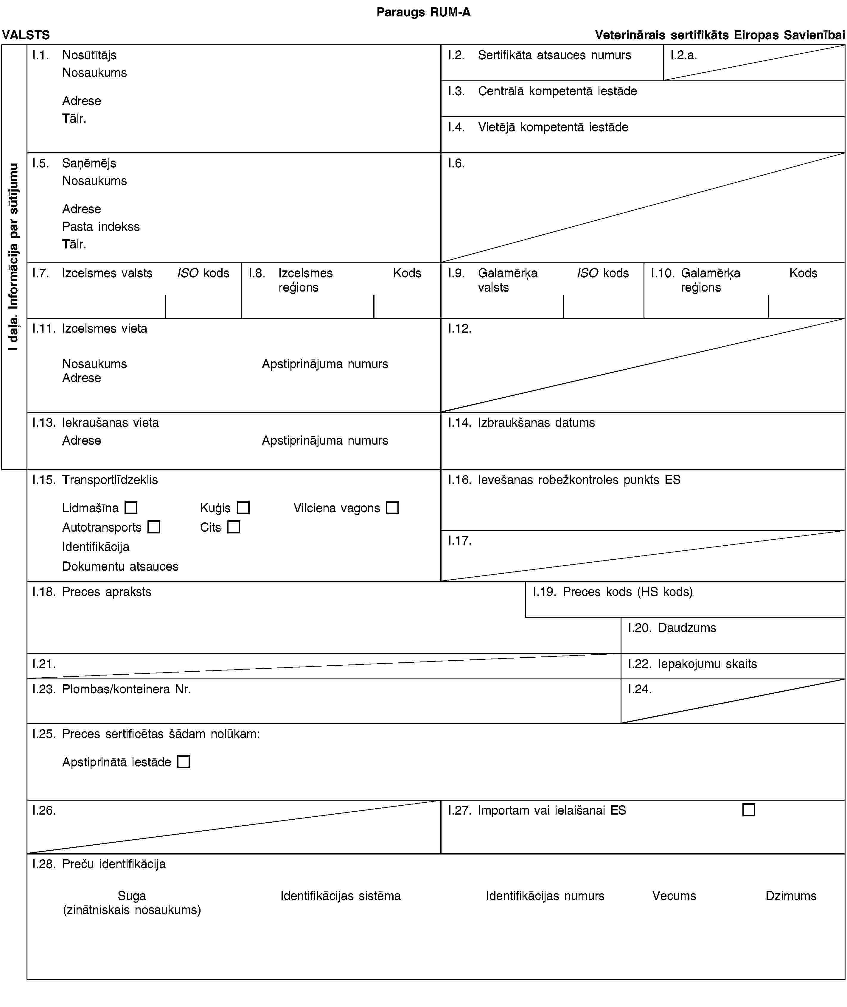 I daļa. Informācija par sūtījumuParaugs RUM-AVALSTSVeterinārais sertifikāts Eiropas SavienībaiI.1. NosūtītājsNosaukumsAdreseTālr.I.2. Sertifikāta atsauces numursI.2.a.I.3. Centrālā kompetentā iestādeI.4. Vietējā kompetentā iestādeI.5. SaņēmējsNosaukumsAdresePasta indekssTālr.I.6.I.7. Izcelsmes valstsISO kodsI.8. Izcelsmes reģionsKodsI.9. Galamērķa valstsISO kodsI.10. Galamērķa reģionsKodsI.11. Izcelsmes vietaNosaukumsApstiprinājuma numursAdreseI.12.I.13. Iekraušanas vietaAdreseApstiprinājuma numursI.14. Izbraukšanas datumsI.15. TransportlīdzeklisLidmašīnaKuģisVilciena vagonsAutotransportsCitsIdentifikācijaDokumentu atsaucesI.16. Ievešanas robežkontroles punkts ESI.17.I.18. Preces aprakstsI.19. Preces kods (HS kods)I.20. DaudzumsI.21.I.22. Iepakojumu skaitsI.23. Plombas/konteinera Nr.I.24.I.25. Preces sertificētas šādam nolūkam:Apstiprinātā iestādeI.26.I.27. Importam vai ielaišanai ESI.28. Preču identifikācijaSuga(zinātniskais nosaukums)Identifikācijas sistēmaIdentifikācijas numursVecumsDzimums