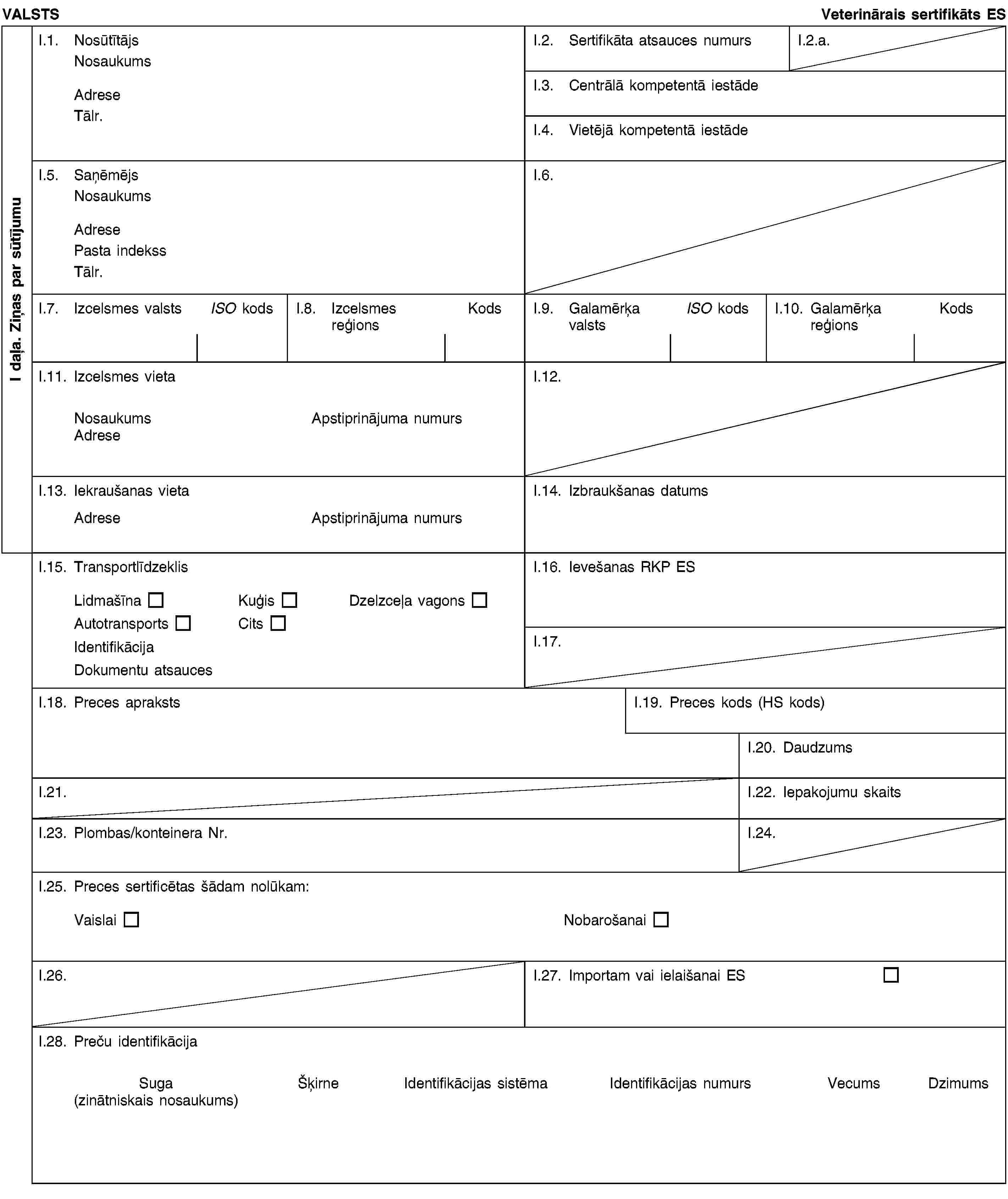 I daļa. Ziņas par sūtījumuVALSTSVeterinārais sertifikāts ESI.1. NosūtītājsNosaukumsAdreseTālr.I.2. Sertifikāta atsauces numursI.2.a.I.3. Centrālā kompetentā iestādeI.4. Vietējā kompetentā iestādeI.5. SaņēmējsNosaukumsAdresePasta indekssTālr.I.6.I.7. Izcelsmes valstsISO kodsI.8. Izcelsmes reģionsKodsI.9. Galamērķa valstsISO kodsI.10. Galamērķa reģionsKodsI.11. Izcelsmes vietaNosaukumsApstiprinājuma numursAdreseI.12.I.13. Iekraušanas vietaAdreseApstiprinājuma numursI.14. Izbraukšanas datumsI.15. TransportlīdzeklisLidmašīnaKuģisDzelzceļa vagonsAutotransportsCitsIdentifikācijaDokumentu atsaucesI.16. Ievešanas RKP ESI.17.I.18. Preces aprakstsI.19. Preces kods (HS kods)I.20. DaudzumsI.21.I.22. Iepakojumu skaitsI.23. Plombas/konteinera Nr.I.24.I.25. Preces sertificētas šādam nolūkam:VaislaiNobarošanaiI.26.I.27. Importam vai ielaišanai ESI.28. Preču identifikācijaSuga(zinātniskais nosaukums)ŠķirneIdentifikācijas sistēmaIdentifikācijas numursVecumsDzimums