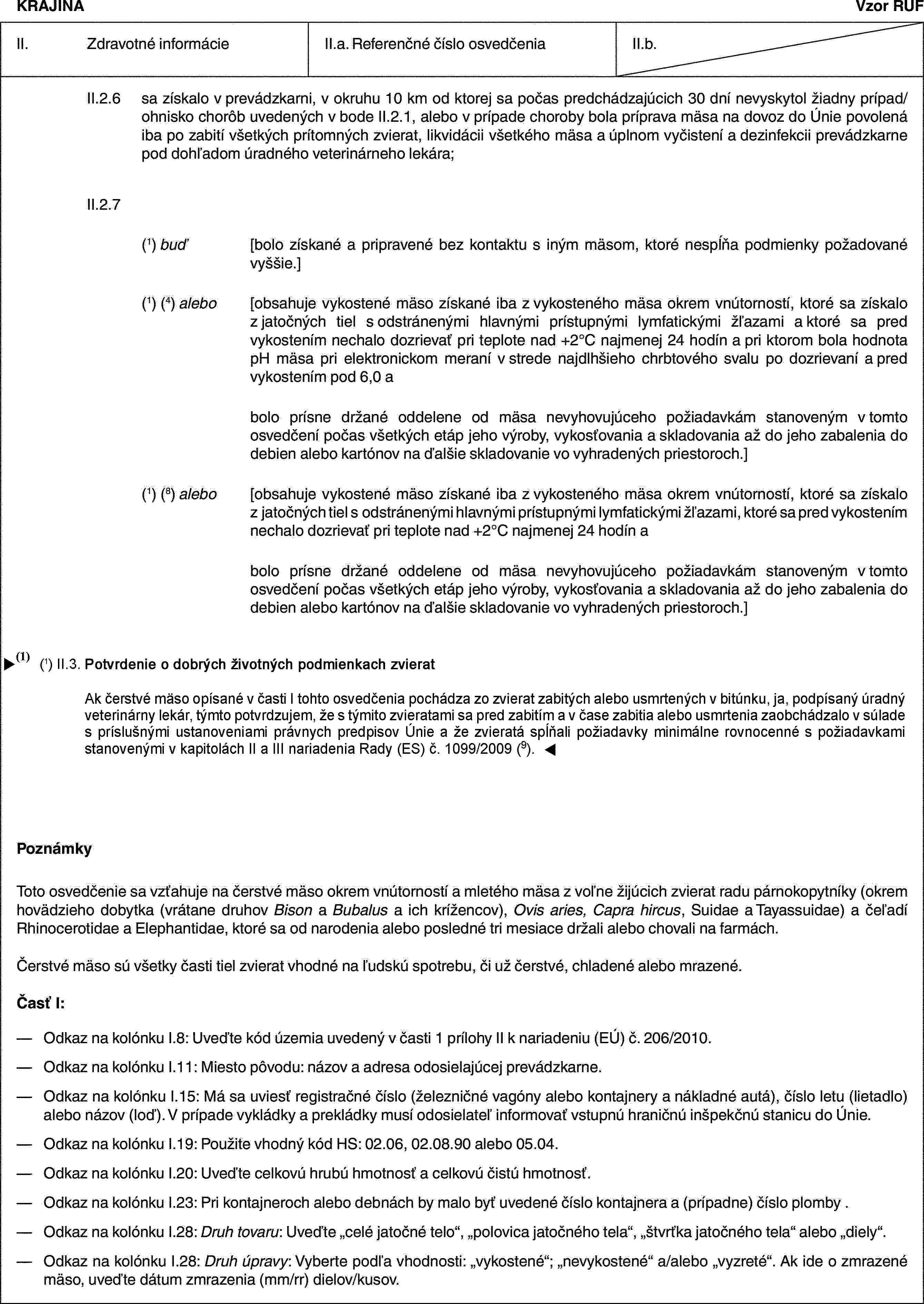 KRAJINAVzor RUFII. Zdravotné informácieII.a. Referenčné číslo osvedčeniaII.b.II.2.6 sa získalo v prevádzkarni, v okruhu 10 km od ktorej sa počas predchádzajúcich 30 dní nevyskytol žiadny prípad/ohnisko chorôb uvedených v bode II.2.1, alebo v prípade choroby bola príprava mäsa na dovoz do Únie povolená iba po zabití všetkých prítomných zvierat, likvidácii všetkého mäsa a úplnom vyčistení a dezinfekcii prevádzkarne pod dohľadom úradného veterinárneho lekára;II.2.7(1) buď [bolo získané a pripravené bez kontaktu s iným mäsom, ktoré nespĺňa podmienky požadované vyššie.](1) (4) alebo [obsahuje vykostené mäso získané iba z vykosteného mäsa okrem vnútorností, ktoré sa získalo z jatočných tiel s odstránenými hlavnými prístupnými lymfatickými žľazami a ktoré sa pred vykostením nechalo dozrievať pri teplote nad +2°C najmenej 24 hodín a pri ktorom bola hodnota pH mäsa pri elektronickom meraní v strede najdlhšieho chrbtového svalu po dozrievaní a pred vykostením pod 6,0 abolo prísne držané oddelene od mäsa nevyhovujúceho požiadavkám stanoveným v tomto osvedčení počas všetkých etáp jeho výroby, vykosťovania a skladovania až do jeho zabalenia do debien alebo kartónov na ďalšie skladovanie vo vyhradených priestoroch.](1) (8) alebo [obsahuje vykostené mäso získané iba z vykosteného mäsa okrem vnútorností, ktoré sa získalo z jatočných tiel s odstránenými hlavnými prístupnými lymfatickými žľazami, ktoré sa pred vykostením nechalo dozrievať pri teplote nad +2°C najmenej 24 hodín abolo prísne držané oddelene od mäsa nevyhovujúceho požiadavkám stanoveným v tomto osvedčení počas všetkých etáp jeho výroby, vykosťovania a skladovania až do jeho zabalenia do debien alebo kartónov na ďalšie skladovanie vo vyhradených priestoroch.]PoznámkyToto osvedčenie sa vzťahuje na čerstvé mäso okrem vnútorností a mletého mäsa z voľne žijúcich zvierat radu párnokopytníky (okrem hovädzieho dobytka (vrátane druhov Bison a Bubalus a ich krížencov), Ovis aries, Capra hircus, Suidae a Tayassuidae) a čeľadí Rhinocerotidae a Elephantidae, ktoré sa od narodenia alebo posledné tri mesiace držali alebo chovali na farmách.Čerstvé mäso sú všetky časti tiel zvierat vhodné na ľudskú spotrebu, či už čerstvé, chladené alebo mrazené.Časť I:— Odkaz na kolónku I.8: Uveďte kód územia uvedený v časti 1 prílohy II k nariadeniu (EÚ) č. 206/2010.— Odkaz na kolónku I.11: Miesto pôvodu: názov a adresa odosielajúcej prevádzkarne.— Odkaz na kolónku I.15: Má sa uviesť registračné číslo (železničné vagóny alebo kontajnery a nákladné autá), číslo letu (lietadlo) alebo názov (loď). V prípade vykládky a prekládky musí odosielateľ informovať vstupnú hraničnú inšpekčnú stanicu do Únie.— Odkaz na kolónku I.19: Použite vhodný kód HS: 02.06, 02.08.90 alebo 05.04.— Odkaz na kolónku I.20: Uveďte celkovú hrubú hmotnosť a celkovú čistú hmotnosť.— Odkaz na kolónku I.23: Pri kontajneroch alebo debnách by malo byť uvedené číslo kontajnera a (prípadne) číslo plomby .— Odkaz na kolónku I.28: Druh tovaru: Uveďte „celé jatočné telo“, „polovica jatočného tela“, „štvrťka jatočného tela“ alebo „diely“.— Odkaz na kolónku I.28: Druh úpravy: Vyberte podľa vhodnosti: „vykostené“; „nevykostené“ a/alebo „vyzreté“. Ak ide o zmrazené mäso, uveďte dátum zmrazenia (mm/rr) dielov/kusov.