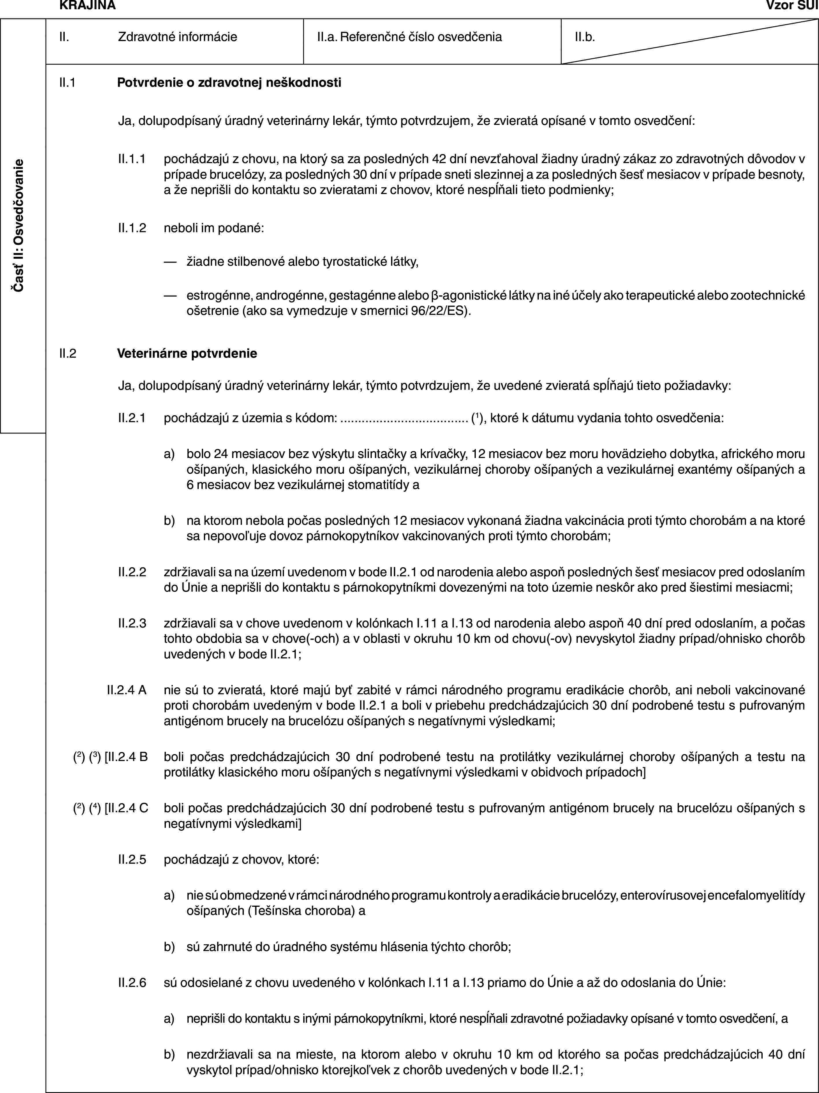 Časť II: OsvedčovanieKRAJINAVzor SUIII. Zdravotné informácieII.a. Referenčné číslo osvedčeniaII.b.II.1 Potvrdenie o zdravotnej neškodnostiJa, dolupodpísaný úradný veterinárny lekár, týmto potvrdzujem, že zvieratá opísané v tomto osvedčení:II.1.1 pochádzajú z chovu, na ktorý sa za posledných 42 dní nevzťahoval žiadny úradný zákaz zo zdravotných dôvodov v prípade brucelózy, za posledných 30 dní v prípade sneti slezinnej a za posledných šesť mesiacov v prípade besnoty, a že neprišli do kontaktu so zvieratami z chovov, ktoré nespĺňali tieto podmienky;II.1.2 neboli im podané:— žiadne stilbenové alebo tyrostatické látky,— estrogénne, androgénne, gestagénne alebo β-agonistické látky na iné účely ako terapeutické alebo zootechnické ošetrenie (ako sa vymedzuje v smernici 96/22/ES).II.2 Veterinárne potvrdenieJa, dolupodpísaný úradný veterinárny lekár, týmto potvrdzujem, že uvedené zvieratá spĺňajú tieto požiadavky:II.2.1 pochádzajú z územia s kódom: … (1), ktoré k dátumu vydania tohto osvedčenia:a) bolo 24 mesiacov bez výskytu slintačky a krívačky, 12 mesiacov bez moru hovädzieho dobytka, afrického moru ošípaných, klasického moru ošípaných, vezikulárnej choroby ošípaných a vezikulárnej exantémy ošípaných a 6 mesiacov bez vezikulárnej stomatitídy ab) na ktorom nebola počas posledných 12 mesiacov vykonaná žiadna vakcinácia proti týmto chorobám a na ktoré sa nepovoľuje dovoz párnokopytníkov vakcinovaných proti týmto chorobám;II.2.2 zdržiavali sa na území uvedenom v bode II.2.1 od narodenia alebo aspoň posledných šesť mesiacov pred odoslaním do Únie a neprišli do kontaktu s párnokopytníkmi dovezenými na toto územie neskôr ako pred šiestimi mesiacmi;II.2.3 zdržiavali sa v chove uvedenom v kolónkach I.11 a I.13 od narodenia alebo aspoň 40 dní pred odoslaním, a počas tohto obdobia sa v chove(-och) a v oblasti v okruhu 10 km od chovu(-ov) nevyskytol žiadny prípad/ohnisko chorôb uvedených v bode II.2.1;II.2.4 A nie sú to zvieratá, ktoré majú byť zabité v rámci národného programu eradikácie chorôb, ani neboli vakcinované proti chorobám uvedeným v bode II.2.1 a boli v priebehu predchádzajúcich 30 dní podrobené testu s pufrovaným antigénom brucely na brucelózu ošípaných s negatívnymi výsledkami;(2) (3) [II.2.4 B boli počas predchádzajúcich 30 dní podrobené testu na protilátky vezikulárnej choroby ošípaných a testu na protilátky klasického moru ošípaných s negatívnymi výsledkami v obidvoch prípadoch](2) (4) [II.2.4 C boli počas predchádzajúcich 30 dní podrobené testu s pufrovaným antigénom brucely na brucelózu ošípaných s negatívnymi výsledkami]II.2.5 pochádzajú z chovov, ktoré:a) nie sú obmedzené v rámci národného programu kontroly a eradikácie brucelózy, enterovírusovej encefalomyelitídy ošípaných (Tešínska choroba) ab) sú zahrnuté do úradného systému hlásenia týchto chorôb;II.2.6 sú odosielané z chovu uvedeného v kolónkach I.11 a I.13 priamo do Únie a až do odoslania do Únie:a) neprišli do kontaktu s inými párnokopytníkmi, ktoré nespĺňali zdravotné požiadavky opísané v tomto osvedčení, ab) nezdržiavali sa na mieste, na ktorom alebo v okruhu 10 km od ktorého sa počas predchádzajúcich 40 dní vyskytol prípad/ohnisko ktorejkoľvek z chorôb uvedených v bode II.2.1;
