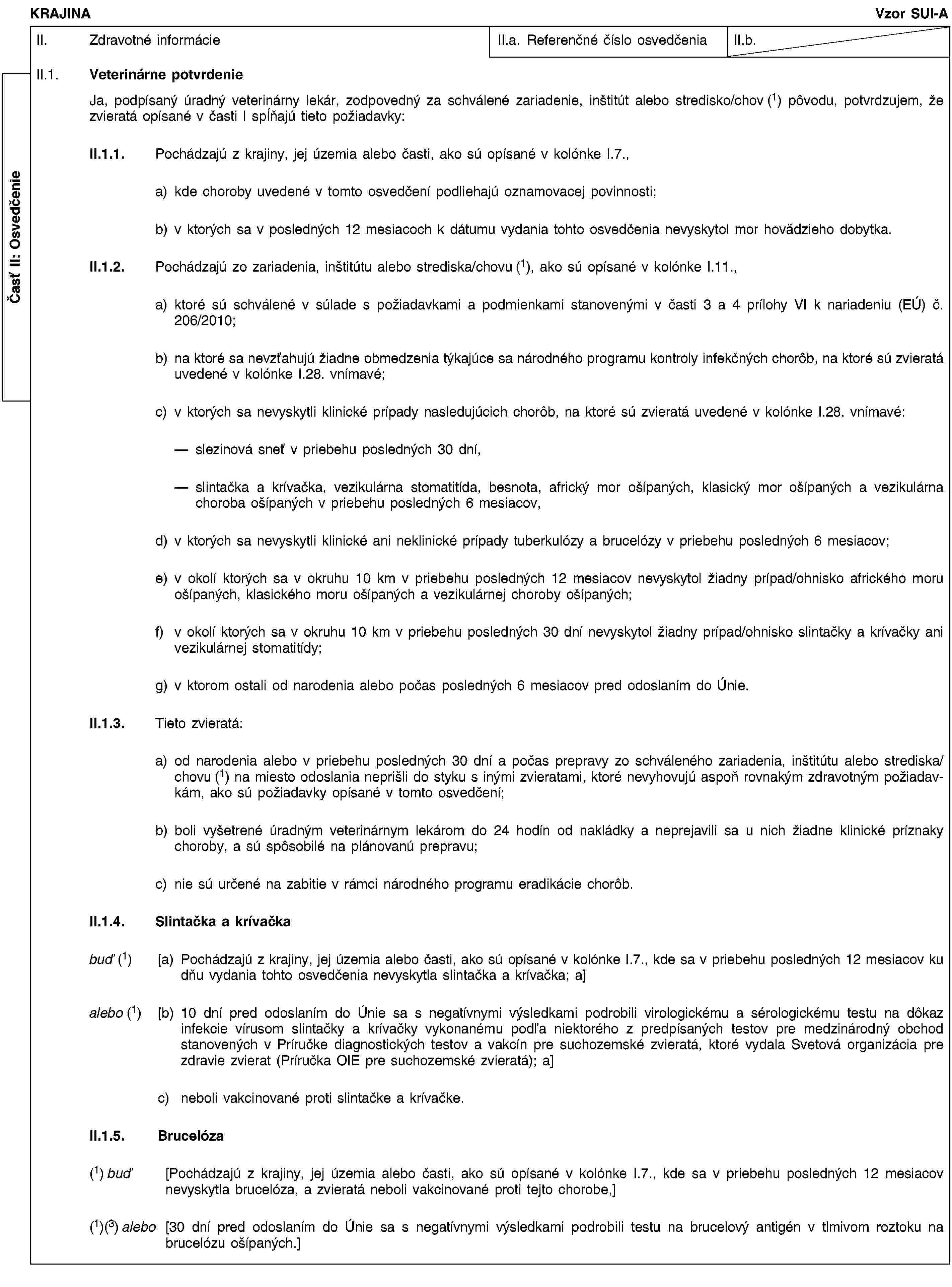 Časť II: OsvedčenieKRAJINAVzor SUI-AII. Zdravotné informácieII.a. Referenčné číslo osvedčeniaII.b.II.1. Veterinárne potvrdenieJa, podpísaný úradný veterinárny lekár, zodpovedný za schválené zariadenie, inštitút alebo stredisko/chov (1) pôvodu, potvrdzujem, že zvieratá opísané v časti I spĺňajú tieto požiadavky:II.1.1. Pochádzajú z krajiny, jej územia alebo časti, ako sú opísané v kolónke I.7.,a) kde choroby uvedené v tomto osvedčení podliehajú oznamovacej povinnosti;b) v ktorých sa v posledných 12 mesiacoch k dátumu vydania tohto osvedčenia nevyskytol mor hovädzieho dobytka.II.1.2. Pochádzajú zo zariadenia, inštitútu alebo strediska/chovu (1), ako sú opísané v kolónke I.11.,a) ktoré sú schválené v súlade s požiadavkami a podmienkami stanovenými v časti 3 a 4 prílohy VI k nariadeniu (EÚ) č. 206/2010;b) na ktoré sa nevzťahujú žiadne obmedzenia týkajúce sa národného programu kontroly infekčných chorôb, na ktoré sú zvieratá uvedené v kolónke I.28. vnímavé;c) v ktorých sa nevyskytli klinické prípady nasledujúcich chorôb, na ktoré sú zvieratá uvedené v kolónke I.28. vnímavé:slezinová sneť v priebehu posledných 30 dní,slintačka a krívačka, vezikulárna stomatitída, besnota, africký mor ošípaných, klasický mor ošípaných a vezikulárna choroba ošípaných v priebehu posledných 6 mesiacov,d) v ktorých sa nevyskytli klinické ani neklinické prípady tuberkulózy a brucelózy v priebehu posledných 6 mesiacov;e) v okolí ktorých sa v okruhu 10 km v priebehu posledných 12 mesiacov nevyskytol žiadny prípad/ohnisko afrického moru ošípaných, klasického moru ošípaných a vezikulárnej choroby ošípaných;f) v okolí ktorých sa v okruhu 10 km v priebehu posledných 30 dní nevyskytol žiadny prípad/ohnisko slintačky a krívačky ani vezikulárnej stomatitídy;g) v ktorom ostali od narodenia alebo počas posledných 6 mesiacov pred odoslaním do Únie.II.1.3. Tieto zvieratá:a) od narodenia alebo v priebehu posledných 30 dní a počas prepravy zo schváleného zariadenia, inštitútu alebo strediska/chovu (1) na miesto odoslania neprišli do styku s inými zvieratami, ktoré nevyhovujú aspoň rovnakým zdravotným požiadavkám, ako sú požiadavky opísané v tomto osvedčení;b) boli vyšetrené úradným veterinárnym lekárom do 24 hodín od nakládky a neprejavili sa u nich žiadne klinické príznaky choroby, a sú spôsobilé na plánovanú prepravu;c) nie sú určené na zabitie v rámci národného programu eradikácie chorôb.II.1.4. Slintačka a krívačkabuď (1) [a) Pochádzajú z krajiny, jej územia alebo časti, ako sú opísané v kolónke I.7., kde sa v priebehu posledných 12 mesiacov ku dňu vydania tohto osvedčenia nevyskytla slintačka a krívačka; a]alebo (1) [b) 10 dní pred odoslaním do Únie sa s negatívnymi výsledkami podrobili virologickému a sérologickému testu na dôkaz infekcie vírusom slintačky a krívačky vykonanému podľa niektorého z predpísaných testov pre medzinárodný obchod stanovených v Príručke diagnostických testov a vakcín pre suchozemské zvieratá, ktoré vydala Svetová organizácia pre zdravie zvierat (Príručka OIE pre suchozemské zvieratá); a]c) neboli vakcinované proti slintačke a krívačke.II.1.5. Brucelóza(1) buď [Pochádzajú z krajiny, jej územia alebo časti, ako sú opísané v kolónke I.7., kde sa v priebehu posledných 12 mesiacov nevyskytla brucelóza, a zvieratá neboli vakcinované proti tejto chorobe,](1)(3) alebo [30 dní pred odoslaním do Únie sa s negatívnymi výsledkami podrobili testu na brucelový antigén v tlmivom roztoku na brucelózu ošípaných.]