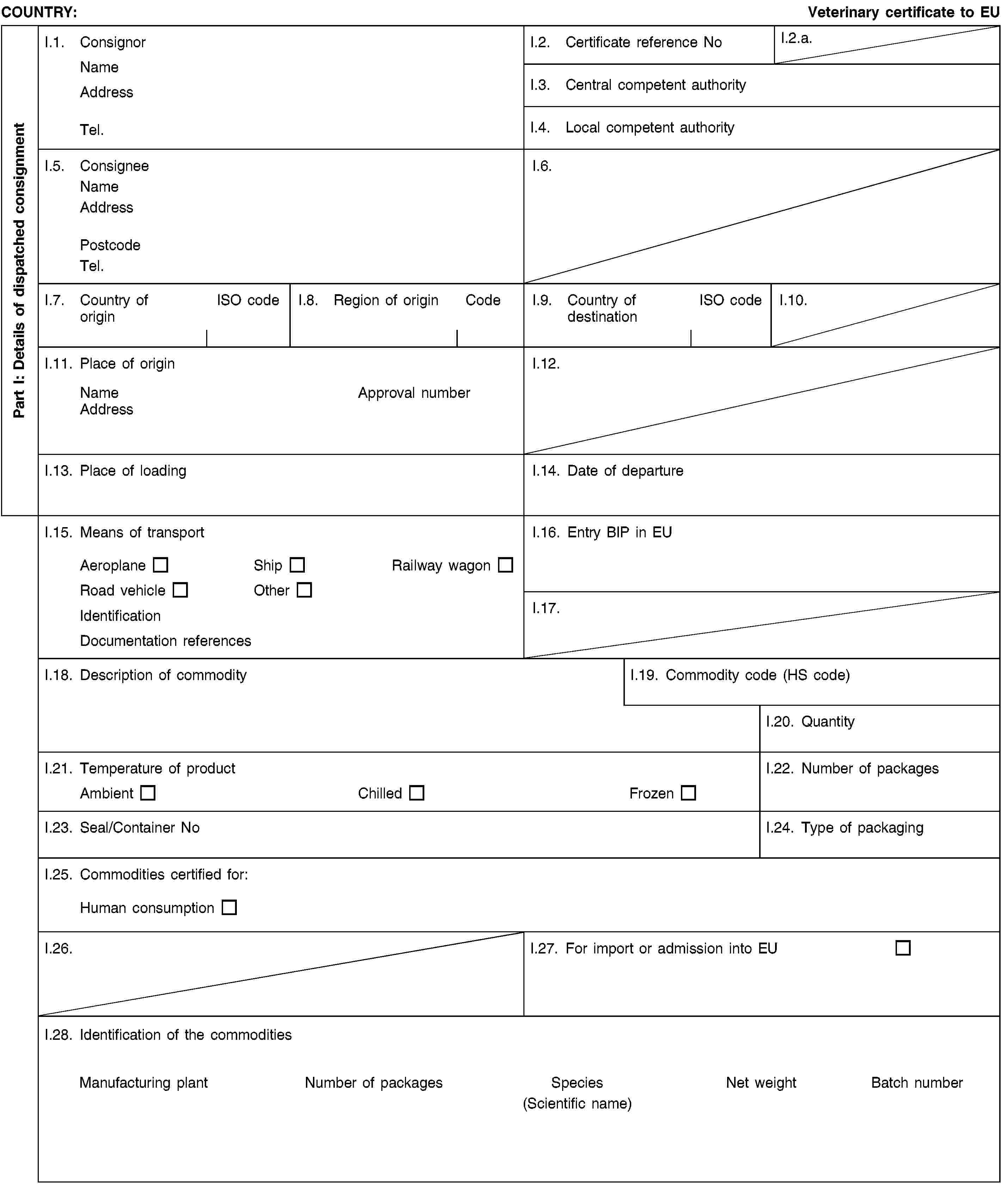 Part I: Details of dispatched consignmentCOUNTRY:Veterinary certificate to EUI.1. ConsignorNameAddressTel.I.2. Certificate reference NoI.2.a.I.3. Central competent authorityI.4. Local competent authorityI.5. ConsigneeNameAddressPostcodeTel.I.6.I.7. Country of originISO codeI.8. Region of originCodeI.9. Country of destinationISO codeI.10.I.11. Place of originNameApproval numberAddressI.12.I.13. Place of loadingI.14. Date of departureI.15. Means of transportAeroplaneShipRailway wagonRoad vehicleOtherIdentificationDocumentation referencesI.16. Entry BIP in EUI.17.I.18. Description of commodityI.19. Commodity code (HS code)I.20. QuantityI.21. Temperature of productAmbientChilledFrozenI.22. Number of packagesI.23. Seal/Container NoI.24. Type of packagingI.25. Commodities certified for:Human consumptionI.26.I.27. For import or admission into EUI.28. Identification of the commoditiesManufacturing plantNumber of packagesSpecies(Scientific name)Net weightBatch number