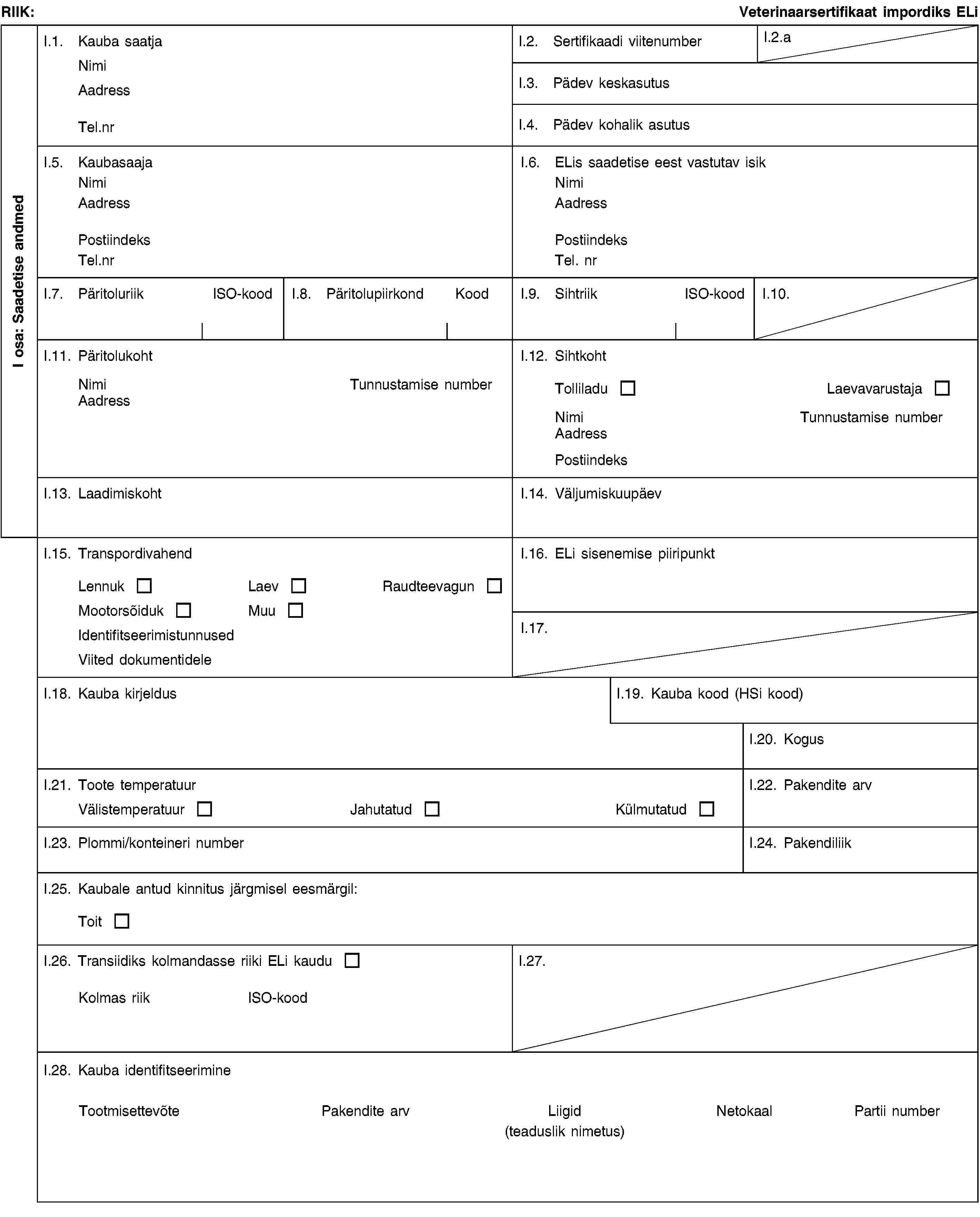 I osa: Saadetise andmedRIIK:Veterinaarsertifikaat impordiks ELiI.1. Kauba saatjaNimiAadressTel.nrI.2. Sertifikaadi viitenumberI.2.aI.3. Pädev keskasutusI.4. Pädev kohalik asutusI.5. KaubasaajaNimiAadressPostiindeksTel.nrI.6. ELis saadetise eest vastutav isikNimiAadressPostiindeksTel. nrI.7. PäritoluriikISO-koodI.8. PäritolupiirkondKoodI.9. SihtriikISO-koodI.10.I.11. PäritolukohtNimiTunnustamise numberAadressI.12. SihtkohtTolliladuLaevavarustajaNimiTunnustamise numberAadressPostiindeksI.13. LaadimiskohtI.14. VäljumiskuupäevI.15. TranspordivahendLennukLaevRaudteevagunMootorsõidukMuuIdentifitseerimistunnusedViited dokumentideleI.16. ELi sisenemise piiripunktI.17.I.18. Kauba kirjeldusI.19. Kauba kood (HSi kood)I.20. KogusI.21. Toote temperatuurVälistemperatuurJahutatudKülmutatudI.22. Pakendite arvI.23. Plommi/konteineri numberI.24. PakendiliikI.25. Kaubale antud kinnitus järgmisel eesmärgil:ToitI.26. Transiidiks kolmandasse riiki ELi kauduKolmas riikISO-koodI.27.I.28. Kauba identifitseerimineTootmisettevõtePakendite arvLiigid(teaduslik nimetus)NetokaalPartii number