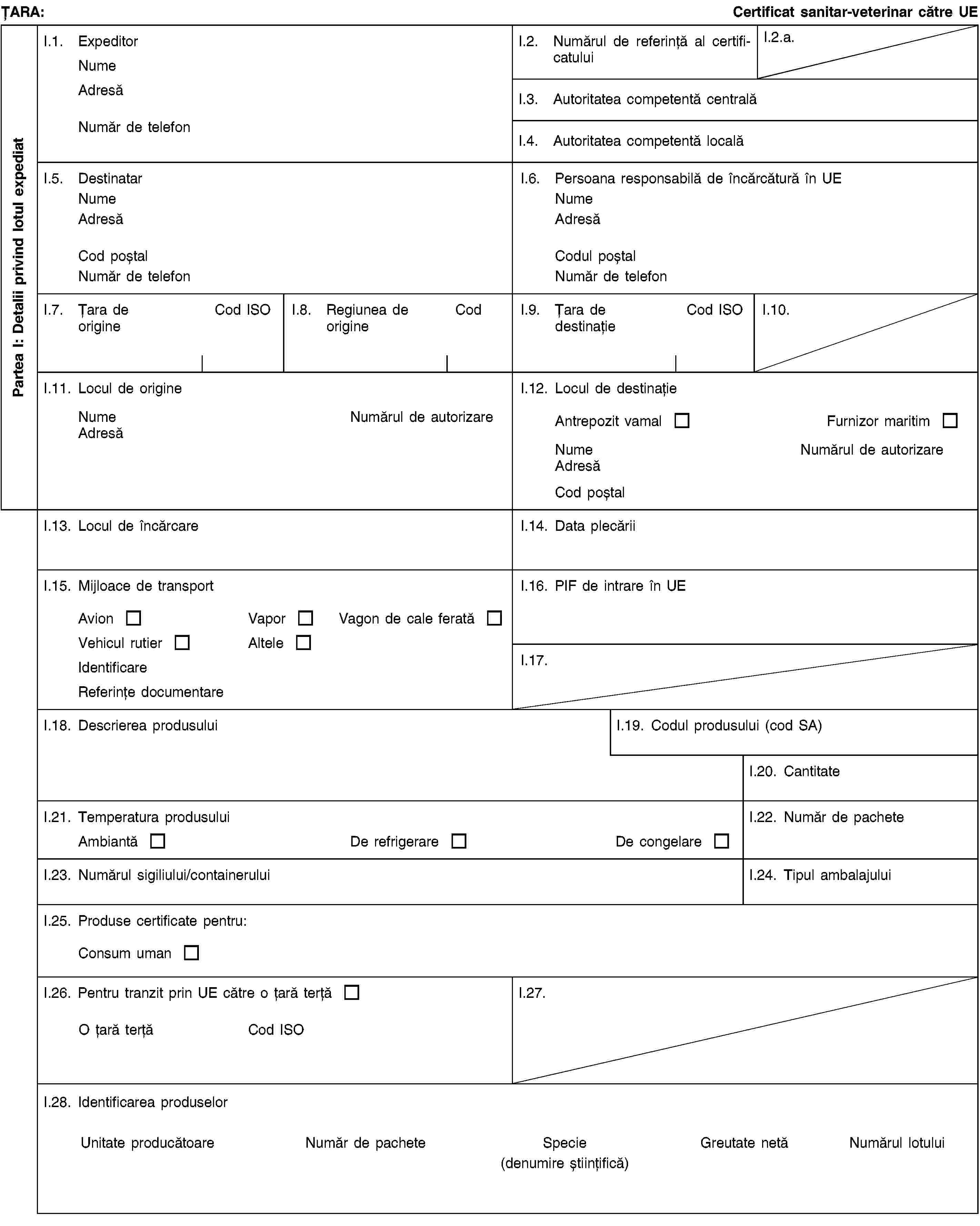 Partea I: Detalii privind lotul expediatȚARA:Certificat sanitar-veterinar către UEI.1. ExpeditorNumeAdresăNumăr de telefonI.2. Numărul de referință al certificatuluiI.2.a.I.3. Autoritatea competentă centralăI.4. Autoritatea competentă localăI.5. DestinatarNumeAdresăCod poștalNumăr de telefonI.6. Persoana responsabilă de încărcătură în UENumeAdresăCodul poștalNumăr de telefonI.7. Țara de origineCod ISOI.8. Regiunea de origineCodI.9. Țara de destinațieCod ISOI.10.I.11. Locul de origineNumeNumărul de autorizareAdresăI.12. Locul de destinațieAntrepozit vamalFurnizor maritimNumeNumărul de autorizareAdresăCod poștalI.13. Locul de încărcareI.14. Data plecăriiI.15. Mijloace de transportAvionVaporVagon de cale feratăVehicul rutierAlteleIdentificareReferințe documentareI.16. PIF de intrare în UEI.17.I.18. Descrierea produsuluiI.19. Codul produsului (cod SA)I.20. CantitateI.21. Temperatura produsuluiAmbiantăDe refrigerareDe congelareI.22. Număr de pacheteI.23. Numărul sigiliului/containeruluiI.24. Tipul ambalajuluiI.25. Produse certificate pentru:Consum umanI.26. Pentru tranzit prin UE către o țară terțăO țară terțăCod ISOI.27.I.28. Identificarea produselorUnitate producătoareNumăr de pacheteSpecie(denumire științifică)Greutate netăNumărul lotului