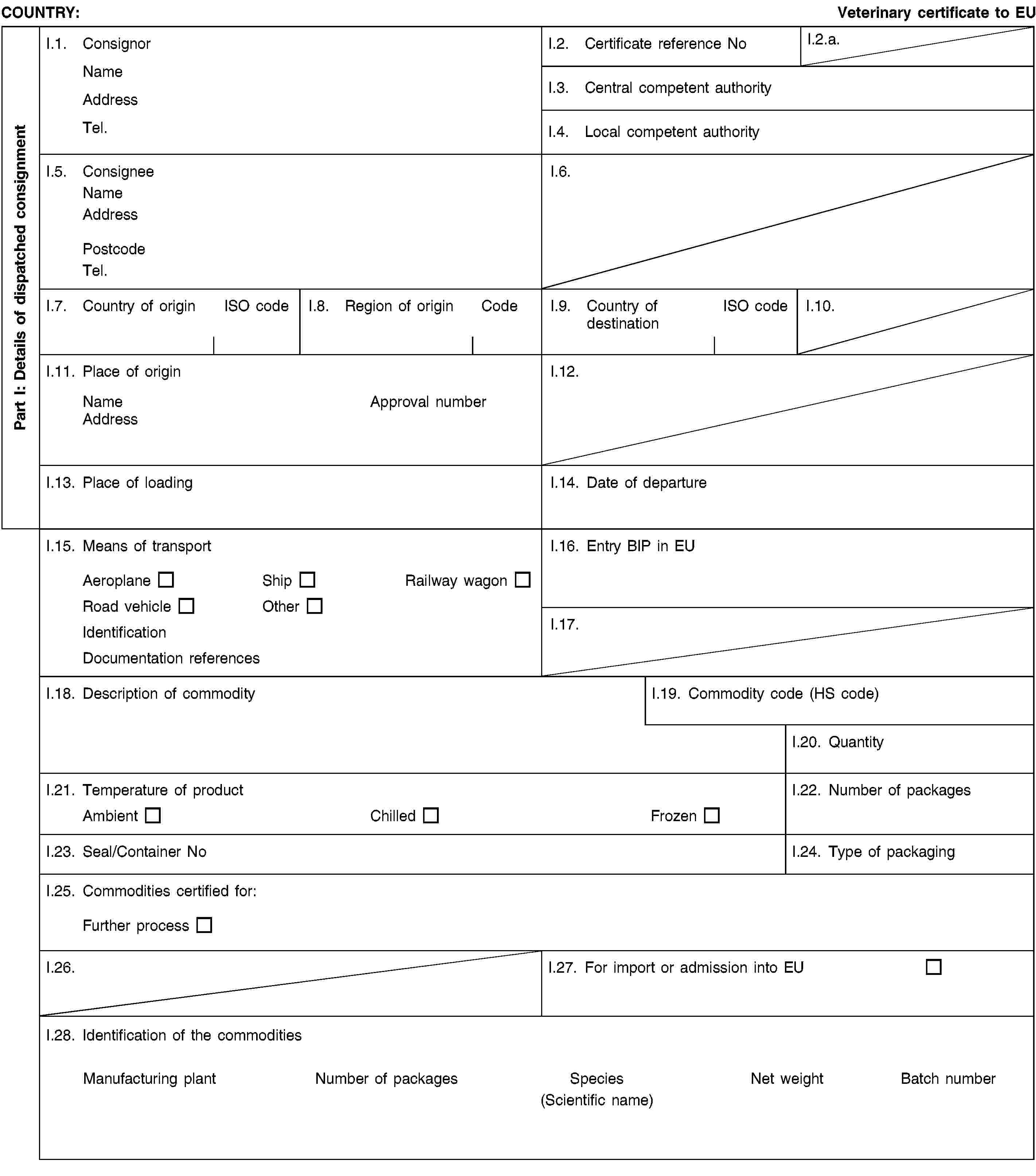 Part I: Details of dispatched consignmentCOUNTRY:Veterinary certificate to EUI.1. ConsignorNameAddressTel.I.2. Certificate reference NoI.2.a.I.3. Central competent authorityI.4. Local competent authorityI.5. ConsigneeNameAddressPostcodeTel.I.6.I.7. Country of originISO codeI.8. Region of originCodeI.9. Country of destinationISO codeI.10.I.11. Place of originNameApproval numberAddressI.12.I.13. Place of loadingI.14. Date of departureI.15. Means of transportAeroplaneShipRailway wagonRoad vehicleOtherIdentificationDocumentation referencesI.16. Entry BIP in EUI.17.I.18. Description of commodityI.19. Commodity code (HS code)I.20. QuantityI.21. Temperature of productAmbientChilledFrozenI.22. Number of packagesI.23. Seal/Container NoI.24. Type of packagingI.25. Commodities certified for:Further processI.26.I.27. For import or admission into EUI.28. Identification of the commoditiesManufacturing plantNumber of packagesSpecies(Scientific name)Net weightBatch number