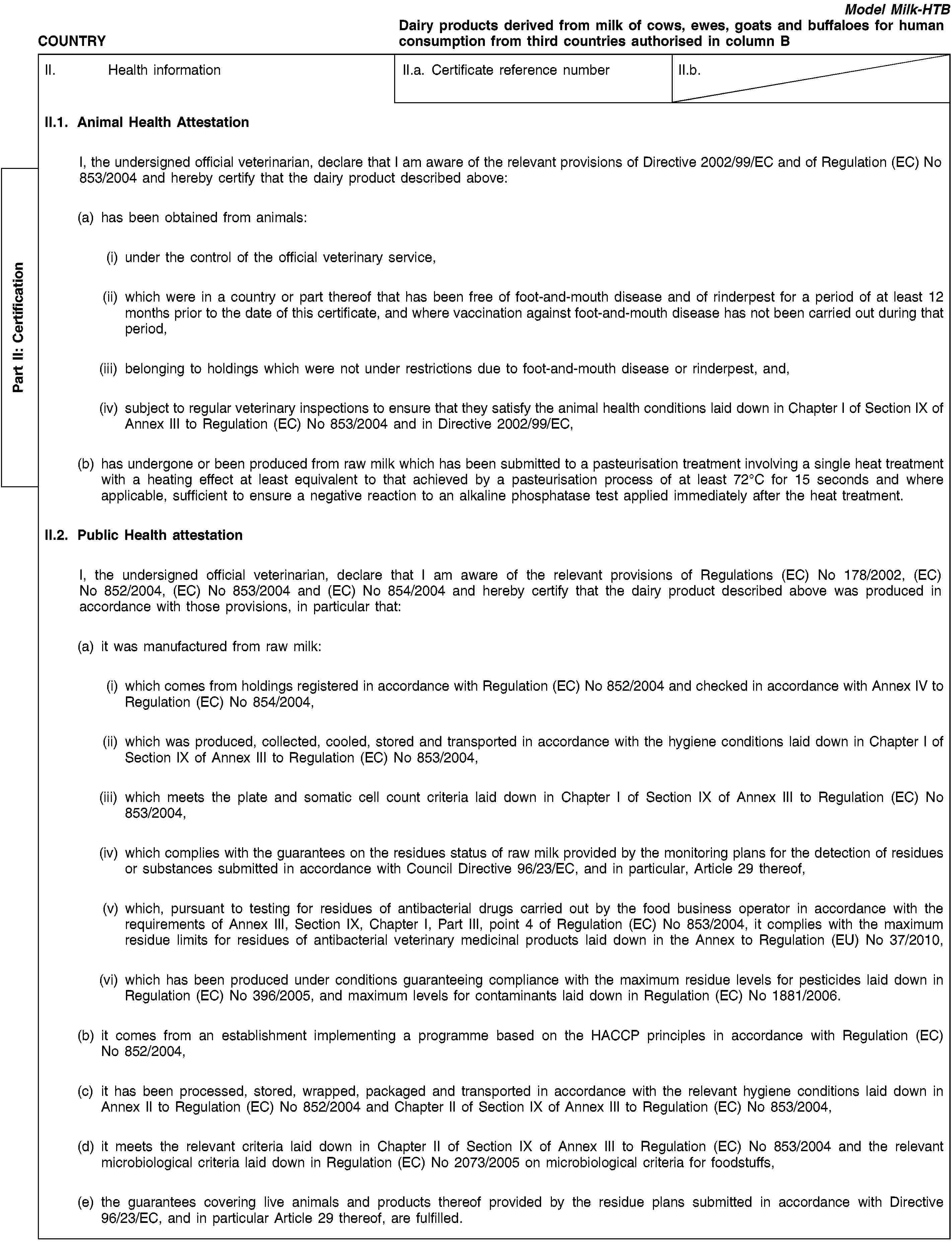 Part II: СertificationCOUNTRYModel Milk-HTBDairy products derived from milk of cows, ewes, goats and buffaloes for human consumption from third countries authorised in column BII. Health informationII.a. Certificate reference numberII.b.II.1. Animal Health AttestationI, the undersigned official veterinarian, declare that I am aware of the relevant provisions of Directive 2002/99/EC and of Regulation (EC) No 853/2004 and hereby certify that the dairy product described above:(a) has been obtained from animals:(i) under the control of the official veterinary service,(ii) which were in a country or part thereof that has been free of foot-and-mouth disease and of rinderpest for a period of at least 12 months prior to the date of this certificate, and where vaccination against foot-and-mouth disease has not been carried out during that period,(iii) belonging to holdings which were not under restrictions due to foot-and-mouth disease or rinderpest, and,(iv) subject to regular veterinary inspections to ensure that they satisfy the animal health conditions laid down in Chapter I of Section IX of Annex III to Regulation (EC) No 853/2004 and in Directive 2002/99/EC,(b) has undergone or been produced from raw milk which has been submitted to a pasteurisation treatment involving a single heat treatment with a heating effect at least equivalent to that achieved by a pasteurisation process of at least 72°C for 15 seconds and where applicable, sufficient to ensure a negative reaction to an alkaline phosphatase test applied immediately after the heat treatment.II.2. Public Health attestationI, the undersigned official veterinarian, declare that I am aware of the relevant provisions of Regulations (EC) No 178/2002, (EC) No 852/2004, (EC) No 853/2004 and (EC) No 854/2004 and hereby certify that the dairy product described above was produced in accordance with those provisions, in particular that:(a) it was manufactured from raw milk:(i) which comes from holdings registered in accordance with Regulation (EC) No 852/2004 and checked in accordance with Annex IV to Regulation (EC) No 854/2004,(ii) which was produced, collected, cooled, stored and transported in accordance with the hygiene conditions laid down in Chapter I of Section IX of Annex III to Regulation (EC) No 853/2004,(iii) which meets the plate and somatic cell count criteria laid down in Chapter I of Section IX of Annex III to Regulation (EC) No 853/2004,(iv) which complies with the guarantees on the residues status of raw milk provided by the monitoring plans for the detection of residues or substances submitted in accordance with Council Directive 96/23/EC, and in particular, Article 29 thereof,(v) which, pursuant to testing for residues of antibacterial drugs carried out by the food business operator in accordance with the requirements of Annex III, Section IX, Chapter I, Part III, point 4 of Regulation (EC) No 853/2004, it complies with the maximum residue limits for residues of antibacterial veterinary medicinal products laid down in the Annex to Regulation (EU) No 37/2010,(vi) which has been produced under conditions guaranteeing compliance with the maximum residue levels for pesticides laid down in Regulation (EC) No 396/2005, and maximum levels for contaminants laid down in Regulation (EC) No 1881/2006.(b) it comes from an establishment implementing a programme based on the HACCP principles in accordance with Regulation (EC) No 852/2004,(c) it has been processed, stored, wrapped, packaged and transported in accordance with the relevant hygiene conditions laid down in Annex II to Regulation (EC) No 852/2004 and Chapter II of Section IX of Annex III to Regulation (EC) No 853/2004,(d) it meets the relevant criteria laid down in Chapter II of Section IX of Annex III to Regulation (EC) No 853/2004 and the relevant microbiological criteria laid down in Regulation (EC) No 2073/2005 on microbiological criteria for foodstuffs,(e) the guarantees covering live animals and products thereof provided by the residue plans submitted in accordance with Directive 96/23/EC, and in particular Article 29 thereof, are fulfilled.