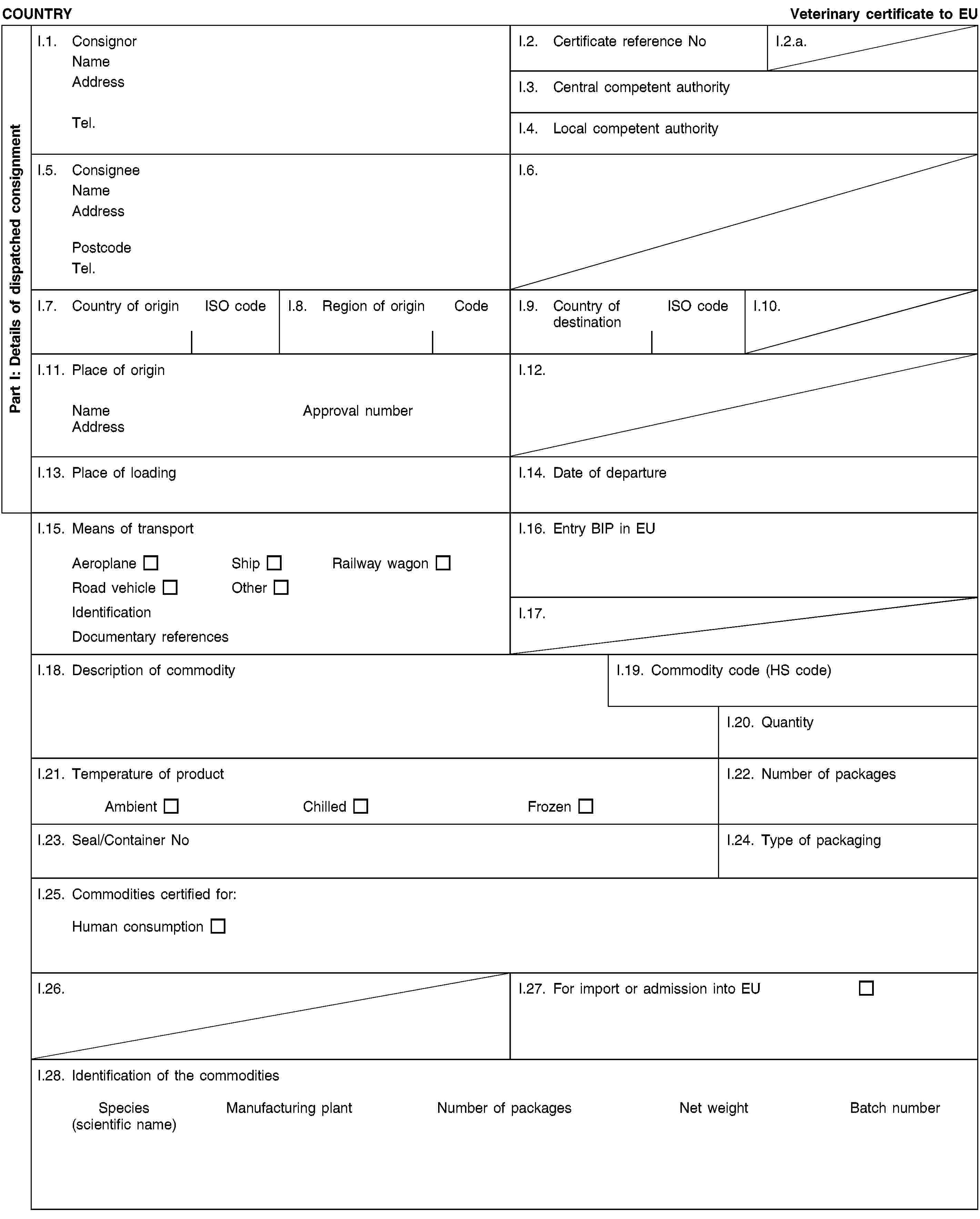 Part I: Details of dispatched consignmentCOUNTRYVeterinary certificate to EUI.1. ConsignorNameAddressTel.I.2. Certificate reference NoI.2.a.I.3. Central competent authorityI.4. Local competent authorityI.5. ConsigneeNameAddressPostcodeTel.I.6.I.7. Country of originISO codeI.8. Region of originCodeI.9. Country of destinationISO codeI.10.I.11. Place of originNameApproval numberAddressI.12.I.13. Place of loadingI.14. Date of departureI.15. Means of transportAeroplaneShipRailway wagonRoad vehicleOtherIdentificationDocumentary referencesI.16. Entry BIP in EUI.17.I.18. Description of commodityI.19. Commodity code (HS code)I.20. QuantityI.21. Temperature of productAmbientChilledFrozenI.22. Number of packagesI.23. Seal/Container NoI.24. Type of packagingI.25. Commodities certified for:Human consumptionI.26.I.27. For import or admission into EUI.28. Identification of the commoditiesSpecies(scientific name)Manufacturing plantNumber of packagesNet weightBatch number