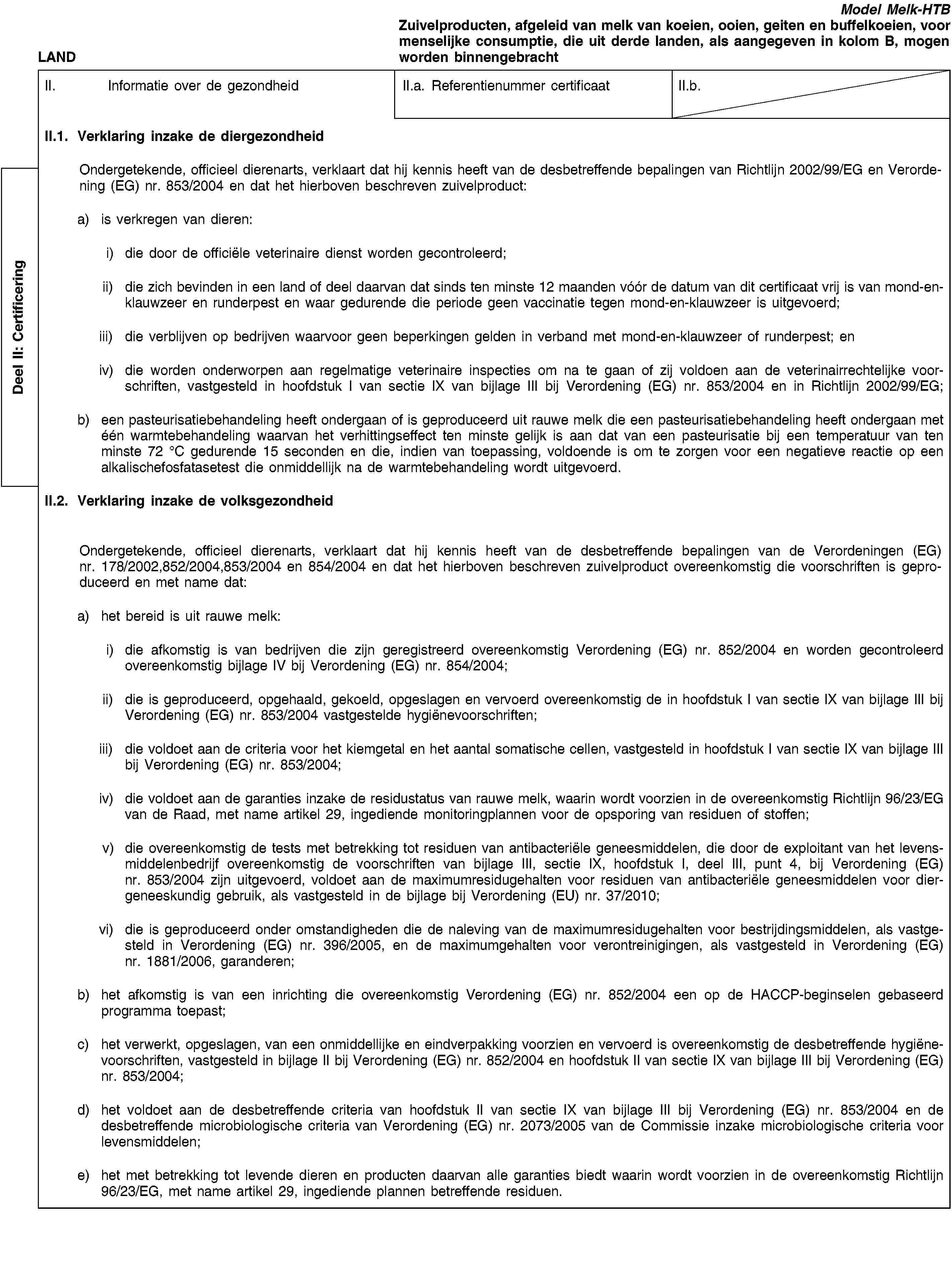 Deel II: CertificeringLANDModel Melk-HTBZuivelproducten, afgeleid van melk van koeien, ooien, geiten en buffelkoeien, voor menselijke consumptie, die uit derde landen, als aangegeven in kolom B, mogen worden binnengebrachtII. Informatie over de gezondheidII.a. Referentienummer certificaatII.b.II.1. Verklaring inzake de diergezondheidOndergetekende, officieel dierenarts, verklaart dat hij kennis heeft van de desbetreffende bepalingen van Richtlijn 2002/99/EG en Verordening (EG) nr. 853/2004 en dat het hierboven beschreven zuivelproduct:a) is verkregen van dieren:i) die door de officiële veterinaire dienst worden gecontroleerd;ii) die zich bevinden in een land of deel daarvan dat sinds ten minste 12 maanden vóór de datum van dit certificaat vrij is van mond-en-klauwzeer en runderpest en waar gedurende die periode geen vaccinatie tegen mond-en-klauwzeer is uitgevoerd;iii) die verblijven op bedrijven waarvoor geen beperkingen gelden in verband met mond-en-klauwzeer of runderpest; eniv) die worden onderworpen aan regelmatige veterinaire inspecties om na te gaan of zij voldoen aan de veterinairrechtelijke voorschriften, vastgesteld in hoofdstuk I van sectie IX van bijlage III bij Verordening (EG) nr. 853/2004 en in Richtlijn 2002/99/EG;b) een pasteurisatiebehandeling heeft ondergaan of is geproduceerd uit rauwe melk die een pasteurisatiebehandeling heeft ondergaan met één warmtebehandeling waarvan het verhittingseffect ten minste gelijk is aan dat van een pasteurisatie bij een temperatuur van ten minste 72 °C gedurende 15 seconden en die, indien van toepassing, voldoende is om te zorgen voor een negatieve reactie op een alkalischefosfatasetest die onmiddellijk na de warmtebehandeling wordt uitgevoerd.II.2. Verklaring inzake de volksgezondheidOndergetekende, officieel dierenarts, verklaart dat hij kennis heeft van de desbetreffende bepalingen van de Verordeningen (EG) nr. 178/2002,852/2004,853/2004 en 854/2004 en dat het hierboven beschreven zuivelproduct overeenkomstig die voorschriften is geproduceerd en met name dat:a) het bereid is uit rauwe melk:i) die afkomstig is van bedrijven die zijn geregistreerd overeenkomstig Verordening (EG) nr. 852/2004 en worden gecontroleerd overeenkomstig bijlage IV bij Verordening (EG) nr. 854/2004;ii) die is geproduceerd, opgehaald, gekoeld, opgeslagen en vervoerd overeenkomstig de in hoofdstuk I van sectie IX van bijlage III bij Verordening (EG) nr. 853/2004 vastgestelde hygiënevoorschriften;iii) die voldoet aan de criteria voor het kiemgetal en het aantal somatische cellen, vastgesteld in hoofdstuk I van sectie IX van bijlage III bij Verordening (EG) nr. 853/2004;iv) die voldoet aan de garanties inzake de residustatus van rauwe melk, waarin wordt voorzien in de overeenkomstig Richtlijn 96/23/EG van de Raad, met name artikel 29, ingediende monitoringplannen voor de opsporing van residuen of stoffen;v) die overeenkomstig de tests met betrekking tot residuen van antibacteriële geneesmiddelen, die door de exploitant van het levensmiddelenbedrijf overeenkomstig de voorschriften van bijlage III, sectie IX, hoofdstuk I, deel III, punt 4, bij Verordening (EG) nr. 853/2004 zijn uitgevoerd, voldoet aan de maximumresidugehalten voor residuen van antibacteriële geneesmiddelen voor diergeneeskundig gebruik, als vastgesteld in de bijlage bij Verordening (EU) nr. 37/2010;vi) die is geproduceerd onder omstandigheden die de naleving van de maximumresidugehalten voor bestrijdingsmiddelen, als vastgesteld in Verordening (EG) nr. 396/2005, en de maximumgehalten voor verontreinigingen, als vastgesteld in Verordening (EG) nr. 1881/2006, garanderen;b) het afkomstig is van een inrichting die overeenkomstig Verordening (EG) nr. 852/2004 een op de HACCP-beginselen gebaseerd programma toepast;c) het verwerkt, opgeslagen, van een onmiddellijke en eindverpakking voorzien en vervoerd is overeenkomstig de desbetreffende hygiënevoorschriften, vastgesteld in bijlage II bij Verordening (EG) nr. 852/2004 en hoofdstuk II van sectie IX van bijlage III bij Verordening (EG) nr. 853/2004;d) het voldoet aan de desbetreffende criteria van hoofdstuk II van sectie IX van bijlage III bij Verordening (EG) nr. 853/2004 en de desbetreffende microbiologische criteria van Verordening (EG) nr. 2073/2005 van de Commissie inzake microbiologische criteria voor levensmiddelen;e) het met betrekking tot levende dieren en producten daarvan alle garanties biedt waarin wordt voorzien in de overeenkomstig Richtlijn 96/23/EG, met name artikel 29, ingediende plannen betreffende residuen.