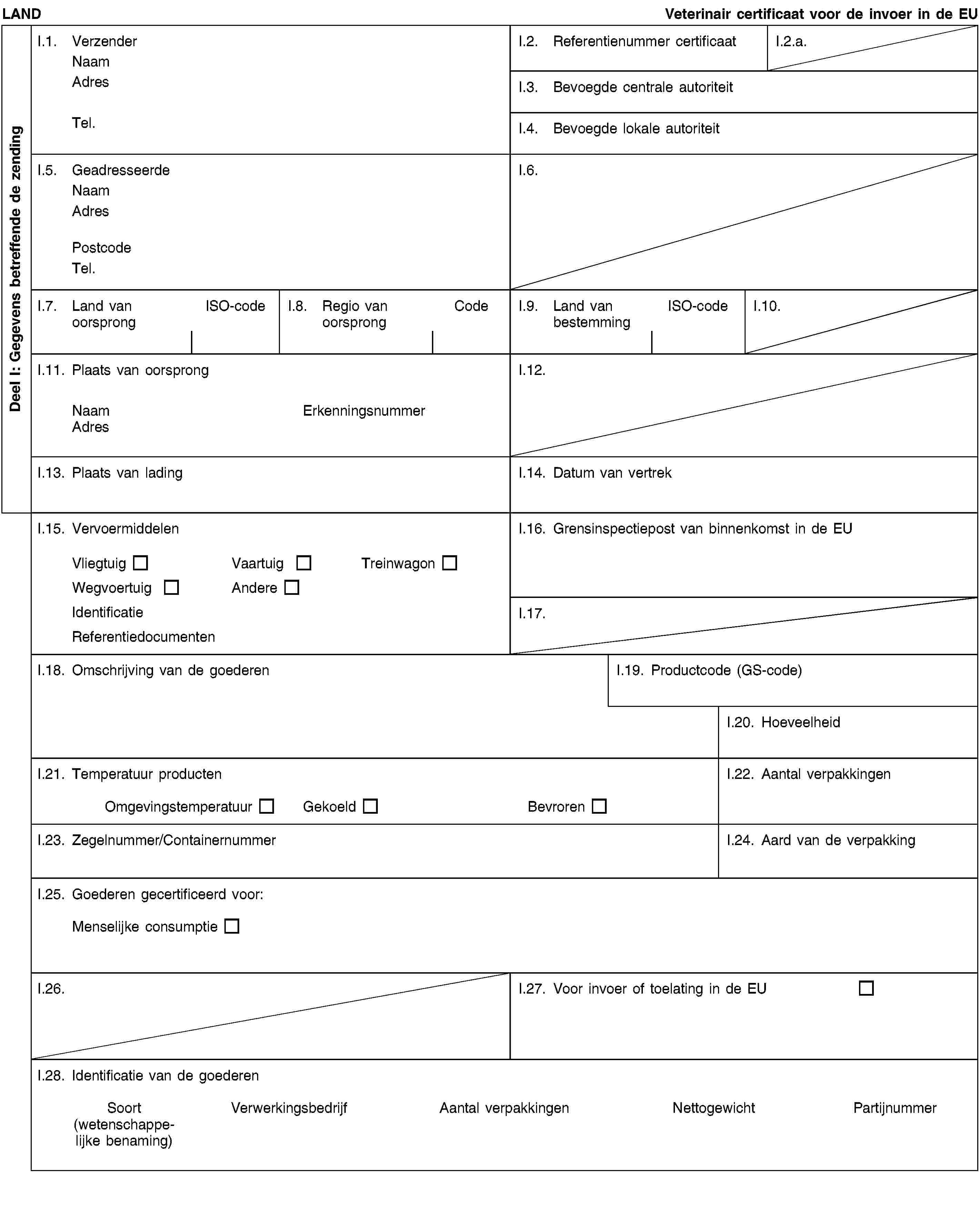 Deel I: Gegevens betreffende de zendingLANDVeterinair certificaat voor de invoer in de EUI.1. VerzenderNaamAdresTel.I.2. Referentienummer certificaatI.2.a.I.3. Bevoegde centrale autoriteitI.4. Bevoegde lokale autoriteitI.5. GeadresseerdeNaamAdresPostcodeTel.I.6.I.7. Land van oorsprongISO-codeI.8. Regio van oorsprongCodeI.9. Land van bestemmingISO-codeI.10.I.11. Plaats van oorsprongNaamErkenningsnummerAdresI.12.I.13. Plaats van ladingI.14. Datum van vertrekI.15. VervoermiddelenVliegtuigVaartuigTreinwagonWegvoertuigAndereIdentificatieReferentiedocumentenI.16. Grensinspectiepost van binnenkomst in de EUI.17.I.18. Omschrijving van de goederenI.19. Productcode (GS-code)I.20. HoeveelheidI.21. Temperatuur productenOmgevingstemperatuurGekoeldBevrorenI.22. Aantal verpakkingenI.23. Zegelnummer/ContainernummerI.24. Aard van de verpakkingI.25. Goederen gecertificeerd voor:Menselijke consumptieI.26.I.27. Voor invoer of toelating in de EUI.28. Identificatie van de goederenSoort(wetenschappelijke benaming)VerwerkingsbedrijfAantal verpakkingenNettogewichtPartijnummer