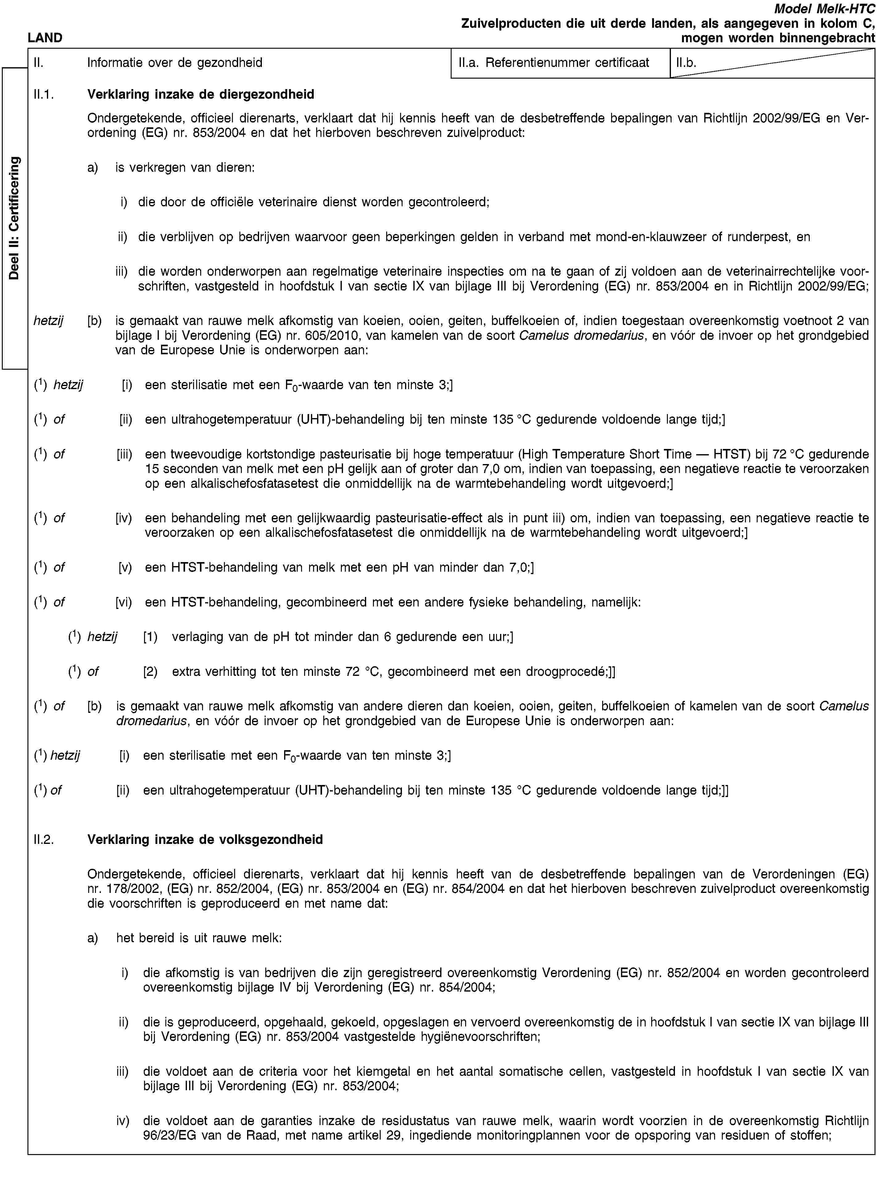 Deel II: CertificeringLANDModel Melk-HTCZuivelproducten die uit derde landen, als aangegeven in kolom C, mogen worden binnengebrachtII. Informatie over de gezondheidII.a. Referentienummer certificaatII.b.II.1. Verklaring inzake de diergezondheidOndergetekende, officieel dierenarts, verklaart dat hij kennis heeft van de desbetreffende bepalingen van Richtlijn 2002/99/EG en Verordening (EG) nr. 853/2004 en dat het hierboven beschreven zuivelproduct:a) is verkregen van dieren:i) die door de officiële veterinaire dienst worden gecontroleerd;ii) die verblijven op bedrijven waarvoor geen beperkingen gelden in verband met mond-en-klauwzeer of runderpest, eniii) die worden onderworpen aan regelmatige veterinaire inspecties om na te gaan of zij voldoen aan de veterinairrechtelijke voorschriften, vastgesteld in hoofdstuk I van sectie IX van bijlage III bij Verordening (EG) nr. 853/2004 en in Richtlijn 2002/99/EG;hetzij [b) is gemaakt van rauwe melk afkomstig van koeien, ooien, geiten, buffelkoeien of, indien toegestaan overeenkomstig voetnoot 2 van bijlage I bij Verordening (EG) nr. 605/2010, van kamelen van de soort Camelus dromedarius, en vóór de invoer op het grondgebied van de Europese Unie is onderworpen aan:(1) hetzij [i) een sterilisatie met een F0-waarde van ten minste 3;](1) of [ii) een ultrahogetemperatuur (UHT)-behandeling bij ten minste 135 °C gedurende voldoende lange tijd;](1) of [iii) een tweevoudige kortstondige pasteurisatie bij hoge temperatuur (High Temperature Short Time — HTST) bij 72 °C gedurende 15 seconden van melk met een pH gelijk aan of groter dan 7,0 om, indien van toepassing, een negatieve reactie te veroorzaken op een alkalischefosfatasetest die onmiddellijk na de warmtebehandeling wordt uitgevoerd;](1) of [iv) een behandeling met een gelijkwaardig pasteurisatie-effect als in punt iii) om, indien van toepassing, een negatieve reactie te veroorzaken op een alkalischefosfatasetest die onmiddellijk na de warmtebehandeling wordt uitgevoerd;](1) of [v) een HTST-behandeling van melk met een pH van minder dan 7,0;](1) of [vi) een HTST-behandeling, gecombineerd met een andere fysieke behandeling, namelijk:(1) hetzij [1) verlaging van de pH tot minder dan 6 gedurende een uur;](1) of [2) extra verhitting tot ten minste 72 °C, gecombineerd met een droogprocedé;]](1) of [b) is gemaakt van rauwe melk afkomstig van andere dieren dan koeien, ooien, geiten, buffelkoeien of kamelen van de soort Camelus dromedarius, en vóór de invoer op het grondgebied van de Europese Unie is onderworpen aan:(1) hetzij [i) een sterilisatie met een F0-waarde van ten minste 3;](1) of [ii) een ultrahogetemperatuur (UHT)-behandeling bij ten minste 135 °C gedurende voldoende lange tijd;]]II.2. Verklaring inzake de volksgezondheidOndergetekende, officieel dierenarts, verklaart dat hij kennis heeft van de desbetreffende bepalingen van de Verordeningen (EG) nr. 178/2002, (EG) nr. 852/2004, (EG) nr. 853/2004 en (EG) nr. 854/2004 en dat het hierboven beschreven zuivelproduct overeenkomstig die voorschriften is geproduceerd en met name dat:a) het bereid is uit rauwe melk:i) die afkomstig is van bedrijven die zijn geregistreerd overeenkomstig Verordening (EG) nr. 852/2004 en worden gecontroleerd overeenkomstig bijlage IV bij Verordening (EG) nr. 854/2004;ii) die is geproduceerd, opgehaald, gekoeld, opgeslagen en vervoerd overeenkomstig de in hoofdstuk I van sectie IX van bijlage III bij Verordening (EG) nr. 853/2004 vastgestelde hygiënevoorschriften;iii) die voldoet aan de criteria voor het kiemgetal en het aantal somatische cellen, vastgesteld in hoofdstuk I van sectie IX van bijlage III bij Verordening (EG) nr. 853/2004;iv) die voldoet aan de garanties inzake de residustatus van rauwe melk, waarin wordt voorzien in de overeenkomstig Richtlijn 96/23/EG van de Raad, met name artikel 29, ingediende monitoringplannen voor de opsporing van residuen of stoffen;