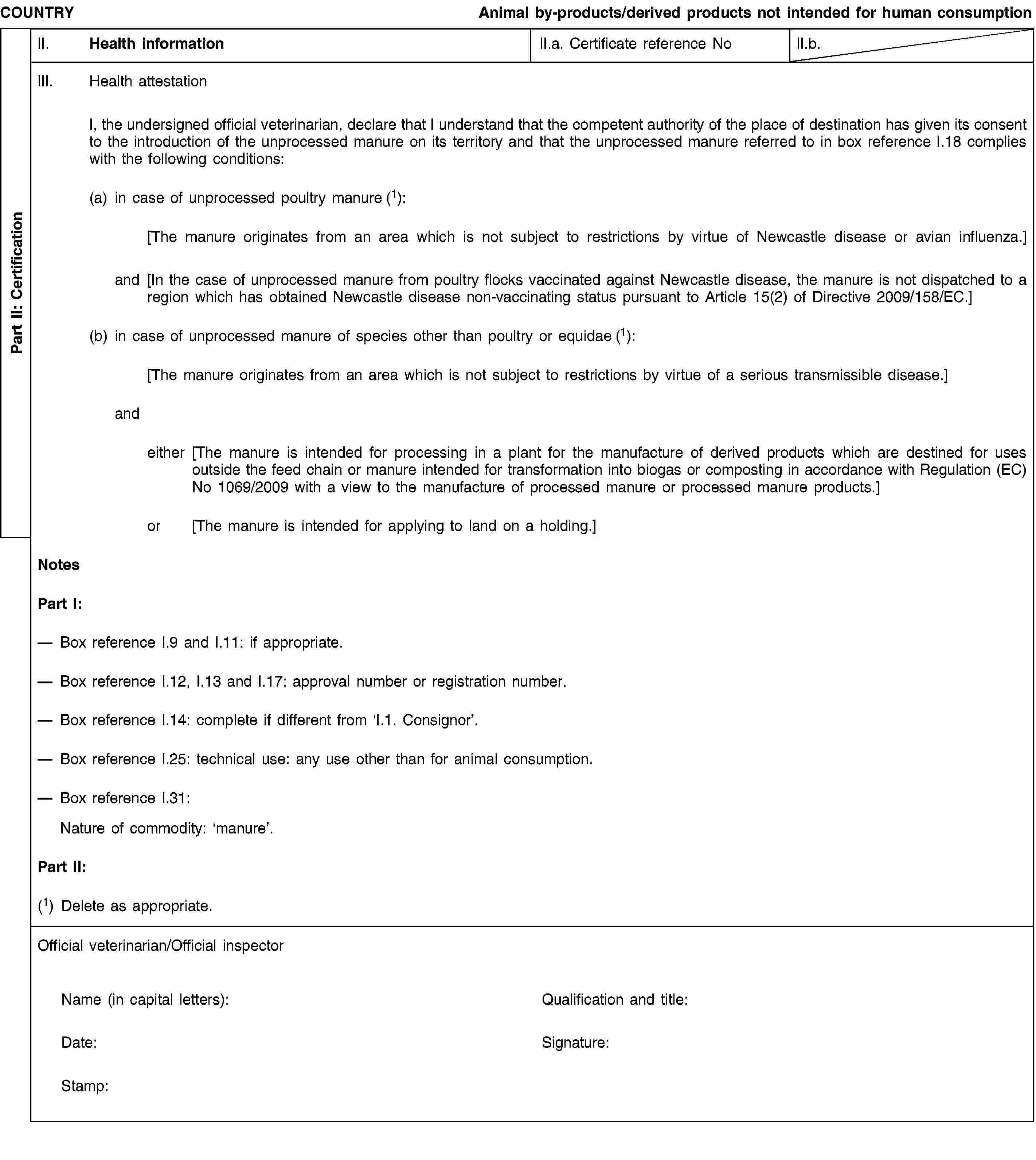 Part II: CertificationCOUNTRYAnimal by-products/derived products not intended for human consumptionII. Health informationII.a. Certificate reference NoII.b.III. Health attestationI, the undersigned official veterinarian, declare that I understand that the competent authority of the place of destination has given its consent to the introduction of the unprocessed manure on its territory and that the unprocessed manure referred to in box reference I.18 complies with the following conditions:(a) in case of unprocessed poultry manure (1):[The manure originates from an area which is not subject to restrictions by virtue of Newcastle disease or avian influenza.]and [In the case of unprocessed manure from poultry flocks vaccinated against Newcastle disease, the manure is not dispatched to a region which has obtained Newcastle disease non-vaccinating status pursuant to Article 15(2) of Directive 2009/158/EC.](b) in case of unprocessed manure of species other than poultry or equidae (1):[The manure originates from an area which is not subject to restrictions by virtue of a serious transmissible disease.]andeither [The manure is intended for processing in a plant for the manufacture of derived products which are destined for uses outside the feed chain or manure intended for transformation into biogas or composting in accordance with Regulation (EC) No 1069/2009 with a view to the manufacture of processed manure or processed manure products.]or [The manure is intended for applying to land on a holding.]NotesPart I:Box reference I.9 and I.11: if appropriate.Box reference I.12, I.13 and I.17: approval number or registration number.Box reference I.14: complete if different from ‘I.1. Consignor’.Box reference I.25: technical use: any use other than for animal consumption.Box reference I.31:Nature of commodity: ‘manure’.Part II:(1) Delete as appropriate.Official veterinarian/Official inspectorName (in capital letters):Qualification and title:Date:Signature:Stamp: