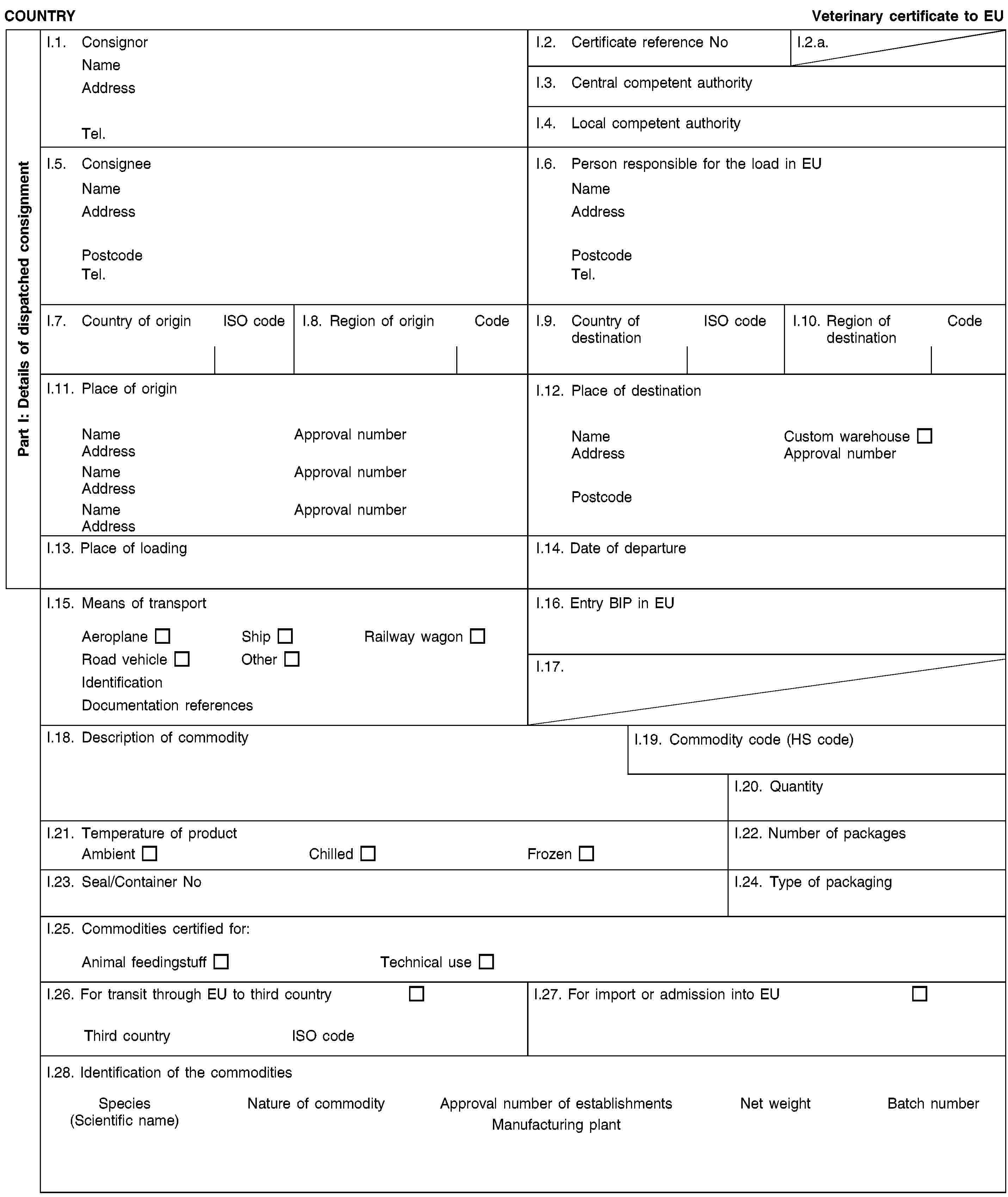 Part I: Details of dispatched consignmentCOUNTRYVeterinary certificate to EUI.1. ConsignorNameAddressTel.I.2. Certificate reference NoI.2.a.I.3. Central competent authorityI.4. Local competent authorityI.5. ConsigneeNameAddressPostcodeTel.I.6. Person responsible for the load in EUNameAddressPostcodeTel.I.7. Country of originISO codeI.8. Region of originCodeI.9. Country of destinationISO codeI.10. Region of destinationCodeI.11. Place of originNameApproval numberAddressNameApproval numberAddressNameApproval numberAddressI.12. Place of destinationNameCustom warehouseAddressApproval numberPostcodeI.13. Place of loadingI.14. Date of departureI.15. Means of transportAeroplaneShipRailway wagonRoad vehicleOtherIdentificationDocumentation referencesI.16. Entry BIP in EUI.17.I.18. Description of commodityI.19. Commodity code (HS code)I.20. QuantityI.21. Temperature of productAmbientChilledFrozenI.22. Number of packagesI.23. Seal/Container NoI.24. Type of packagingI.25. Commodities certified for:Animal feedingstuffTechnical useI.26. For transit through EU to third countryThird countryISO codeI.27. For import or admission into EUI.28. Identification of the commoditiesSpecies(Scientific name)Nature of commodityApproval number of establishmentsManufacturing plantNet weightBatch number